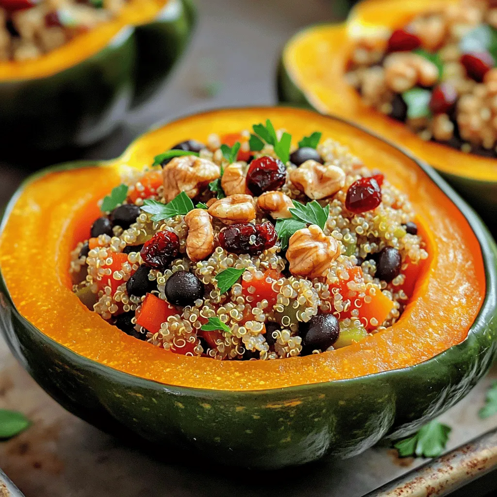 To make stuffed acorn squash with quinoa, you need fresh, simple ingredients. Here’s what you will need: - 2 medium acorn squashes, halved and seeds removed - 1 cup quinoa, rinsed - 2 cups vegetable broth - 1 cup black beans, drained and rinsed - 1 red bell pepper, diced - 1 small onion, diced - 2 cloves garlic, minced - 1 teaspoon cumin - 1 teaspoon cinnamon - Salt and pepper to taste - 1/4 cup dried cranberries - 1/4 cup walnuts, chopped - 2 tablespoons olive oil - Fresh parsley for garnish Each ingredient plays a role in this tasty dish. The acorn squash gives a sweet base. Quinoa adds protein and texture. Black beans bring fiber and heartiness. Bell peppers, onion, and garlic offer flavor and color. Cumin and cinnamon give a warm spice, while cranberries add a hint of tartness. Walnuts provide crunch, and olive oil helps everything blend. Fresh parsley brightens the dish and makes it look nice. For the full recipe, check out the detailed instructions to create this healthy meal. - Preheat your oven to 400°F (200°C). - Cut the acorn squashes in half and scoop out the seeds. - Brush the insides with olive oil. - Sprinkle salt and pepper on each half. - Place them cut-side down on a baking sheet. - Roast for 25-30 minutes until tender. - In a medium pot, boil 2 cups of vegetable broth. - Add 1 cup of rinsed quinoa to the boiling broth. - Cover the pot and lower the heat to a simmer. - Cook for about 15 minutes until the broth is absorbed. - Remove from heat and let it sit covered for 5 minutes. - Fluff the quinoa with a fork. - In a large skillet, heat 2 tablespoons of olive oil over medium heat. - Add the diced onion, bell pepper, and minced garlic. - Sauté for about 5-7 minutes until they soften. - Stir in 1 cup of black beans and the cooked quinoa. - Add 1 teaspoon of cumin and 1 teaspoon of cinnamon. - Mix in 1/4 cup of dried cranberries and 1/4 cup of walnuts. - Season with salt and pepper to taste. - Cook for an additional 3-4 minutes to meld the flavors. - Once the squash is done roasting, flip them cut-side up. - Carefully spoon the quinoa mixture into each squash half. - Pack the stuffing lightly into the cavities. - Return the stuffed squashes to the oven. - Bake for another 10-15 minutes until heated through. This stuffed acorn squash recipe is healthy and simple. You can find the full recipe above. Enjoy this meal that’s both tasty and good for you! How to test doneness of acorn squash To check if your acorn squash is done, use a fork. Gently poke the flesh. If it goes in easily, your squash is ready. If not, give it more time in the oven. Adjusting time based on size Roasting time can change based on the size of the squash. Smaller squashes cook faster, usually in 25 minutes. Larger ones may need up to 40 minutes. Always keep an eye on them! Herbs and spices to consider To boost the taste of your stuffing, try adding herbs like thyme or rosemary. You can also use spices like paprika or nutmeg for a warm flavor. Adding cheese or other toppings For a creamy touch, sprinkle some feta or goat cheese on top before baking. You can also add breadcrumbs for a crunchy layer. It adds texture and richness to the dish. Pairing with side dishes Stuffed acorn squash pairs well with a simple green salad or roasted vegetables. The fresh crunch balances the warm, hearty squash. Garnishing ideas for presentation To make your dish pop, add a sprinkle of fresh parsley on top. You can also use pomegranate seeds for a burst of color and sweetness. It makes your meal look and taste amazing! {{image_2}} You can easily make this dish more exciting by switching up the beans or grains. For example, you can use chickpeas instead of black beans. Chickpeas add a nice nutty flavor and extra protein. You can also try farro or barley instead of quinoa. Both grains have a great chewy texture. Another way to get creative is by adding different vegetables. You can mix in spinach, kale, or zucchini. These veggies not only add color but also boost nutrition. Just chop them up and toss them in with the other ingredients. They will cook down nicely in the oven. To make this recipe vegan, ensure all your ingredients are plant-based. This means checking for things like broth and any toppings. You can use vegetable broth, which is already vegan. For toppings, skip the cheese and opt for a sprinkle of nutritional yeast. It adds a cheesy taste and is packed with vitamins. Consider using avocado or coconut yogurt as a creamy topping. These options keep your dish rich without any dairy. You can also add seeds like pumpkin or sunflower for a nutty crunch. If you need a gluten-free version, you can easily adjust the grains. Quinoa is naturally gluten-free, so you’re already good to go. If you want even more options, try using millet or rice. Both are great substitutes that work well in this dish. Make sure you check all other ingredients, like broth and canned goods, for gluten. Some brands may add gluten as a thickener. Always read the labels to ensure everything is safe for your diet. To keep your stuffed acorn squash fresh, store it in the fridge. First, let it cool to room temperature. Then, place the squash in an airtight container to lock in moisture. If you have leftover stuffing, store it separately to keep everything fresh. This method helps keep the flavors intact. - Use glass or plastic containers with tight lids. - Avoid storing in metal containers, as they can react with food. When it's time to enjoy your leftovers, you have a couple of options. You can reheat in the oven or microwave. The oven gives the best results for texture. - Oven: Preheat to 350°F (175°C). Place the squash on a baking sheet and cover with foil. Heat for about 15-20 minutes, until warm. - Microwave: Place the squash on a microwave-safe plate. Heat for 2-3 minutes, checking halfway through to ensure it warms evenly. To keep the flavor and texture, always cover your squash when reheating. This prevents it from drying out. Enjoy your meal again with the same great taste! Yes, you can prepare stuffed acorn squash ahead of time. You can cook the quinoa and make the filling a day in advance. Store the filling in the fridge. When you are ready, stuff the squash and bake. This saves time and makes dinner easy. You can serve many tasty sides with stuffed acorn squash. Here are some ideas: - A fresh green salad - Roasted Brussels sprouts - Quinoa salad - Steamed green beans These sides add color and flavor to your meal. To check if acorn squash is done, poke it with a fork. The flesh should feel soft and tender. You can also check it by cutting a piece. If it is easy to scoop out, it’s ready. Yes, you can freeze stuffed acorn squash. Make sure to let it cool first. Wrap each half in plastic wrap or foil. Then, place them in a freezer bag. When you want to eat it, thaw in the fridge overnight. Reheat in the oven for best results. You can get creative with your fillings. Here are some tasty options: - Brown rice or farro instead of quinoa - Lentils or chickpeas for protein - Spinach or kale for greens - Cheese for creaminess Feel free to mix and match flavors! Stuffed acorn squash is a tasty, healthy dish made with simple ingredients. We’ve covered how to prepare and cook it step-by-step. You can customize it for various diets and store leftovers easily. Enjoy experimenting with flavors and toppings. This dish can impress friends and family, making any meal special. Try it out, and your taste buds will thank you!