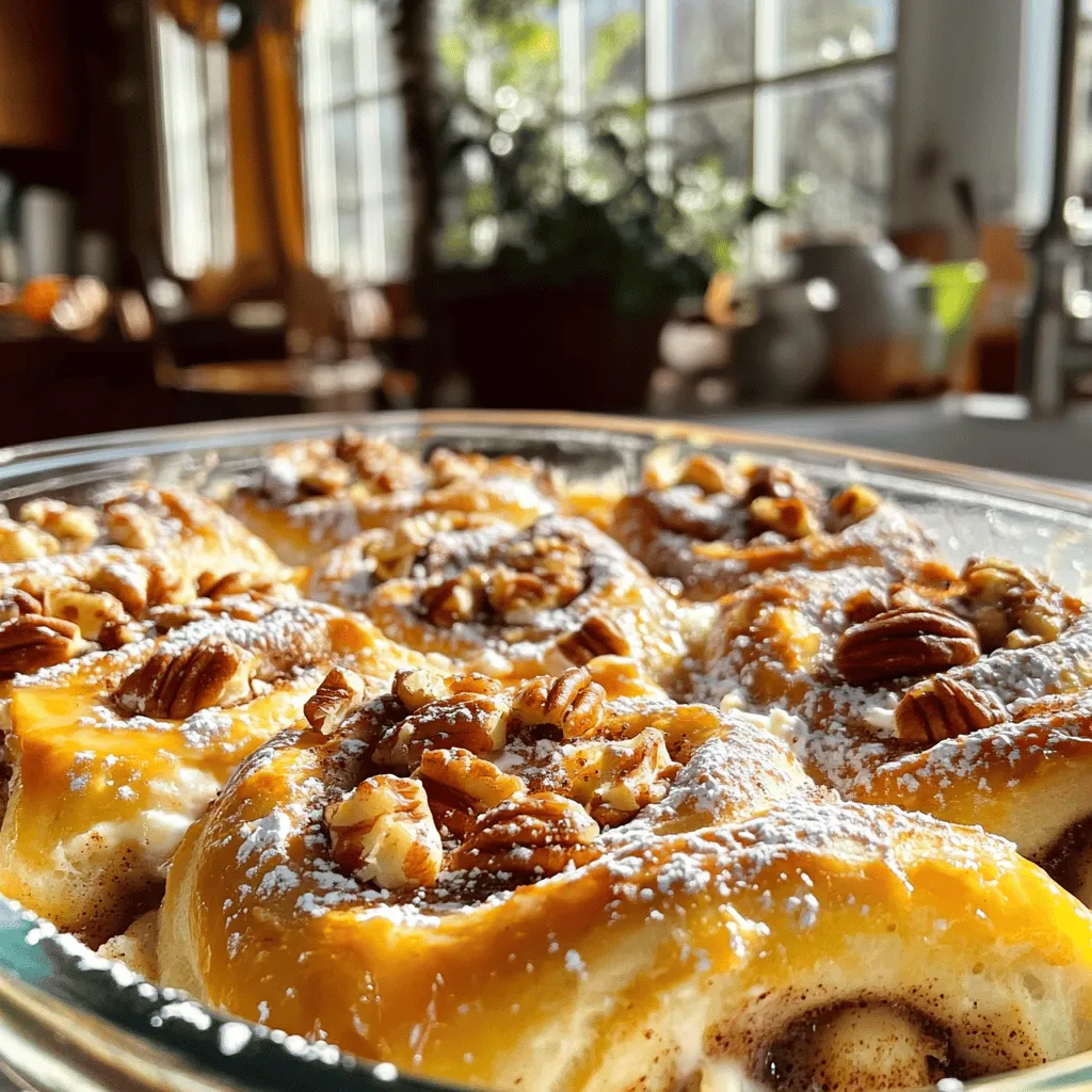 Here are the ingredients you need for this tasty Cinnamon Roll Casserole: - 2 cans (15 oz each) refrigerated cinnamon rolls - 4 large eggs - 1 cup milk - 1 teaspoon vanilla extract - 1 teaspoon ground cinnamon - 1/4 cup brown sugar - 1 cup maple syrup - 1/2 cup chopped pecans (optional) - 1/4 cup powdered sugar (for icing) - 1 tablespoon milk (for icing) Each ingredient plays a key role. The cinnamon rolls give us the sweet, fluffy base. Eggs create a rich and custardy texture. Milk adds creaminess, while vanilla and cinnamon boost the flavor. Brown sugar offers extra sweetness, and maple syrup gives it that classic breakfast feel. If you want a crunch, toss in some pecans. Finally, the icing, made from powdered sugar and milk, is the perfect finishing touch. This simple list makes it easy to gather everything you need. Cooking should be fun, not stressful! You can find the Full Recipe if you want step-by-step guidance. First, preheat your oven to 375°F (190°C). This temperature helps the casserole cook evenly. Next, grab a 9x13 inch baking dish. Grease it well with butter or cooking spray. This step ensures that your casserole does not stick to the dish. Open the two cans of refrigerated cinnamon rolls. Take each roll and cut it into quarters. Place the pieces evenly in the greased dish. Make sure they are spread out well to allow for even cooking. This way, every bite will be delicious. In a large mixing bowl, crack open four large eggs. Add one cup of milk, one teaspoon of vanilla extract, one teaspoon of ground cinnamon, and a quarter cup of brown sugar. Whisk these ingredients together until they are mixed well. This egg mixture serves as a custard that adds moisture and flavor to the casserole. Now, pour the egg mixture evenly over the cinnamon roll pieces. Make sure each piece is coated well. If you want some added texture, sprinkle half a cup of chopped pecans over the top. Finally, drizzle one cup of maple syrup generously over the entire dish. This syrup adds sweetness and richness. Place the baking dish in your preheated oven. Bake for 25 to 30 minutes. Look for signs that your casserole is done. It should be puffed up and golden brown on top. This indicates that the egg mixture has set properly. While the casserole is baking, you can prepare the icing. In a small bowl, mix a quarter cup of powdered sugar with one tablespoon of milk. Stir until smooth. Adjust the consistency if needed. You want it to be pourable but not too runny. This icing will make your casserole even more special when drizzled on top. Follow these steps, and you'll create a cinnamon roll casserole that is both tasty and fun to make. For the full recipe, check the earlier section. To make your cinnamon roll casserole fluffy, ensure you mix the egg mixture well. Whisking helps add air, making it rise. Also, don't skimp on the maple syrup. It adds moisture and flavor. For the best baking dish, use a 9x13 inch glass or ceramic dish. These materials heat evenly. You can change the flavors easily. Try adding chocolate chips or fresh berries. Both give a fun twist. For a healthier option, swap regular milk for almond milk. You can also replace eggs with flaxseed for a vegan version. This keeps the dish tasty and friendly for everyone. Serve your cinnamon roll casserole warm with fresh fruit on the side. Berries or sliced bananas work great. To garnish, drizzle extra icing on top. A sprinkle of chopped nuts adds texture and looks nice, too. For a festive touch, add a dusting of powdered sugar. Enjoy! {{image_2}} You can change the flavors of your Cinnamon Roll Casserole to fit the season. For fall, try a pumpkin spice version. Just add pumpkin puree and pumpkin spice to the egg mixture. This gives a warm and cozy flavor that everyone loves. In summer, go for berry-infused options. Mix in fresh berries like blueberries or strawberries. Their sweetness adds a nice touch. You can also use frozen berries if fresh ones are not available. This twist brightens up the dish. If you want a lighter version, swap some ingredients. Use almond milk instead of whole milk. You can also replace brown sugar with a natural sweetener like honey or maple syrup. These changes help cut some calories while keeping the taste. For those with dietary needs, try gluten-free and dairy-free options. Use gluten-free cinnamon rolls and plant-based milk. This way, everyone can enjoy a slice without worry. When hosting a big gathering, you might need to scale the recipe. To make a larger casserole, simply double the ingredients. Use a bigger baking dish to fit everything. If you want mini portions, use individual ramekins. Divide the cinnamon roll pieces and egg mixture among them. This gives each guest their own serving and looks great on the table. For the full recipe, check out the details above. To keep your Cinnamon Roll Casserole fresh, follow these tips: - Refrigerating Leftovers: Let the casserole cool completely. Place it in an airtight container. Store it in the fridge for up to three days. - Freezing for Future Use: Cut the casserole into portions. Wrap each piece tightly in plastic wrap, then place in a freezer bag. It can last up to three months in the freezer. To enjoy your casserole again, reheating is key: - Oven Method: Preheat your oven to 350°F (175°C). Place the casserole in a baking dish and cover with foil. Heat for about 20 minutes or until warmed through. - Microwave Method: Place a portion on a microwave-safe plate. Heat on medium for 1-2 minutes, checking often to avoid overcooking. Knowing how long your leftovers last is important: - How Long Leftovers Will Last: In the fridge, your casserole stays good for three days. In the freezer, it lasts for three months. - Signs of Spoilage: Look for mold or an off smell. If it feels slimy or has changed color, it’s best to discard it. For the Full Recipe, check out the main article! The casserole is done when it looks puffed and golden brown. You can check it with a toothpick. If it comes out clean, it’s ready! This usually takes about 25-30 minutes in the oven at 375°F. Keep an eye on it near the end. You want a soft center, not a gooey one. Yes, you can use homemade cinnamon rolls! Just make sure they are nice and soft. Roll out your dough and cut it into small pieces, similar to store-bought rolls. This gives you full control over flavors. You can even add extra spices or nuts to the dough for a unique twist. To make this recipe vegan, swap the eggs with flax eggs. Just mix 1 tablespoon of ground flaxseed with 3 tablespoons of water for each egg. Use almond milk or coconut milk instead of regular milk. You can also use maple syrup for sweetness. This keeps the casserole rich and tasty without any animal products. Leftovers can be a treat! You can reheat them for breakfast the next day. They also work great in a dessert parfait with yogurt and berries. Another idea is to cube the casserole and use it in a bread pudding. It’s fun to get creative with what you have! Yes, this dish can be made ahead! You can prepare it the night before and keep it in the fridge. Just cover it tightly with plastic wrap. In the morning, bake it straight from the fridge. It may take a few extra minutes to cook, so check for doneness. This makes breakfast easy and stress-free! This blog post covered how to make a delicious Cinnamon Roll Casserole from scratch. We went through the ingredients, detailed steps, and helpful tips. You can customize the dish with seasonal flavors or healthier options. Proper storage and reheating tips ensure your leftovers taste great. In short, this recipe is easy, tasty, and flexible for any occasion. Try it out and enjoy the warm, comforting flavors with friends and family. Your breakfast or brunch will never be the same!