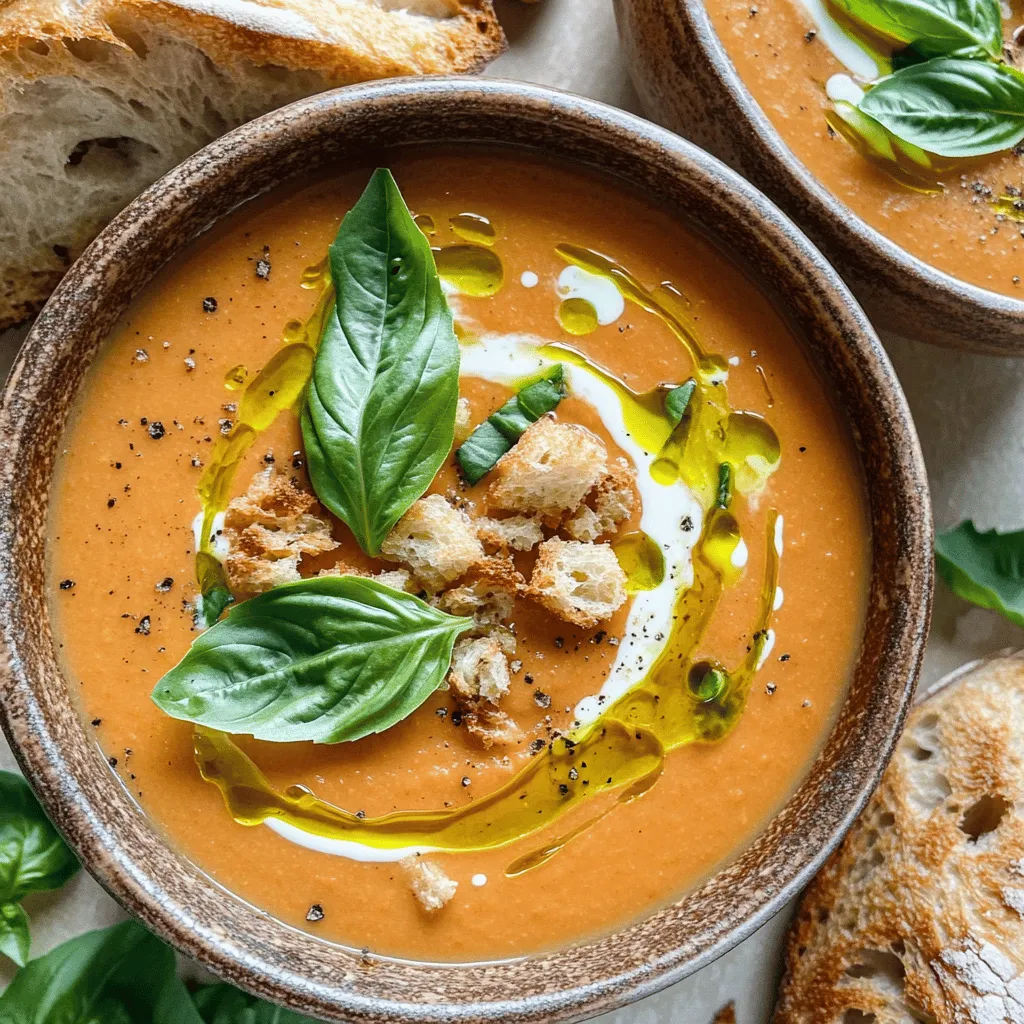 To make a delicious creamy tomato basil soup, gather these simple ingredients: - 2 tablespoons olive oil - 1 medium onion, chopped - 3 cloves garlic, minced - 2 (14-ounce) cans diced tomatoes (with juices) - 1 cup vegetable broth - 1/2 teaspoon sugar - Salt and black pepper to taste - 1 cup heavy cream (or coconut cream for a vegan version) - 1/2 cup fresh basil leaves, roughly chopped - 1 tablespoon balsamic vinegar - Optional: Croutons or fresh basil for garnish Each ingredient plays a key role in building flavor. The olive oil adds richness. The onion and garlic provide a savory base. Diced tomatoes bring brightness and sweetness. Vegetable broth adds depth, while sugar balances acidity. For creaminess, you can use heavy cream or coconut cream. Fresh basil gives the soup its name and a fresh taste. Balsamic vinegar adds a hint of tang that elevates the soup. If you want to add a fun touch, top your soup with croutons or extra basil. These garnishes not only look great but also add texture. This list keeps things simple and tasty. You can find the full recipe to dive into making this warm, comforting soup. 1. Sautéing the onion and garlic Start by heating 2 tablespoons of olive oil in a large pot over medium heat. Add the chopped onion. Cook it for about 5 minutes until it turns soft and clear. Next, stir in 3 cloves of minced garlic. Cook this for 1 more minute. You want the garlic to smell good. 2. Adding tomatoes and broth Now, pour in 2 cans of diced tomatoes, with all the juices. Add 1 cup of vegetable broth, along with 1/2 teaspoon of sugar, salt, and black pepper to taste. Mix everything well. The sugar helps balance the flavors. 3. Simmering for flavor development Bring the mixture to a gentle simmer. Let it cook for 15 to 20 minutes. This step helps all the flavors come together. Stir occasionally to keep it from sticking to the bottom. 1. Pureeing the soup for a creamy texture After simmering, remove the pot from heat. Use an immersion blender to blend the soup until it is smooth. If you don’t have one, carefully transfer the soup to a blender in batches. Blend it well, then return it to the pot. 2. Stirring in cream and basil Place the pot back on low heat. Now, stir in 1 cup of heavy cream or coconut cream if you want a vegan version. Add 1/2 cup of roughly chopped fresh basil. Heat it through, but do not let it boil. 3. Final seasoning adjustments Taste the soup and add more salt and pepper if needed. Stir in 1 tablespoon of balsamic vinegar for a little tang. This adds a nice depth to the flavor. This creamy tomato basil soup is not just easy to make, but it also brings warmth and comfort. Check the Full Recipe for more details and tips! Using fresh ingredients makes this soup shine. Fresh basil adds a burst of taste. Always pick firm, ripe tomatoes for the best flavor. If you can, grow your own herbs. They will taste better and smell amazing. Adjust your seasoning based on your taste. You might want more salt or pepper. A pinch of sugar balances the acid in the tomatoes. I also love adding a splash of balsamic vinegar. It gives a nice tang that brightens the soup. Serve this soup in rustic bowls to make it look inviting. Drizzle olive oil on top for a fancy touch. Add a few fresh basil leaves as a garnish. It makes the dish pop with color. Pair the soup with crusty bread. This adds a nice crunch and helps soak up every drop. You could also serve it with a fresh salad for a light meal. Enjoy your delicious creation! {{image_2}} You can easily adapt this creamy tomato basil soup to fit your diet. For a vegan and dairy-free option, swap the heavy cream for coconut cream. This keeps the soup rich and creamy while staying plant-based. You won’t miss the dairy at all. If you need a gluten-free version, the good news is this soup is naturally gluten-free. Just ensure your vegetable broth is free from gluten. You can enjoy this soup without any worries. Let's spice things up! You can add different spices or herbs to change the flavor profile. A pinch of red pepper flakes gives it a nice kick. If you love herbs, try adding oregano or thyme instead of basil. Incorporating veggies boosts nutrition. Carrots and bell peppers blend well with tomatoes. You can also add spinach or kale for extra vitamins. Just chop them finely and add them during the simmering step. These variations make the creamy tomato basil soup truly your own. For the full recipe, check out the previous section. To store leftover soup, let it cool first. Then, place the soup in an airtight container. Make sure to seal it well. You can keep it in the fridge for about 3 to 5 days. Always check for any off smells or changes in texture before eating. If it looks good, just reheat and enjoy! If you want to freeze portions, use freezer-safe containers. Leave some space at the top for expansion. You can freeze the soup for up to 3 months. When you're ready to eat, move it to the fridge overnight to thaw. To reheat, warm it on the stove over low heat. Stir it well to ensure even heating. You may need to add a splash of water or broth to get the right consistency again. How to make creamy tomato basil soup without cream? You can make this soup creamy without cream by using blended cauliflower or cashews. Both options add a rich texture. Simply cook cauliflower until soft, then blend it into the soup. For cashews, soak them in water and blend until smooth before adding to the soup. Can you use fresh tomatoes instead of canned? Yes, you can use fresh tomatoes! Use about 2 pounds of ripe tomatoes. Blanch them in boiling water for a minute, then peel and chop. This gives a fresh taste, but you may need to add a bit more broth for consistency. What to serve with creamy tomato basil soup? This soup pairs well with grilled cheese sandwiches, crusty bread, or a fresh salad. You can also enjoy it with a sprinkle of parmesan cheese or a dollop of pesto for added flavor. Tips for adjusting serving sizes To adjust serving sizes, simply scale the recipe. For fewer servings, halve the ingredients. For more servings, double them. Always taste as you go to ensure the flavors balance. How to incorporate leftovers in other recipes Leftover soup works well in pasta dishes, casseroles, or as a base for stews. You can also use it as a sauce for baked chicken or fish. Just reheat and add your favorite protein or grains for a quick meal. This blog post covered how to make a tasty creamy tomato basil soup. You learned about the key ingredients, like olive oil, tomatoes, and fresh basil. The step-by-step instructions helped you prepare the soup easily. We also discussed tips for enhancing flavor, serving ideas, and dietary variations. In summary, you can make this dish your own. Use fresh ingredients and explore different flavors. Enjoy the comfort of homemade soup any time!