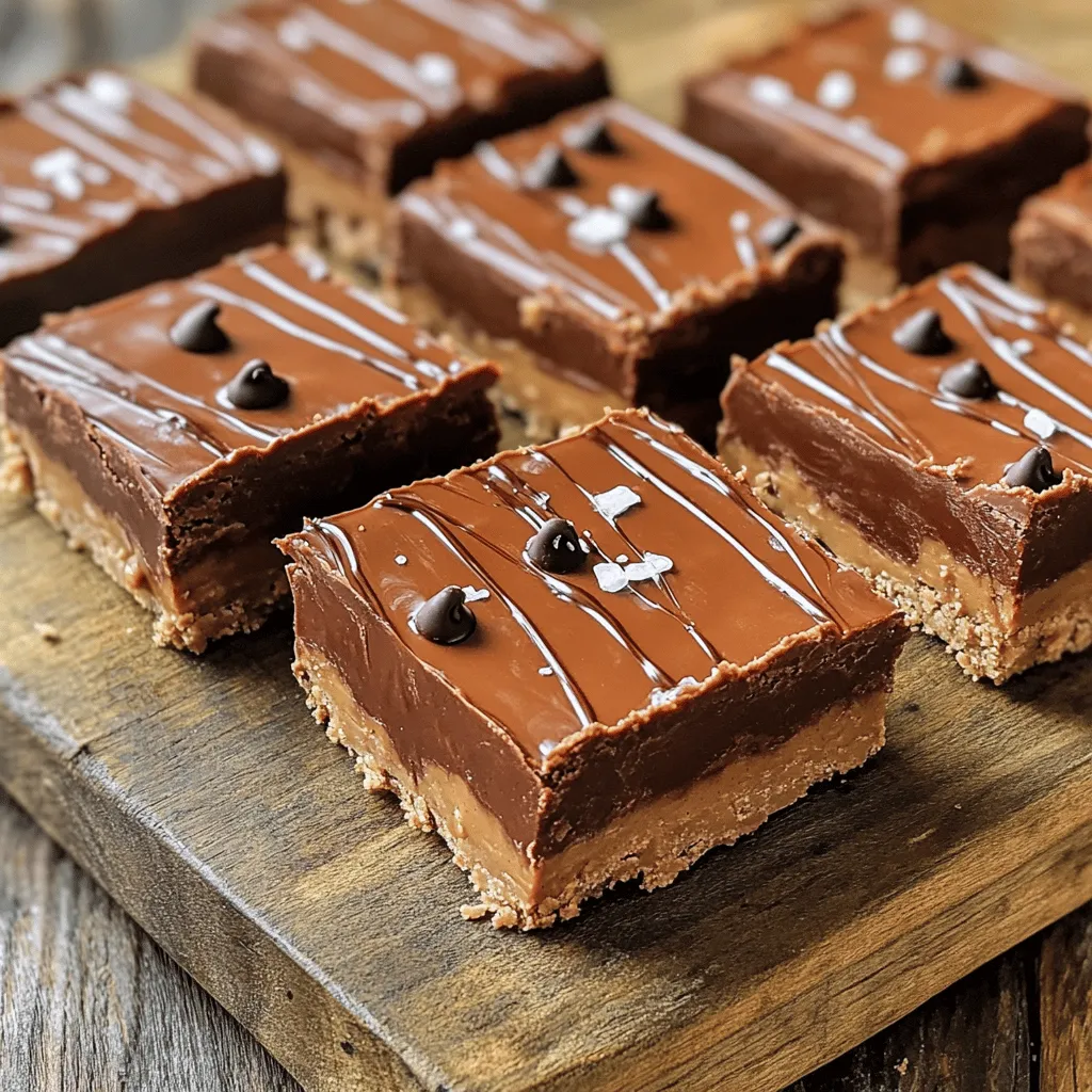 To make these no-bake chocolate peanut butter bars, you need simple ingredients. Each one plays a key role in flavor and texture. Here’s what you need: - 1 cup rolled oats - 1 cup natural peanut butter (smooth or crunchy) - 1/2 cup honey or maple syrup - 1/2 cup cocoa powder - 1/2 cup protein powder (optional) - 1 teaspoon vanilla extract - 1/4 teaspoon salt - 1/2 cup dark chocolate chips Each ingredient adds something special. The rolled oats provide a chewy base. Peanut butter gives richness and creaminess. Honey or maple syrup adds sweetness and binds the bars. Cocoa powder gives that deep chocolate flavor. Protein powder is optional but boosts nutrition. Vanilla extract adds a warm, sweet note. Salt enhances all the flavors. Dark chocolate chips offer a delightful burst of chocolate in every bite. Using quality ingredients makes a big difference. I prefer natural peanut butter, as it has no added sugars or oils. You can also switch the sweeteners based on your taste. For the full recipe, follow the steps to create your own batch of these delicious bars. Enjoy the process! First, gather your dry ingredients. In a large mixing bowl, add: - 1 cup rolled oats - 1/2 cup cocoa powder - 1/2 cup protein powder (optional) Mix these well. This helps ensure even flavor in every bite. Next, it's time for the wet ingredients. In a microwave-safe bowl, combine: - 1 cup natural peanut butter - 1/2 cup honey or maple syrup - 1 teaspoon vanilla extract - 1/4 teaspoon salt Heat it in the microwave for 30 seconds. Stir until it's smooth and creamy. This step makes mixing easier. Pour the warm peanut butter mix over the dry ingredients. Stir it well. You want everything to blend together completely. Then, gently fold in: - 1/2 cup dark chocolate chips Make sure the chocolate chips are spread evenly. You want a bit of chocolate in every bar. Line an 8x8 inch square pan with parchment paper. Leave some paper hanging over the edges. This helps remove the bars later. Press the mixture into the pan evenly. Use your hands or a spatula to compact it. Finally, place the pan in the refrigerator for at least 2 hours. This helps the bars set. When firm, lift them out and cut into bars. Enjoy your tasty treat! For the full recipe, check the details above. To get the best taste, mix the dry and wet parts well. Start with dry ingredients in a big bowl. Then, in a separate bowl, blend your wet ingredients. Warm the peanut butter mix to make it easy to stir. Ensure the peanut butter, honey, and vanilla are all smooth. Pour the wet mix over the dry mix. Stir until you see no dry bits left. To keep your bars fresh, store them in an airtight container. Place them in the fridge for up to a week. If you want to keep them longer, freeze them. Wrap each bar in plastic wrap, then put them in a freezer bag. This way, you can enjoy a treat anytime! For a fancy look, use a wooden board to serve your bars. Cut them into neat pieces. Sprinkle a little sea salt on top for a fun touch. You can also drizzle melted dark chocolate over them. This makes them look as good as they taste! {{image_2}} You can easily change up the bars by adding fun mix-ins. Try adding chopped nuts like almonds or walnuts for crunch. Dried fruits like cranberries or raisins give a sweet touch. Seeds, such as chia or flax, boost nutrition. Coconut flakes can add a tropical twist. Each choice brings a new flavor to the bars. If you want to change the sweetness, there are great options. You can use agave nectar for a lighter taste. Brown rice syrup also works well and has a mild flavor. For a low-calorie option, consider stevia or monk fruit sweetener. These keep your bars sweet without the extra sugar. Peanut butter is classic, but other nut butters are fun too. Almond butter provides a nutty taste and creaminess. Cashew butter is smooth and slightly sweet. Sunflower seed butter is a great nut-free choice. Each nut butter adds its own flavor and texture. Feel free to mix and match for your favorite version. You can find the full recipe to make these bars and explore all these variations. After making your no-bake chocolate peanut butter bars, you may have some left. To keep them fresh, store the bars in an airtight container. Place them in the refrigerator. This helps maintain their taste and texture. They will stay good for up to a week. If you want them to last longer, consider freezing them. To freeze your bars, first cut them into pieces. Wrap each piece in plastic wrap or parchment paper. Then, place them in a freezer-safe bag. Make sure to label the bag with the date. This way, you can keep track of how long they have been frozen. Your no-bake bars can last up to three months in the freezer. When ready to eat, just thaw them in the fridge overnight. The shelf life of no-bake chocolate peanut butter bars is about one week in the fridge. If stored properly in the freezer, they can last for about three months. Always check for any signs of spoilage, like changes in smell or texture. Enjoy your tasty treats while they are fresh! For the full recipe, check the ingredients and instructions above. Yes, you can easily make these bars vegan. Just swap honey for maple syrup. Use dark chocolate chips that are dairy-free. This simple change makes the recipe suitable for a vegan diet. To customize these bars, consider these options: - Use gluten-free oats for a gluten-free version. - Choose a nut-free butter, like sunflower seed butter, for a nut-free option. - Replace the protein powder with seeds or leave it out for a lighter treat. These swaps make the bars fit many diets. You can use other nut butters, such as almond or cashew butter. If you need a nut-free option, sunflower seed butter works well. Each choice will change the taste slightly, but all are tasty. These bars last up to a week in the fridge. Keep them in an airtight container. If you want to keep them longer, you can freeze them. Just wrap them well to avoid freezer burn. For the full recipe, check the earlier section. You can create tasty no-bake chocolate peanut butter bars with simple ingredients and easy steps. We covered how to mix dry and wet ingredients and set them in a pan. Remember to store them well for maximum freshness. Feel free to add your favorite flavors or swap ingredients to fit your taste. These bars are perfect for snacks or dessert. With these tips in mind, you can enjoy a fun and healthy treat any time.