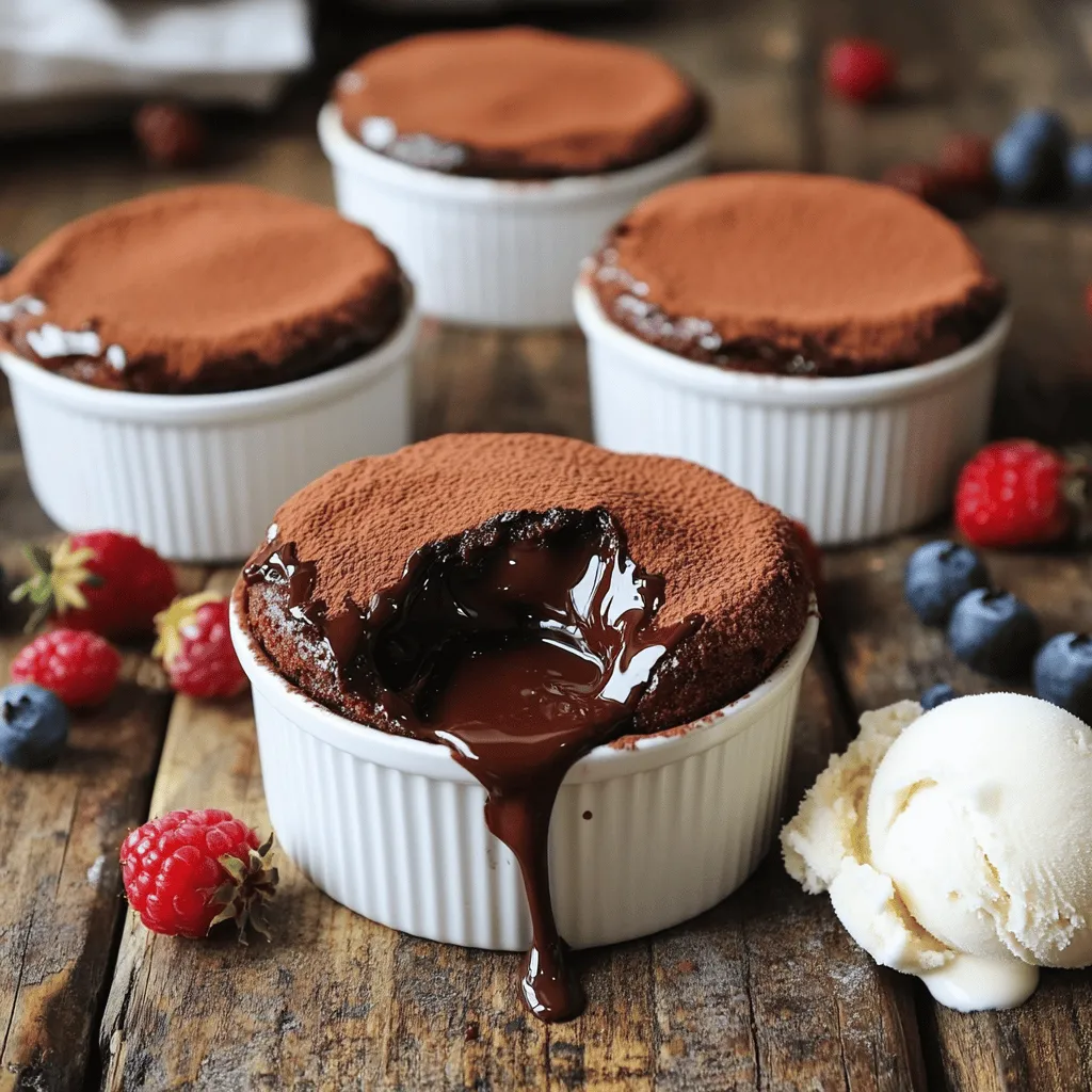 - 1/2 cup unsalted butter (plus extra for greasing) - 1 cup dark chocolate (70% cocoa), chopped - 1 cup powdered sugar - 2 large eggs - 2 large egg yolks - 1 teaspoon vanilla extract - 1/2 cup all-purpose flour - A pinch of salt - Cocoa powder (for dusting) Using the right amounts is key. Here’s a quick guide: - Unsalted butter: 1/2 cup is great for rich flavor. - Dark chocolate: 1 cup adds depth. Choose 70% cocoa for a nice balance. - Powdered sugar: 1 cup gives sweetness without graininess. - Eggs: 2 large eggs help set the cake. - Egg yolks: 2 large yolks add richness. - Vanilla extract: 1 teaspoon enhances the chocolate taste. - All-purpose flour: 1/2 cup binds the ingredients. - Salt: A pinch brings out flavors. - Cocoa powder: Use for dusting ramekins. Quality matters for great taste. Here’s what I suggest: - Butter: Use fresh, unsalted butter for the best flavor. - Chocolate: Select high-quality dark chocolate (70% cocoa or more). It melts well and gives a rich taste. - Powdered sugar: Pick pure sugar without additives for smoothness. - Eggs: Use fresh, large eggs from a trusted source for the best texture. - Flour: All-purpose flour should be fresh and fine for an airy cake. - Vanilla: Pure vanilla extract is better than imitation for flavor. Using these ingredients will help you create a delicious chocolate lava cake. For the full recipe, check out the details above. Enjoy your baking! To start, preheat your oven to 425°F (220°C). This high heat helps create that gooey center. Next, take four ramekins. Grease each one with butter. Use a brush or a paper towel for even coverage. After greasing, dust each ramekin with cocoa powder. This step makes it easier to release the cakes later. In a microwave-safe bowl, place 1 cup of chopped dark chocolate and 1/2 cup of unsalted butter. Heat in the microwave. Use 30-second intervals. After each interval, stir the mixture. Keep doing this until it looks smooth. This melting method helps avoid burning the chocolate. Once melted, take the bowl out. Whisk in 1 cup of powdered sugar. Mix until it is well combined. Next, add 2 large eggs and 2 large egg yolks. Whisk again until smooth. Stir in 1 teaspoon of vanilla extract. Then, gently fold in 1/2 cup of all-purpose flour and a pinch of salt. Mix until just combined to avoid overmixing. Now, divide the batter evenly among your ramekins. Fill each one about 3/4 full. Place the ramekins on a baking tray. Bake for 12-14 minutes. The edges should be firm, but the centers must jiggle slightly. Remove them from the oven and let them cool for 1 minute. To release the cakes, run a knife around the edges. Carefully invert each ramekin onto a dessert plate. Serve your chocolate lava cake warm for the best experience. For added delight, pair it with vanilla ice cream or fresh berries. This recipe brings rich flavor to any meal. You can find the complete method in the Full Recipe. To get that perfect gooey center, follow these steps: - Bake Time: Bake just 12-14 minutes. Check for firm edges and soft centers. - Ramekin Size: Use smaller ramekins. This helps the cake cook evenly. - Chill the Batter: If you chill the batter for a bit, it can help. It firms up the edges while keeping the center soft. Avoid these common errors to ensure success: - Overmixing the Batter: Mix just until combined. Overmixing can make the cake dense. - Skipping the Grease: Always butter your ramekins. This helps the cake release easily. - Wrong Oven Temp: Ensure your oven is preheated to 425°F. A hot oven is key for that molten center. Serving your chocolate lava cake is part of the fun. Here are some ideas: - Serve Warm: Always serve the cake warm for the best experience. - Add Ice Cream: A scoop of vanilla ice cream pairs perfectly. The cold ice cream balances the warm cake. - Fresh Berries: Add berries on the side. They add color and a fresh taste that enhances the dessert. For the full recipe, check out the [Full Recipe]. {{image_2}} You can make your chocolate lava cake even more special by adding flavors. For a fresh twist, try adding orange zest. Just mix in a teaspoon of zest from a fresh orange. It gives a bright taste that pairs well with chocolate. If you love coffee, espresso is a great choice too. Add one tablespoon of espresso powder to the batter for a rich coffee flavor. These small changes can take your dessert to the next level. If you need gluten-free options, you can still enjoy this dessert. Simply replace all-purpose flour with almond flour or gluten-free flour blends. Both options work well and keep the cake moist. You can also use dairy-free chocolate and butter for a dairy-free version. Always check labels to ensure the products fit your dietary needs. These swaps let everyone enjoy a delicious lava cake. When serving your chocolate lava cake, consider adding sides that enhance the experience. A scoop of vanilla ice cream is a classic choice. The cold ice cream melts into the warm cake, creating a delightful mix. Fresh berries also add color and a light tartness. You can serve the cake with whipped cream or a drizzle of caramel sauce for extra sweetness. These sides make each bite feel special and elevate your dessert plate. For the full recipe, check out the earlier section. If you have leftover chocolate lava cake, let it cool first. Then, wrap each cake in plastic wrap or aluminum foil. This keeps the moisture in and prevents drying. Store them in the fridge for up to three days. If you want to keep them longer, place them in an airtight container and freeze them. The cakes can last up to three months in the freezer. To reheat your leftover lava cakes, it’s best to use an oven. Preheat your oven to 350°F (175°C). Place the cakes on a baking sheet and cover them with foil to keep them moist. Heat for about 10 minutes. You can also use the microwave, but be careful! Heat each cake for about 20 seconds. Check if they are warm enough. You want them warm, not hot, to keep the gooey center. If you make the batter ahead of time, store it in the fridge. Use it within 24 hours for the best flavor and texture. The batter can also freeze well for up to a month. Just thaw it in the fridge overnight before using. Once baked, the cakes last about three days in the fridge. If you freeze the baked cakes, they can last up to three months. Always check for quality before serving! You can tell your Chocolate Lava Cake is done by checking the edges. They should be firm and set. The center will still look soft and jiggle just a bit. This means it is ready to come out of the oven. If you bake it too long, the lava may not flow. Aim for 12 to 14 minutes of baking for the best results. Yes, you can make Chocolate Lava Cake in advance. Prepare the batter and fill the ramekins. Cover them and store them in the fridge. When you are ready to bake, just pop them in the oven. You will need to add a couple of extra minutes to the baking time if they are cold. This way, you can enjoy a warm dessert without much hassle. If your cake does not ooze chocolate, it might be overbaked. The center needs to stay soft. If you find this happens often, try reducing the baking time. You can also check your oven temperature. An oven that runs hot can lead to overbaking. Remember, the perfect Chocolate Lava Cake should have a gooey center. If you want to try again, follow the Full Recipe for the best outcome. To sum up, you've learned the key steps to make a delicious chocolate lava cake. We discussed the right ingredients, easy instructions, and tips for success. You now know how to avoid common pitfalls and explore fun flavor variations. Remember to store leftovers properly and reheat them for later enjoyment. This dessert can impress anyone, so don’t hesitate to try it. Enjoy baking and savoring your tasty creation!