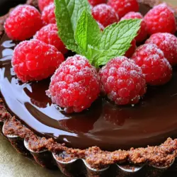 Cooking this chocolate raspberry tart is fun and simple. You only need a few key ingredients to make this dessert shine. Here’s the detailed list: - 1 ½ cups all-purpose flour - ½ cup unsweetened cocoa powder - ½ cup powdered sugar - ½ teaspoon salt - ½ cup unsalted butter, cold and cubed - 1 large egg yolk - 3 tablespoons cold water - 1 cup heavy cream - 8 oz dark chocolate (70% cacao), chopped - 2 cups fresh raspberries - 1 tablespoon sugar (for sprinkling) - Mint leaves (for garnish) Each ingredient plays a role in creating a delicious chocolate raspberry tart. The flour and cocoa provide the base, while the butter gives it richness. The egg yolk helps bind everything together. Cold water makes the dough manageable. Using heavy cream and dark chocolate creates a silky ganache. Fresh raspberries add a burst of flavor and color. Finally, a sprinkle of sugar and mint leaves make it pretty. For the complete instructions, check the Full Recipe. - First, combine the dry ingredients. Use a food processor. Add 1 ½ cups of flour, ½ cup of cocoa powder, ½ cup of powdered sugar, and ½ teaspoon of salt. Pulse until mixed. - Next, incorporate the butter. Add ½ cup of cold, cubed unsalted butter to the mix. Pulse until it looks like coarse crumbs. - Now, chill the dough. In a bowl, mix 1 large egg yolk and 3 tablespoons of cold water. Slowly add this to the crumb mixture. Pulse until it starts to come together. Shape it into a disk, wrap it, and chill for at least 30 minutes. - Preheat your oven to 350°F (175°C). - Roll out the chilled dough on a floured surface. It should fit a 9-inch tart pan. Press it into the pan and trim any excess. Prick the bottom with a fork to prevent bubbles. - Bake for 15 minutes. Let it cool once removed from the oven. - Heat the cream in a medium saucepan over low heat. Warm 1 cup of heavy cream until it just begins to simmer. - Combine the cream with chocolate. Remove the saucepan from heat. Pour the hot cream over 8 oz of chopped dark chocolate in a bowl. Let it sit for 2-3 minutes. - Stir until you achieve a smooth and glossy ganache. This is the key to a rich filling. - Pour the ganache into the cooled crust. Use a spatula to smooth the surface. - Refrigerate for 1 hour or until set. This step is vital for the perfect slice. - Once the ganache is set, arrange 2 cups of fresh raspberries on top. - Sprinkle 1 tablespoon of sugar over the raspberries for a sparkling finish. - Garnish your tart with fresh mint leaves for a pop of color. - Slice and serve to enjoy this delightful treat. Each bite is a blend of rich chocolate and tart raspberry. To make a flaky crust, use cold butter. This helps create small pockets of air. Cut the butter into the flour mixture until it looks like sand. Don’t overwork it; stop when it just comes together. Chilling the dough is key. Wrap it in plastic and chill for at least 30 minutes. This step firms up the butter and makes your crust tender. For a smooth ganache, heat the cream slowly. Do not let it boil. After you pour the hot cream over the chocolate, let it sit. This helps the chocolate melt evenly. Stir gently until it is glossy and smooth. Use high-quality dark chocolate with at least 70% cacao. This gives you rich flavor and better texture. Store your tart in the fridge to keep it fresh. Cover it lightly with plastic wrap. This helps it stay moist. The tart lasts for about 3 days in the fridge. If you have leftovers, enjoy them cold or let them sit at room temperature for a while before serving. {{image_2}} You can elevate your chocolate raspberry tart with new flavors. One option is to add orange zest. The zest brings a fresh, bright taste that pairs well with chocolate. Just add a teaspoon or so when mixing your ganache. Another idea is to layer raspberry puree underneath the raspberries. To make this, just blend fresh raspberries until smooth. Spread it on the crust before you pour in the ganache. This adds a fruity base and makes each bite extra special. Switching up your toppings can also change the game. Instead of just raspberries, try using different berries like strawberries or blueberries. They provide a fun twist and look great on the tart. You can also drizzle caramel or chocolate sauce on top. This adds a rich finish and makes each slice even more tempting. Just warm the sauce slightly before drizzling to get that perfect flow. If you need a gluten-free option, you can easily swap in gluten-free flour. This works well in the crust and keeps the tart just as tasty. Use a 1:1 gluten-free flour blend for the best results. You can also change the crust recipe. Instead of the regular flour, try almond flour or a mix of ground nuts. This gives a unique flavor and texture while keeping it gluten-free. Enjoy your delicious chocolate raspberry tart in whatever way suits you! Yes, you can make the tart ahead of time. I suggest storing it in the fridge. It stays fresh for up to three days. Cover it well with plastic wrap. This keeps it from drying out. You can also freeze it for longer storage, up to a month. Just remember to thaw it overnight in the fridge before serving. If your ganache is runny, don't worry! Heat it gently on low. Stir in more chopped chocolate. Start with a small amount, about one ounce. Keep stirring until it thickens. If it's still too thin, you can add more chocolate. This will help it set properly. Let it cool before pouring it back into the tart. Yes, frozen raspberries work well in this tart. They are often picked at peak ripeness. However, they may release more juice than fresh ones. This can make the tart a bit wetter. To reduce this, let them thaw and drain excess juice. You can also sprinkle a little sugar to absorb the extra liquid. For this tart, use dark chocolate with 70% cacao or higher. This gives a rich flavor that pairs well with raspberries. I recommend brands like Ghirardelli or Valrhona. They provide smooth melting and great taste. Avoid cheap chocolate, as it may affect the ganache texture and flavor. This chocolate raspberry tart is a sweet treat that everyone loves. It combines rich chocolate and tart raspberries for a perfect flavor mix. Ingredients: - 1 ½ cups all-purpose flour - ½ cup unsweetened cocoa powder - ½ cup powdered sugar - ½ teaspoon salt - ½ cup unsalted butter, cold and cubed - 1 large egg yolk - 3 tablespoons cold water - 1 cup heavy cream - 8 oz dark chocolate (70% cacao), chopped - 2 cups fresh raspberries - 1 tablespoon sugar (for sprinkling) - Mint leaves (for garnish) Steps: 1. Make the crust by mixing flour, cocoa powder, sugar, and salt. 2. Add cold butter and pulse until it looks like crumbs. 3. Mix egg yolk and cold water in a bowl. 4. Add this mix to the crumb mixture and pulse until the dough forms. 5. Shape the dough into a disk, wrap it, and chill for 30 minutes. 6. Preheat your oven to 350°F (175°C). 7. Roll the dough and fit it into a tart pan, pricking the bottom. 8. Bake for 15 minutes and let it cool. 9. For the ganache, heat the cream until it simmers. 10. Pour the hot cream over chopped chocolate, let it sit, then stir. 11. Pour the ganache into the cooled crust and chill for 1 hour. 12. Top with fresh raspberries and sprinkle sugar on them. 13. Garnish with mint leaves and slice to serve. For the full instructions and process, you can check the [Full Recipe]. Enjoy your delightful chocolate raspberry tart! This blog post showed you how to make a delicious Chocolate Raspberry Tart. You learned about key ingredients like flour, cocoa powder, and dark chocolate. I shared step-by-step instructions, from making the crust to preparing the ganache. Remember to chill your dough for a flaky crust. You can also try adding flavors like orange zest for a twist. This tart is a beautiful treat for any occasion. Now, gather your ingredients and start baking! Your friends and family will love it.