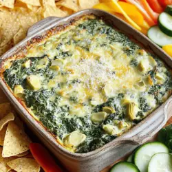 To make this creamy spinach artichoke dip, gather these fresh and tasty items: - 1 cup fresh spinach, chopped - 1 cup canned artichoke hearts, drained and chopped - 1/2 cup cream cheese, softened - 1/2 cup sour cream - 1/2 cup mayonnaise - 1/2 cup grated Parmesan cheese - 1 cup shredded mozzarella cheese - 2 cloves garlic, minced - 1/4 teaspoon red pepper flakes (optional) - Salt and pepper to taste You can make this dip even better with some optional flavors: - Add a squeeze of fresh lemon juice for a bright touch. - Try some chopped green onions for a fresh crunch. - Use smoked paprika for a hint of smokiness. - Mix in some chopped sun-dried tomatoes for a sweet twist. This creamy dip serves 6-8 people. Each serving has: - Calories: 300 - Total Fat: 24g - Saturated Fat: 12g - Cholesterol: 55mg - Sodium: 500mg - Total Carbohydrates: 10g - Dietary Fiber: 1g - Sugars: 2g - Protein: 10g For more details on making this delicious dip, check the Full Recipe. Enjoy every bite! To make this creamy spinach artichoke dip, start by gathering your ingredients. You will need: - 1 cup fresh spinach, chopped - 1 cup canned artichoke hearts, drained and chopped - 1/2 cup cream cheese, softened - 1/2 cup sour cream - 1/2 cup mayonnaise - 1/2 cup grated Parmesan cheese - 1 cup shredded mozzarella cheese - 2 cloves garlic, minced - 1/4 teaspoon red pepper flakes (optional) - Salt and pepper to taste First, preheat your oven to 375°F (190°C). In a large bowl, mix the softened cream cheese, sour cream, and mayonnaise. Use a spatula to blend them until smooth. Next, add the chopped spinach, artichoke hearts, minced garlic, and both cheeses. Mix well until everything is combined. Don't forget to season with salt and pepper to your liking. Once your dip mixture is ready, transfer it to a baking dish. Spread it evenly for even cooking. Bake in your preheated oven for 20 to 25 minutes. Look for a golden brown top that bubbles. This shows it's ready! Carefully remove the dish from the oven. Let it cool for a few minutes before serving. For the best results, use fresh spinach and good-quality cheeses. This makes a big difference in flavor. If you like a little heat, add red pepper flakes. For a richer taste, sprinkle extra Parmesan on top before baking. Serve your dip warm with tortilla chips, pita bread, or fresh veggies. You can enjoy this creamy spinach artichoke dip right from the oven, or make it ahead of time for a party. It’s both simple and delicious! For the complete recipe, check the Full Recipe section. When making creamy spinach artichoke dip, avoid overcooking it. Baking too long can dry it out. Also, don’t skip draining the artichokes well. Extra liquid can make the dip runny. Mixing the cream cheese and sour cream fully is key. If not combined well, you may find lumps in your dip. Lastly, be careful with the salt. Taste before adding too much. This will help you keep the flavors balanced. You can change up the flavor easily. Want a spicy kick? Add more red pepper flakes or some diced jalapeños. For a smokier taste, mix in smoked paprika. If you love herbs, try adding fresh basil or dill. You can also swap cheeses for a twist. Use gouda or cheddar for a different richness. Remember, always taste as you go. This way, you can adjust to your liking. If you have leftovers, store them in an airtight container. The dip can last in the fridge for about four days. When you’re ready to enjoy it again, reheat gently. Use the oven at 350°F for about 15 minutes. You can also use the microwave, but do it in short bursts. Stir in between to heat evenly. For best results, cover the dish to keep it moist. For the full recipe, check out my detailed instructions above. {{image_2}} You can make this dip healthier. Use Greek yogurt instead of sour cream. It adds creaminess and protein. Swap out cream cheese for low-fat cream cheese for fewer calories. You can also use fresh spinach instead of frozen. Fresh spinach tastes bright and vibrant. If you need a dairy-free option, try using cashew cream. This will keep the dip creamy and rich. Mix in some fun flavors! For a smoky twist, add a bit of smoked paprika. If you love heat, toss in some diced jalapeños or a splash of hot sauce. Want a tangy kick? Squeeze in some lemon juice. You can also add fresh herbs like basil or dill for extra freshness. These little changes can make your dip unique and exciting. Serve this dip in many ways! You can put it in a bread bowl to impress guests. It looks great and tastes amazing. If you want something easy, use tortilla chips for dipping. You can also serve it with sliced veggies. Carrots, cucumbers, and bell peppers are perfect choices. For a fun twist, try serving it over pasta as a creamy sauce. The options are endless! Check out the Full Recipe for more ideas. To keep your creamy spinach artichoke dip fresh, use an airtight container. This helps prevent air from getting in. If you have leftovers, let the dip cool to room temperature first. Then, cover it well before placing it in the fridge. Enjoy it within three days for the best flavor. You can freeze this dip for later use. Place it in a freezer-safe container. Make sure to leave some space at the top because it can expand. When you’re ready to eat it, thaw it in the fridge overnight. This keeps the dip from becoming watery. Reheat it in the oven to get that creamy texture back. The dip lasts about three days in the fridge and up to two months in the freezer. Check for any signs of spoilage before you eat it. If it smells off or looks strange, it’s best to throw it away. Always use clean utensils to scoop out the dip to avoid contamination. You can swap dairy for plant-based options. Use vegan cream cheese, sour cream, and mayonnaise. Choose nutritional yeast for a cheesy flavor. Don't forget to add nutritional yeast to replace the cheese taste. This keeps the dip creamy and tasty without dairy. Yes, you can prepare it in advance. Mix all the ingredients and store them in the fridge. Just cover the dip tightly to keep it fresh. When you're ready to serve, bake it as usual. This saves you time during your gathering. This dip pairs well with many things. Try serving it with: - Tortilla chips - Pita bread - Fresh veggies like carrots or celery - Crackers These options provide great textures and flavors. You can also add a sprinkle of extra Parmesan on top for a nice touch. For more ideas, check out the Full Recipe. This post covered ingredients, steps, tips, variations, and storage for creamy spinach artichoke dip. You learned how to make it taste great and avoid common mistakes. Remember, experimenting with flavors can make your dip stand out. Also, proper storage will keep it fresh longer. Enjoy making this easy, tasty dip for your next gathering. You now have all the info to impress your friends and family. Let your creativity shine in the kitchen!