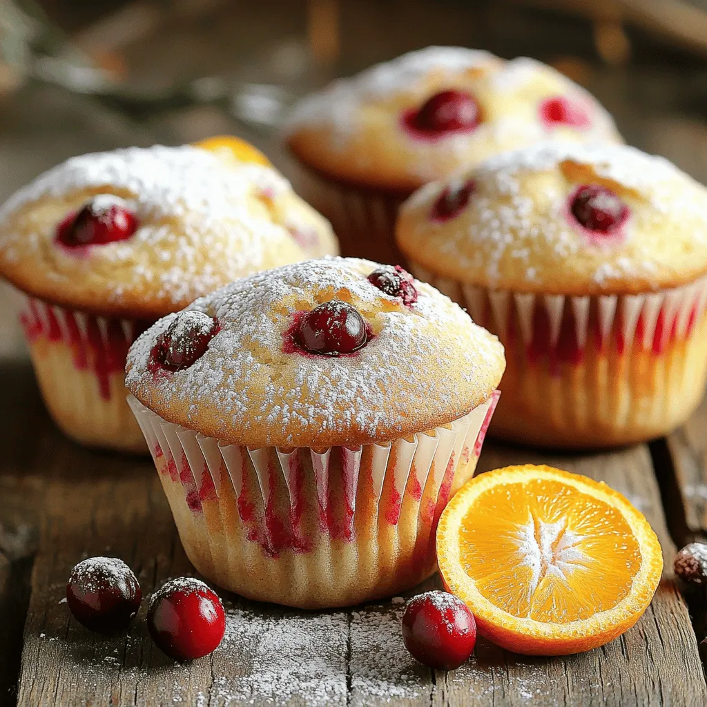To make tasty cranberry orange muffins, gather the following ingredients: - 2 cups all-purpose flour - 1 cup fresh cranberries (or frozen, thawed) - 1 cup sugar - 1 tablespoon baking powder - 1/2 teaspoon baking soda - 1/2 teaspoon salt - 1/2 cup unsalted butter, melted - 2 large eggs - 1 teaspoon vanilla extract - 1 cup orange juice (freshly squeezed if possible) - Zest of 1 large orange - Optional: 1/2 cup chopped walnuts or pecans When choosing cranberries, pick firm and bright ones. Avoid soft or shriveled berries. For oranges, choose ones that feel heavy for their size. They should have a smooth, shiny skin. You can add fun items to your muffins. Nuts like walnuts or pecans give a nice crunch. If you want spice, try adding cinnamon or nutmeg. For those with allergies, you can swap all-purpose flour for a gluten-free blend. Use applesauce instead of butter for a dairy-free option. This recipe is flexible, so feel free to make it your own. For the full recipe, check out the complete instructions. First, let's get your oven ready. Preheat your oven to 375°F (190°C). While it heats, prepare your muffin tin. You can use muffin liners or lightly grease the cups with cooking spray. This helps the muffins come out easily. Next, grab a large mixing bowl. In this bowl, combine the dry ingredients. Add 2 cups of flour, 1 cup of sugar, 1 tablespoon of baking powder, 1/2 teaspoon of baking soda, and 1/2 teaspoon of salt. Whisk these together well. Now, take another bowl for the wet ingredients. Mix 1/2 cup of melted butter, 2 large eggs, 1 teaspoon of vanilla extract, 1 cup of orange juice, and the zest of 1 large orange. Whisk until everything is smooth. Pour the wet mix into the dry mix. Stir gently. You want to combine them without overmixing. It’s okay if there are a few lumps! This step keeps your muffins light and fluffy. Finally, fold in 1 cup of cranberries and, if you like, 1/2 cup of nuts. Make sure they are evenly spread throughout the batter. Now it’s time to fill the muffin cups. Divide the batter evenly. Fill each cup about 3/4 full. This gives the muffins room to rise without spilling over. Place your muffin tin in the preheated oven. Bake for 18 to 20 minutes. To check for doneness, use a toothpick. Insert it in the center of a muffin. If it comes out clean, your muffins are ready! Once baked, remove the muffins from the oven. Let them cool in the tin for about 5 minutes. Then, transfer them to a wire rack to cool completely. Enjoy your delicious cranberry orange muffins! For the full recipe, check the earlier section. To bake perfect cranberry orange muffins, you must avoid overmixing the batter. When you combine wet and dry ingredients, stir just until you see no dry flour. Some lumps are okay! Overmixing makes the muffins tough. For a moist texture, use fresh ingredients. Fresh cranberries and eggs help a lot. Also, don't skip the orange zest. It adds flavor and moisture. Adding a bit of extra orange juice can also help keep the muffins soft. You can boost the flavor by adding spices. A sprinkle of cinnamon or nutmeg brings warmth. You can also try a bit of ginger for a zing! Balancing the sweetness is key. The tartness of cranberries needs some sugar to shine. Taste the batter before baking. Adjust the sugar if it seems too tart. This helps create a well-rounded flavor. For the full recipe, check out the complete instructions to get started on these delicious muffins! {{image_2}} You can switch up your cranberry orange muffins with other fruits. Blueberries and raspberries work great. These fruits add their own sweet and tart flavors. You can also mix in herbs or spices. A pinch of cinnamon or nutmeg can add warmth. Fresh mint or basil can give a fresh twist. Experimenting with flavors makes your muffins unique. For a vegan version, swap eggs with flaxseed or applesauce. Use plant-based butter instead of regular butter. You can also cut sugar by using ripe bananas or applesauce. If you need gluten-free muffins, choose almond or coconut flour. Make sure to use gluten-free baking powder. For nut-free muffins, simply leave out the nuts or use seeds instead. To keep your cranberry orange muffins fresh, follow these simple tips: - Cool Completely: Let muffins cool on a wire rack before storing. - Use Airtight Containers: Place them in a sealed container to lock in moisture. - Paper Towels: Line the bottom of the container with paper towels to absorb moisture. - Room Temperature: Store at room temperature for up to three days. These steps help keep your muffins soft and tasty. Freezing muffins is easy. Here’s how: 1. Cool Muffins: Make sure they are completely cool first. 2. Wrap Individually: Wrap each muffin in plastic wrap or foil. 3. Use a Freezer Bag: Place wrapped muffins in a freezer bag. Remove air before sealing. 4. Label and Date: Write the date on the bag for easy tracking. To reheat, remove a muffin from the freezer and let it thaw. You can heat it in the microwave for 20-30 seconds. This keeps the texture and flavor just right. Enjoy these tips for delicious muffins anytime! Check out the Full Recipe to make your own. Can I use frozen cranberries? Yes, you can use frozen cranberries in this recipe. Just thaw them first. This adds great flavor to your muffins. Frozen cranberries keep their tartness, which pairs well with the sweet orange juice. How do I know when the muffins are done baking? To check if your muffins are done, insert a toothpick into the center. If it comes out clean, they are ready. You can also look for a golden brown color on top. The muffins should spring back when pressed lightly. What are the nutritional benefits of cranberries and oranges? Cranberries are rich in vitamins C and E. They help support your immune system. Oranges are high in fiber and vitamin C. They also boost your heart health. Together, they make a healthy treat. How can I reduce calories in this recipe? To lower calories, you can cut back on sugar. Use only 3/4 cup instead of 1 cup. You can also substitute half of the butter with unsweetened applesauce. This keeps the muffins moist while cutting calories. What should I do if my muffins are dense? If your muffins are dense, you may have overmixed the batter. Mix just until wet and dry ingredients combine. Also, ensure your baking powder is fresh. Old baking powder can cause density issues. Can I make these muffins ahead of time? Yes, you can make these muffins ahead of time. Bake them, then store in an airtight container. They keep well for 2-3 days at room temperature. You can also freeze them for longer storage. Just thaw and warm them before serving. For the full recipe, check the [Full Recipe]. This blog post covered the key ingredients you need for cranberry orange muffins and how to prepare them. You learned about optional add-ins, the baking process, and tips for perfect texture. We also explored delicious variations and proper storage methods. In conclusion, baking these muffins can be fun and rewarding. You have the tools and tips to make them your own. Enjoy creating tasty bites to share with friends and family!