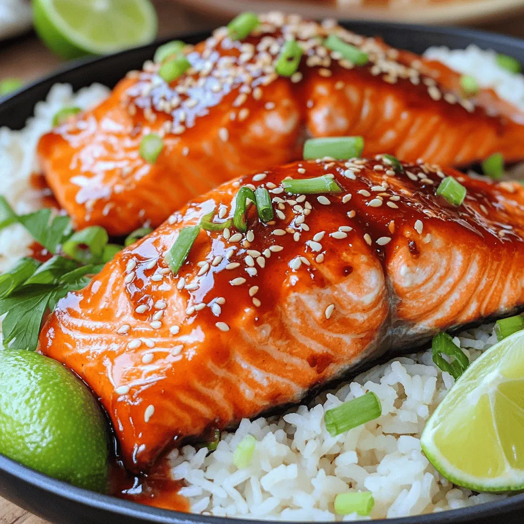 To make Sriracha honey glazed salmon, you need fresh and tasty ingredients. Here’s what you will need: - 4 salmon fillets (6 oz each) - 3 tablespoons Sriracha sauce - 2 tablespoons honey - 1 tablespoon soy sauce - 1 tablespoon olive oil - 2 cloves garlic, minced - Juice of 1 lime - Salt and pepper to taste - Sesame seeds for garnish - Chopped green onions for garnish These ingredients blend well to create a sweet and spicy glaze. The Sriracha gives it heat, while the honey adds sweetness. Lime juice brightens the flavors. The soy sauce brings a savory note. Using good-quality salmon makes all the difference in taste. When you gather your ingredients, make sure everything is fresh. It helps create a better dish. You can find Sriracha sauce in most grocery stores. Honey can be local or store-bought. The garlic should be fresh for the best flavor. Once you have all your ingredients ready, you’ll be all set to create a meal that is both quick and delicious. Don't forget to check the full recipe for step-by-step instructions! - In a small bowl, whisk together the Sriracha, honey, soy sauce, olive oil, minced garlic, and lime juice. - Season salmon fillets with salt and pepper on both sides. - Heat a non-stick skillet over medium-high heat. Add the salmon fillets skin-side down. - Cook the salmon for about 4-5 minutes until the skin gets crispy and the fish cooks halfway through. - Flip the salmon and pour the glaze over the top. - Keep cooking for another 3-4 minutes. Spoon the glaze over the salmon to keep it moist. Cook until the salmon is fully done and the glaze is sticky. - Remove the salmon from the heat and let it rest for one minute before serving. - Serve this dish with jasmine rice or quinoa. Add sesame seeds and chopped green onions for a nice touch. You can also include lime wedges on the side. Enjoy your vibrant meal! To get the perfect salmon texture, focus on cooking time. Cook it for about 8 to 10 minutes total for ideal doneness. Start with the skin-side down for crispy skin. The heat should be medium-high. This allows the salmon to cook evenly without drying out. If you prefer, you can check for doneness with a fork. It should flake easily when done. For cooking oil, I recommend olive oil. It has a great flavor and high smoke point. You can also use avocado oil if you have it. Both options work well with the Sriracha honey glaze. If you want to try different sweeteners for the glaze, maple syrup is a fantastic choice. Coconut sugar can also add a nice twist. They can change the flavor but keep the glaze sticky. To adjust the spiciness level, you can add more honey or a splash of lime juice. If you want it spicier, add more Sriracha. Just remember, start small and taste as you go. For plating, serve the salmon on a bed of jasmine rice or quinoa. This adds color and makes it look fancy. Top with sesame seeds and chopped green onions for a pop of color. Pair your meal with a light salad or steamed veggies for a balanced dish. A cold drink like iced tea or a light white wine works well too. Don't forget lime wedges on the side. They add a zesty finish to every bite. For the full recipe, check out the guide above! {{image_2}} You can swap salmon for other fish like trout or tilapia. These fish also cook well and soak up flavors nicely. If you don't have Sriracha, try a different hot sauce, like chili garlic sauce. For honey, maple syrup works as a sweet option. It adds a unique taste while keeping the glaze sticky. You can grill or pan-fry the salmon. Grilling gives it a smoky flavor, while pan-frying creates a crispy skin. For a lighter option, try baking it in the oven. Baking takes longer, but it makes the salmon very tender. You can set your oven to 400°F and bake for about 12-15 minutes. Adding fresh herbs can really boost the flavor. Try cilantro or basil for a fresh twist. You can also mix in spices like ginger or paprika for extra kick. Infusing the glaze with orange juice adds sweetness and zest. Each of these options can make this dish even more special. For the full recipe, check out the complete details. To store leftover Sriracha honey glazed salmon, let it cool first. Place the salmon in an airtight container. Store it in the fridge for up to three days. This keeps it fresh and tasty. Glass or plastic containers work great. Make sure they seal well to avoid leaks. To reheat salmon, use low heat. You can use the oven or a skillet. If using the oven, set it to 275°F (135°C). Place the salmon on a baking sheet. Heat for about 15 minutes or until warm. If using a skillet, heat it on low. Add a bit of oil or butter to keep it moist. This prevents the salmon from drying out. Spoon some glaze over it while reheating to boost flavor. Yes, you can freeze cooked salmon. Wrap each piece tightly in plastic wrap. Then place them in a freezer bag. This prevents freezer burn. Label the bag with the date. When ready to eat, thaw salmon in the fridge overnight. To warm it up, follow the reheating instructions above. This way, you keep the salmon's taste and texture. What can I serve with Sriracha honey glazed salmon? You can serve the salmon with jasmine rice or quinoa. Both pair well with the glaze. Adding steamed veggies, like broccoli or green beans, adds color and nutrition. A fresh salad with lime dressing also complements the dish nicely. How long does it take to cook salmon? Cooking salmon takes about 8 to 10 minutes. It depends on the thickness of the fillets. Cook for 4-5 minutes on one side, then flip and glaze. You will finish it off on the other side for another 3-4 minutes. Can I use frozen salmon? Yes, you can use frozen salmon. Just be sure to thaw it first. You can thaw it overnight in the fridge or use a quick method in cold water. Cooking times may be a bit longer, so check for doneness. - One serving of Sriracha honey glazed salmon has about 350 calories. - Each fillet contains healthy fats, protein, and vitamins. - Salmon is rich in omega-3 fatty acids, great for heart health. - Honey adds natural sweetness and antioxidants. - Garlic provides flavor and health benefits, including boosting immune function. How does Sriracha compare to other hot sauces? Sriracha is thicker and sweeter than many hot sauces. It has garlic and sugar, which gives it a unique taste. Other hot sauces can be more vinegary or spicy without the sweetness. Can I use a different sauce for this recipe? Yes, you can swap out Sriracha for another hot sauce. Try chili garlic sauce for a similar flavor. Adjust the amount to match your spice preference if you choose a hotter sauce. This blog post detailed how to make Sriracha honey glazed salmon. You learned about the ingredients needed, step-by-step cooking instructions, and helpful tips for serving. Consider trying ingredient swaps or different cooking methods to mix things up. Proper storage and reheating can keep your leftovers tasty. Whether you’re cooking for yourself or guests, this dish offers flavor and ease. Enjoy the health benefits of salmon while exploring new flavor profiles. You can create a dish that impresses everyone at the table!