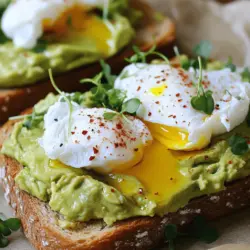 - 2 ripe avocados - 4 slices of whole grain bread - 4 large eggs - 1 tablespoon vinegar (white or apple cider) - Salt and pepper to taste - Red pepper flakes for garnish - Fresh microgreens for garnish (optional) - 1 tablespoon olive oil - Juice of 1 lime The main star of this dish is the avocado. It brings a creamy texture and rich flavor. Whole grain bread adds a nice crunch and fiber. The poached egg provides protein and a silky yolk that makes each bite special. Using vinegar helps the eggs hold their shape while poaching. Lime juice keeps the avocado fresh and brightens the taste. You can elevate your avocado toast with some fun extras. - Red pepper flakes add a spicy kick. - Microgreens bring freshness and a pop of color. - A drizzle of olive oil enhances the richness. Try adding sliced tomatoes or crumbled feta cheese for more flavor. Fresh herbs like cilantro or basil can also brighten the dish. Each ingredient in this recipe offers great health benefits. - Avocados are full of healthy fats, fiber, and vitamins. - Whole grain bread adds fiber and keeps you full. - Eggs provide high-quality protein and essential nutrients like choline. - Vinegar may help with digestion and blood sugar control. - Lime juice is rich in vitamin C and adds a refreshing taste. This dish is not just tasty; it’s also good for you! Enjoy the balance of flavors and the health benefits in each bite. For the full recipe, check out the detailed instructions above. Start by toasting your slices of whole grain bread. Use a toaster or a grill. Toast until golden brown and crispy. This should take about 3 to 4 minutes. The crunch adds great texture to your dish. While the bread toasts, prepare the avocados. Cut each avocado in half and remove the pit. Scoop the green flesh into a bowl. Add lime juice and a pinch of salt. Mash with a fork until creamy but still a bit chunky. This gives a delicious flavor and a nice texture. Next, focus on the eggs. Fill a medium pot with water and bring it to a simmer. Add one tablespoon of vinegar to help the eggs hold their shape. Stir the water gently to create a vortex. Crack each egg into a small bowl, then slip it into the water. Do this one at a time. Poach for 3 to 4 minutes for a runny yolk or longer for a firmer yolk. Once done, carefully lift the eggs out with a slotted spoon. Now it’s time to put everything together. Spread the mashed avocado on each slice of toasted bread. Place one poached egg on top of the avocado. Season lightly with salt and pepper. Add a sprinkle of red pepper flakes for some heat. Drizzle a bit of olive oil over each toast for richness. If you like, add fresh microgreens for a pop of color. Enjoy your tasty avocado toast with poached egg! You can find the full recipe in the recipe section above. To pick the best avocado, look for a few key signs. First, check for a slight give when you press gently. The skin should feel soft but not mushy. Next, look at the color. Dark green or almost black skin usually means ripeness. If it is very firm, it needs more time to ripen. You can speed up ripening by placing it in a paper bag with a banana. This works because bananas release ethylene gas, which helps avocados soften quickly. Poaching eggs can be tricky, but I have some tips. First, use fresh eggs. They hold their shape better when poached. Second, add vinegar to the water. This helps the egg whites set faster. Don’t stir the water too hard; a gentle swirl is enough. If you drop the egg in too fast, it may break apart. Always crack your egg into a small bowl first. This way, you can slide it in gently. If you find your yolks are overcooked, try reducing the cooking time. Three to four minutes is usually perfect for a runny yolk. When serving your avocado toast, think about how it looks. Start with a clean, white plate. This makes the colors pop. Spread a thick layer of avocado on the toast. Place the poached egg right on top. For a nice touch, sprinkle red pepper flakes and a bit of salt. Drizzle olive oil over the toast for extra taste and shine. You can also add fresh microgreens for a splash of green. This not only looks great but adds flavor too. {{image_2}} You can change up your avocado toast with fun toppings. Try adding fresh tomatoes. Sliced cherry tomatoes bring a juicy burst. They balance the creaminess of the avocado. You can also add cheese for a rich flavor. Feta or goat cheese works well. Their tangy taste pairs nicely with the avocado. If you want a vegan option, skip the egg. Instead, add a thick layer of hummus. It adds creaminess and protein. Another option is to use silken tofu. Mash it up and season with salt and pepper. This gives you a similar texture without the egg. You can spice up your avocado toast easily. Try adding a pinch of smoked paprika. It gives a nice smoky flavor. Fresh herbs like cilantro or basil can add brightness. You can also drizzle some hot sauce for heat. Each twist changes your toast into something new and exciting. For the complete steps to make this delicious dish, check the Full Recipe. If you have leftover avocado spread, store it in an airtight container. Press plastic wrap directly onto the surface to limit air exposure. This method helps slow browning. Keep it in the fridge for up to two days. If you see a little brown on top, just scrape it off. The green should still be fresh and tasty. Poached eggs taste best right after cooking. If you need to store them, place them in cold water in the fridge. Cover the bowl with plastic wrap to keep them fresh. Reheat them gently in hot water for about one minute before serving. Avoid using the microwave, as it may cook the eggs unevenly. - Avocados: Ripe avocados last about 1-2 days at room temperature. Store them in the fridge to extend freshness for up to 3 days. - Whole grain bread: It can stay fresh for about a week at room temperature. For longer storage, freeze it and toast slices as needed. - Eggs: Fresh eggs can last up to 3-5 weeks in the fridge. Always check the expiration date. - Vinegar: This can last indefinitely when stored in a cool, dark place. - Olive oil: Properly stored, it can last for about 6-12 months. Keep it in a dark bottle away from heat. For a complete recipe, check out the Full Recipe for Avocado Toast with Poached Egg. I love whole grain bread for my avocado toast. It adds a nice texture and flavor. Sourdough is another great choice. It has a tangy taste that pairs well with avocado. Choose bread that is sturdy enough to hold the toppings. You can prep the avocado mix in advance. Store it in an airtight container. Press plastic wrap against the surface to limit air exposure. This helps keep it fresh. Toast the bread just before serving for the best taste. To keep avocados from browning, use lime juice. The acid slows down the browning process. Store cut avocado in an airtight container with some lime juice. Another tip is to leave the pit in the unused portion. You can find the full recipe for Avocado Toast with Poached Egg above. It’s easy to follow and packed with flavor. Enjoy making this delicious meal! Avocado toast with poached eggs combines taste with nutrition. We covered key ingredients and their benefits. I shared steps to make this dish perfect. Tips helped you avoid common mistakes. We explored creative variations for every taste. Finally, I explained how to store leftovers safely. Enjoying avocado toast can be simple and fun. Try this dish as a healthy meal any time. Make it your own with toppings and flavors you love. Your next meal can be delicious and easy!