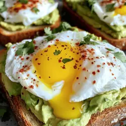 To create a delightful avocado toast with poached egg, gather these ingredients: - Ripe avocados (2) - Slices of whole grain or sourdough bread (4) - Large eggs (4) - White vinegar (1 tablespoon) - Salt and pepper (to taste) - Red pepper flakes (optional, 1 teaspoon) - Lemon juice (from 1 lemon) - Fresh herbs for garnish (cilantro or parsley) - Extra virgin olive oil (for drizzling) Using fresh and high-quality ingredients makes a big difference in taste. Ripe avocados are key. They should feel soft but not mushy. Choose your bread wisely too. Whole grain or sourdough adds great flavor and texture. The eggs should be large, as they will sit on top of your creamy avocado. I often use free-range eggs for their rich taste. Adding lemon juice not only brightens the dish but also keeps the avocado from browning. For garnishing, fresh herbs like cilantro or parsley elevate the dish's look and flavor. Lastly, a drizzle of extra virgin olive oil enhances richness. When you combine these elements, you create a meal that satisfies both the eye and the palate. For the complete cooking process, check out the Full Recipe. 1. Preparing the water for poaching: Start by filling a large saucepan with water. Heat it gently until it simmers. Adding one tablespoon of white vinegar helps the eggs hold their shape. 2. Creating a whirlpool for optimal poaching: Once the water is ready, use a spoon to stir it, creating a small whirlpool. This motion helps the egg white wrap around the yolk. 3. Timing for perfect runny yolks: Crack an egg into a bowl first. Then, carefully slide it into the center of the whirlpool. Poach for 3-4 minutes. The white should be set, but the yolk should remain soft and runny. 1. Choosing the right bread for avocado toast: Use slices of whole grain or sourdough bread. Both add great flavor and texture to your dish. 2. Toasting methods (toaster vs. oven): You can toast the bread in a toaster for a quick result. Alternatively, you can use an oven to achieve a crispier finish. Set the oven to 400°F and toast for about 5-7 minutes. 1. Cutting and mashing the avocados: Slice the ripe avocados in half. Carefully remove the pit and scoop the flesh into a bowl. Aim for a mix of creamy and chunky for the best texture. 2. Adding flavors with lemon juice, salt, and pepper: Squeeze the juice of one lemon into the bowl, then sprinkle in salt and pepper. Mix it well to boost the flavor. 1. Spreading avocado on toast: Take your toasted bread and spread the avocado mixture evenly on top. Make sure to cover the whole slice. 2. Topping with poached eggs: Gently place a poached egg on each slice. Let the warm yolk run if you like it that way. 3. Garnishing tips: For extra flair, sprinkle red pepper flakes if desired. Drizzle a little extra virgin olive oil over the top. Finish with fresh herbs like cilantro or parsley for a pop of color. Enjoy this delightful dish! You can find the Full Recipe for more details. Using vinegar helps keep the egg together while poaching. Just a spoonful makes a big difference. It helps the whites form a nice shape. Always use fresh eggs for the best results. They hold their shape better and give you that perfect yolk. Fresh eggs are less watery, which means a nicer poached egg. To pick the best avocados, gently squeeze them. They should feel slightly soft but not mushy. Look for a dark green or black skin, depending on the variety. If you buy hard avocados, store them at room temperature. Once ripe, store them in the fridge to keep them fresh longer. To make your avocado toast even tastier, try adding toppings like feta cheese or smoked salmon. Sliced tomatoes or radishes also add great flavor. For a pretty plate, arrange the toast neatly. A sprinkle of fresh herbs on top adds a nice pop of color. Drizzle with olive oil for a shiny finish. These small touches make a big difference. {{image_2}} You can make your avocado toast even better! Try adding feta cheese or smoked salmon. Feta adds a creamy and salty taste. Smoked salmon brings a rich, savory flavor. Both pair well with the smooth avocado. You can also add other vegetables. Sliced tomatoes add freshness and a bit of sweetness. Radishes add crunch and a peppery kick. Mix and match toppings based on what you enjoy! If you need gluten-free options, use gluten-free bread. Many brands offer tasty choices that still work well for toast. This way, everyone can enjoy this dish. For a vegan twist, consider using a tofu scramble instead of the poached egg. Simply crumble firm tofu and cook it with spices. It will give you a nice, protein-rich topping that tastes great with avocado. To boost flavor, think about adding herbs and spices. Fresh cilantro or parsley adds a bright touch. You can also sprinkle some garlic powder or smoked paprika for extra depth. If you like spreads, try making a simple garlic aioli or a spicy hummus. These can add layers of flavor to your toast. Get creative and experiment with what you have at home. The Full Recipe will guide you through the basic steps! To keep leftover avocado toast tasty, store it in an airtight container. Place the toast on a paper towel. This helps absorb any moisture. Cover the toast with another paper towel. This keeps it fresh for a day. Eat it cold or quickly reheat it in a toaster. For poached eggs, let them cool first. Then, store them in water in the fridge. This keeps them moist. Use them within two days for the best taste. When you want to eat them, gently reheat in warm water. To stop avocados from browning, use lemon juice. Brush it on the cut side of the avocado. You can also wrap half an avocado tightly in plastic wrap. This helps keep air away. If you have mashed avocado, store it in a bowl. Press plastic wrap directly onto the surface. This cuts off contact with air. You can also add a thin layer of water on top. Just pour it off before using. These tricks will keep your avocado fresh longer. To keep your poached egg intact, use fresh eggs. Fresh eggs have firmer whites. Add vinegar to the simmering water. It helps the egg whites set. Create a gentle whirlpool in the water. This helps the egg white wrap around the yolk. Poach your eggs for 3 to 4 minutes for a runny yolk. Remove with a slotted spoon gently. You can prepare the ingredients in advance. Mash the avocado and add lemon juice to stop browning. Store it in an airtight container. Toast the bread just before serving. Poach the eggs right before you eat. This keeps everything fresh and tasty. Avocado toast is healthy and filling. Avocados are rich in healthy fats. They provide vitamins like E, C, and K. Eggs add protein, making it a great breakfast. This meal is low in carbs and high in fiber. It helps keep you full longer. To make perfect avocado toast, start with good bread. Use whole grain or sourdough for the best flavor. Mash ripe avocados with lemon juice, salt, and pepper. Spread it thick on warm, toasted bread. Top with a poached egg for creaminess. Add red pepper flakes for a spicy kick. You can make this recipe vegetarian easily. Just skip the poached egg and use hummus instead. For a vegan option, try a tofu scramble. You can also add sliced tomatoes or radishes for extra flavor. Use vegan bread to keep it plant-based. This blog post covered the essential ingredients and steps to make delicious avocado toast with poached eggs. You learned how to pick the right avocados, poach eggs perfectly, and assemble a tasty dish. Remember to try different toppings and variations to suit your taste. Enjoy your avocado toast experience, and feel free to explore the many ways it can be enhanced. Your kitchen is a place for creativity, so have fun making this meal your own!
