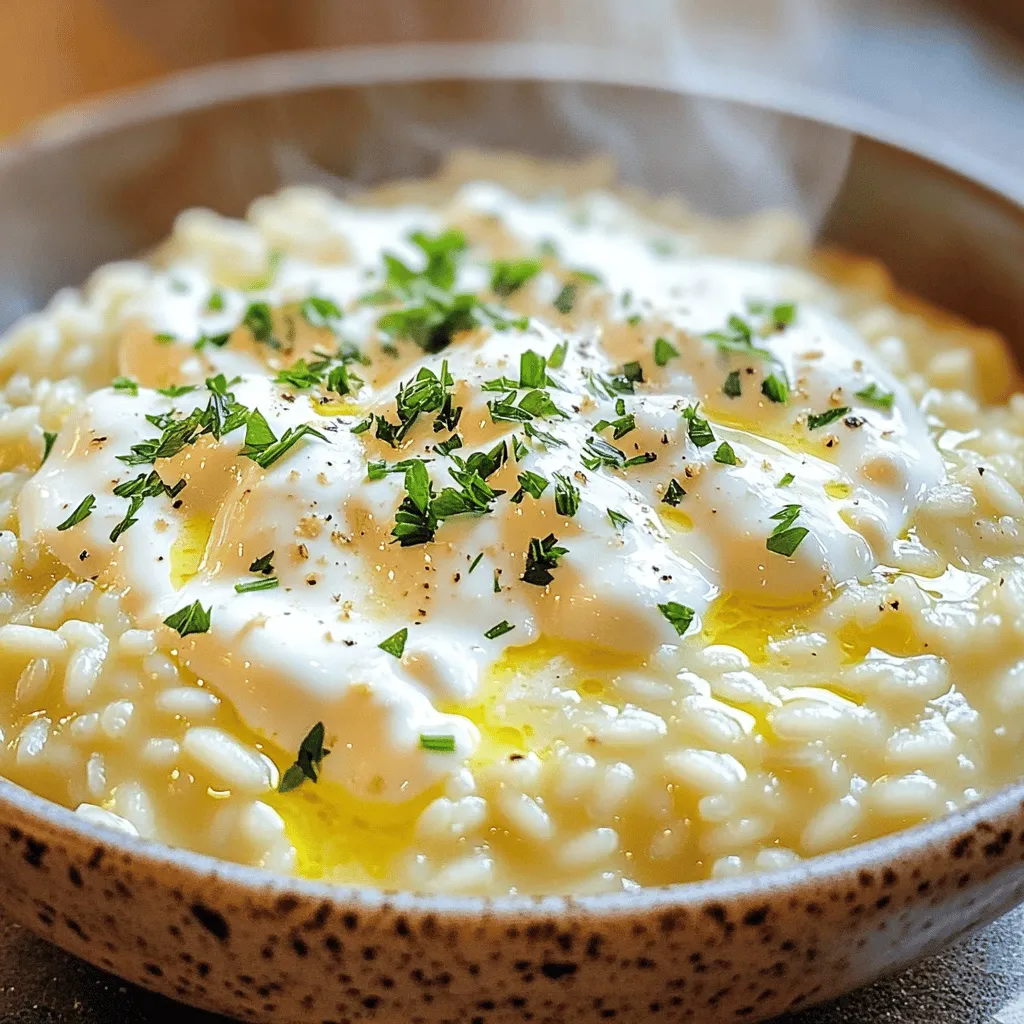 To make creamy garlic Parmesan risotto, you need these key ingredients: - 1 cup Arborio rice - 4 cups vegetable broth - 1 small onion, finely chopped - 3 cloves garlic, minced - 2 tablespoons olive oil - 1/2 cup grated Parmesan cheese - 1/2 cup heavy cream - 1 tablespoon unsalted butter - Salt and pepper to taste - Fresh parsley, chopped (for garnish) With these simple items, you can create a dish that is rich and creamy. For risotto, you should always use Arborio rice. This rice has a high starch content. It creates a creamy texture when cooked. Other good options include Carnaroli and Vialone Nano. These rice types also absorb liquid well. They give your dish a rich, satisfying feel. Avoid using long-grain rice as it won’t yield the same creamy result. Garnishes add a lovely touch to your risotto. Here are some great options: - Fresh chopped parsley - Extra grated Parmesan cheese - A drizzle of olive oil - Cracked black pepper These garnishes can enhance the flavor and look of your dish. They make it even more inviting to serve and enjoy. For the full recipe, check out the details above. Start by heating four cups of vegetable broth in a saucepan. Bring it to a gentle simmer. Keep it warm on low heat while you cook. This step helps the rice absorb the broth better. Warm broth cooks the rice evenly. It keeps the risotto creamy and smooth. In a large skillet, heat two tablespoons of olive oil over medium heat. Once hot, add one small, finely chopped onion. Cook the onion for about three to four minutes, or until it turns soft and clear. This brings out its sweet flavor. Then, add three cloves of minced garlic. Cook for one more minute. The garlic will smell amazing! Now, add one cup of Arborio rice to the skillet. Stir the rice well to coat it in the oil and onions. Toast the rice for about two minutes, stirring often. This step adds depth to the flavor. After toasting, start adding the warm broth. Use a ladle and pour in just one ladleful at a time. Stir the rice continuously. Wait until the rice absorbs most of the broth before adding more. This process takes about 18 to 20 minutes. When the rice is creamy and slightly firm, reduce the heat. Stir in half a cup of heavy cream, half a cup of grated Parmesan cheese, and one tablespoon of unsalted butter. Mix until everything is creamy and well combined. Season with salt and pepper. If you like it creamier, add more broth. Let it rest before serving. Enjoy your delicious dish! For the full recipe, check out the sections above. To make your risotto creamy, use Arborio rice. This rice has a high starch content. Start by toasting the rice in olive oil and onions. This adds flavor and helps with creaminess. As you cook, add warm broth slowly. This helps the rice absorb the liquid, creating a rich texture. Stir often to release more starch. At the end, mix in heavy cream and Parmesan cheese. This step makes the risotto extra silky. One common mistake is adding all the broth at once. This stops the rice from absorbing the liquid well. Another mistake is not stirring enough. Stirring helps the rice release starch, which thickens the dish. Also, avoid cooking on high heat. This can burn the rice and make it uneven. Always taste your risotto before serving. Adjust salt and pepper as needed. Creamy garlic Parmesan risotto pairs well with grilled chicken or shrimp. The light flavors from the protein balance the rich risotto. You can also serve it with roasted vegetables for a healthy touch. For a fun twist, top it with crispy pancetta or sautéed mushrooms. Always garnish with fresh parsley and extra cheese for a beautiful look. For the full recipe, check out the details above! {{image_2}} Adding vegetables to creamy garlic Parmesan risotto can boost flavor. You can mix in peas, spinach, or mushrooms. Each brings a unique taste and color to your dish. For peas, add them in the last few minutes of cooking. This keeps them bright and sweet. If you choose spinach, stir it in just before serving. It wilts quickly and adds a nice touch. For mushrooms, sauté them first until golden. Then, mix them into the risotto for an earthy flavor. If you want a heartier meal, consider adding protein. Cooked chicken or shrimp works well. For chicken, use diced pieces and add them during the last few minutes. This keeps the chicken juicy. If you like shrimp, add them when the rice is almost done. They cook fast and stay tender. You can also try adding cooked sausage or bacon. These options add a savory depth to the dish. While Parmesan is classic, you can try other cheeses too. Pecorino Romano adds a salty kick. Goat cheese gives a creamy tang that contrasts nicely with garlic. If you prefer something milder, use mozzarella. It melts beautifully and adds a lovely stretch. Mix and match cheeses to find your favorite flavor combo! For the full recipe, check out the detailed instructions and tips to create this delicious risotto. To keep your yummy risotto fresh, let it cool first. Place it in an airtight container. This helps prevent it from drying out. You can store it in the fridge for up to three days. Make sure to label the container with the date. This way, you know when you made it. When you want to enjoy your risotto again, reheating it right is key. Start by adding a splash of broth or water to the risotto. This helps bring back its creamy texture. Heat it in a pan over medium-low heat. Stir it often to warm it evenly. You can also microwave it for about 1-2 minutes. Just stir halfway through for best results. Yes, you can freeze risotto, but it may change a bit. To freeze, let it cool first and then place it in a freezer-safe container. It can last up to a month in the freezer. When you are ready to eat it, thaw it in the fridge overnight. Reheat it with some broth to get it creamy again. Just remember, fresh risotto tastes best! For a detailed guide, check out the Full Recipe. You can make risotto in advance, but it won't be the same. Risotto is best fresh. If you must make it early, cook it until just al dente. Then, let it cool. Store it in the fridge for up to two days. When ready to serve, reheat it with a bit of broth. This helps bring back the creaminess. The secret is in the stirring. Stirring helps release the starch from the rice. This gives risotto its creamy texture. Use good quality Arborio rice, as it absorbs flavor well. Warm broth should be added slowly. One ladle at a time, let the rice absorb it before adding more. Finally, finish off with butter and cheese for richness. Making creamy garlic parmesan risotto takes about 30 minutes. The prep time is around 10 minutes. The cooking time is about 20 minutes. Keep your broth warm and stir consistently. This ensures the rice cooks evenly and absorbs all that delicious flavor. For the full recipe, check out the instructions above! In this article, we explored how to make delicious risotto. We covered the key ingredients, best rice types, and optional garnishes. You learned step-by-step instructions, from preparing broth to perfect stirring techniques. I shared tips for creaminess and common mistakes to avoid. We examined tasty variations with veggies and proteins, and discussed storage methods. Risotto is versatile and fun to make. With practice, you can impress everyone with your dish. Enjoy the process and keep experimenting!