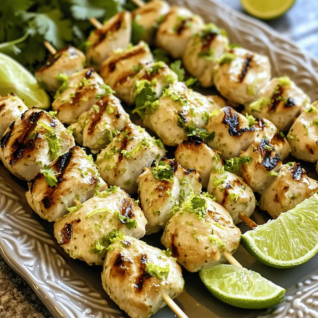- 1 lb (450g) boneless, skinless chicken thighs - 1 cup coconut milk - Zest and juice of 2 limes - 2 tablespoons honey - 1 tablespoon soy sauce (or coconut aminos) - 1 teaspoon garlic powder - 1 teaspoon ground ginger - 1/2 teaspoon cayenne pepper - Salt and pepper to taste - Wooden or metal skewers - Fresh cilantro or parsley for garnish If you need gluten-free options, use coconut aminos instead of soy sauce. For dairy-free needs, coconut milk is your best friend. Choose chicken thighs for juiciness; they stay tender when cooked. Fresh spices give a better taste than dried ones, so use fresh when possible. Always check for high quality to ensure the best flavor in your dish. This dish relies on these fresh and vibrant ingredients to shine. If you want to know how to bring it all together, check the Full Recipe for detailed steps. First, prepare the marinade. In a large bowl, mix coconut milk, lime zest, and lime juice. Add honey, soy sauce, garlic powder, ground ginger, cayenne pepper, salt, and pepper. Whisk until smooth. This blend gives the chicken its amazing flavor. Next, coat the chicken pieces. Add the chicken to the marinade. Stir well to ensure all the pieces are coated. Cover the bowl and refrigerate for at least one hour. For the best taste, let it marinate overnight. You can find the full recipe for more details. Now, preheat your grill. Set it to medium heat. This helps cook the chicken evenly. While the grill heats up, thread the marinated chicken onto the skewers. Leave some space between each piece. This promotes even cooking and great grill marks. When the grill is ready, place the skewers on it. Cook for about 10 to 12 minutes. Turn them occasionally for even cooking. Use a meat thermometer to check doneness. The internal temperature should reach 165°F (75°C). This ensures the chicken is safe to eat and juicy. To get perfect grill marks, heat your grill well. Aim for medium heat before placing the skewers on. Make sure to space the chicken pieces a bit apart. This helps heat circulate, giving you those lovely grill marks. To avoid dry chicken, marinate the pieces for at least one hour. However, overnight is best. The coconut milk and lime juice tenderize the chicken. Always check the internal temperature with a meat thermometer. It should read 165°F (75°C) when done. You can boost flavor by adding herbs and spices. Fresh cilantro or basil adds a nice touch. A pinch of cumin or paprika can also enhance the taste. For the marinade, don’t skip the lime zest. It gives a fresh zing. You can also add a splash of pineapple juice for added sweetness. This pairs well with the coconut flavor. When serving, think about bright sides. A fresh salad with lime vinaigrette works great. Coconut rice pairs nicely, too. For creative plating, stack the skewers on a platter. Drizzle some extra lime juice over them for a nice finish. Add lime wedges on the side for a fun touch. This helps guests add more flavor as they wish. Explore the [Full Recipe](#) for more details and cooking tips! {{image_2}} You can easily swap chicken for shrimp or tofu. If you choose shrimp, use large, fresh shrimp. They cook quickly and bring a nice flavor. Just remember to adjust your cooking time to about 5-7 minutes. For tofu, use firm or extra-firm tofu. Cut it into cubes and soak it in the marinade. Grill it for about 10 minutes, turning often until golden. Want to change the taste? Add pineapple juice to the marinade for a sweet twist. You can also mix in some fresh herbs like basil or mint. If you like heat, increase the cayenne pepper. You can even add sriracha or chili flakes. These changes let you play with flavors to suit your taste. Pair your skewers with tropical fruits like mango or pineapple. These fruits add brightness and flavor. You can serve them fresh or grill them for extra caramelization. Another fun idea is to dip your skewers in a spicy mango salsa or a coconut yogurt sauce. These dips bring a new layer of flavor to your meal. To store leftovers, let the skewers cool first. Place them in a shallow, airtight container. This helps keep moisture in. You can also wrap them tightly in plastic wrap. If you want to freeze them, put them in a freezer-safe bag. Remove as much air as you can before sealing. This keeps them fresh longer. When reheating your skewers, use the oven or stovetop. Avoid the microwave, as it can dry them out. Preheat your oven to 350°F (175°C). Place the skewers on a baking sheet and cover them with foil. Heat for about 10-15 minutes. On the stovetop, warm them in a skillet over medium heat. Add a splash of water to keep them moist. Coconut lime chicken skewers last for up to three days in the fridge. If you freeze them, they can last for about three months. Always label your containers with the date. This way, you know when they were made. Enjoy your tasty leftovers while they are still fresh! You can pair these skewers with many tasty sides. Here are some ideas: - Coconut rice: The creaminess matches well with the skewers. - Fresh salad: A crisp, green salad adds a nice crunch. - Grilled veggies: Zucchini, bell peppers, and corn add color and flavor. - Tropical fruit: Pineapple or mango salsa gives a sweet touch. - Chilled beverages: Try coconut water or a fruity mocktail. These sides keep the meal light and fun! Yes, you can use other chicken cuts. Here are some options: - Chicken breasts: Leaner but may dry out if overcooked. - Drumsticks: Juicy and flavorful, but take longer to cook. - Tenderloins: Quick to cook, but less flavor than thighs. Each cut offers a different taste and texture, so choose what you like! To check if chicken is done, use a meat thermometer. - Internal temperature: Aim for 165°F (75°C) for safety. - Visual cues: The meat should be white, not pink. Checking the temperature ensures your chicken is safe and juicy. Enjoy your meal! This blog post covered all you need for tasty Coconut Lime Chicken Skewers. You learned about the key ingredients, how to marinate, and grilling tips. We discussed flavor boosts, protein swaps, and serving ideas. Remember, fresh ingredients make a big difference. Always check chicken for doneness to ensure safety and taste. With these tips, you can enjoy a fresh, delicious meal with ease. Experiment with flavors and enjoy your cooking journey!