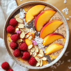 - 2 ripe peaches, pitted and chopped - 1 banana, sliced - 1 cup frozen raspberries These fruits make the base of the Peach Melba Smoothie Bowl. Peaches add a sweet, juicy flavor. Bananas give a creamy texture. Frozen raspberries bring a tangy contrast. Together, they create a refreshing taste. - 1/2 cup Greek yogurt (or plant-based yogurt) - 1/2 cup almond milk (or any milk of your choice) Greek yogurt adds creaminess and protein. You can use plant-based yogurt to keep it dairy-free. Almond milk or any milk helps blend the ingredients smoothly. It keeps the bowl light and tasty. - 1 tablespoon honey or maple syrup (optional) - Toppings: sliced almonds, fresh raspberries, peach slices, chia seeds, coconut flakes You can sweeten your bowl with honey or maple syrup if you like. For toppings, I suggest using sliced almonds for crunch. Fresh raspberries and peach slices add color and flavor. Chia seeds and coconut flakes give a fun texture. Check out the Full Recipe for complete details on making this delicious treat! To start, gather your ingredients. You will need: - 2 ripe peaches, pitted and chopped - 1 banana, sliced - 1 cup frozen raspberries - 1/2 cup Greek yogurt (or plant-based yogurt) - 1/2 cup almond milk (or any milk of your choice) - 1 tablespoon honey or maple syrup (optional) Now, combine the peaches, banana, raspberries, yogurt, almond milk, and honey in a blender. Make sure to add them in this order for easy blending. Next, blend the mixture at high speed. Watch as the fruits and yogurt mix into a smooth base. If you find the smoothie too thick, simply add a little more almond milk. Blend again until you reach your desired consistency. This step is key for a creamy texture. Once blended, pour the smoothie into a bowl. Now comes the fun part: toppings! Add sliced peaches, fresh raspberries, sliced almonds, chia seeds, and coconut flakes. Arrange them nicely to make your bowl look appealing. Serve immediately and enjoy this refreshing treat! For the full recipe, check the details above. To get the right thickness for your Peach Melba smoothie bowl, start with the base ingredients. Use 1/2 cup of almond milk and blend. If it’s too thick, add more almond milk a little at a time. Blend well after each addition. You want a creamy texture, but it should still hold its shape in the bowl. For a creamier feel, add a little more Greek yogurt. This will enhance the smoothness and richness. Remember, you can always make it thinner, but it’s hard to thicken once blended. The way you top your smoothie bowl makes it special. Use a shallow bowl to show off your beautiful ingredients. Start by placing peach slices in a circle around the edge. Next, arrange fresh raspberries in the center. Sprinkle sliced almonds and chia seeds for a nice crunch. Coconut flakes add a tropical vibe. For an extra touch, add a few edible flowers to make your bowl look fancy. This not only makes it pretty but also makes it more fun to eat! Fresh and frozen fruits both have their perks. Fresh peaches taste great and add a juicy bite, but they have a short shelf life. If you pick ripe ones, use them quickly. Frozen raspberries are perfect for this recipe. They blend easily and give a nice chill to your smoothie bowl. Plus, they last longer in your freezer. If using fresh fruits, freeze them before blending to achieve a cool, thick texture. Overall, both types can work well, so choose what suits you best! {{image_2}} You can change up this Peach Melba Smoothie Bowl with different fruits. Try using ripe mangoes for a tropical twist. Mango adds a creamy texture and a sweet flavor. You can also use mixed berries. They provide a tart taste that pairs well with peaches. Seasonal fruit swaps keep the recipe fresh. Plus, they let you explore new flavors. Remember, the fruit you choose can change the smoothie’s color and taste! If you follow a vegan diet, you can still enjoy this bowl. Simply swap Greek yogurt for plant-based yogurt. Almond milk works perfectly. If you want less sugar, skip the honey or maple syrup. You can also use unsweetened yogurt for a lower sugar option. This way, you control the sweetness without losing flavor. These adjustments make the smoothie bowl suitable for everyone. You can boost the flavor and health of your smoothie bowl with spices. Adding a pinch of cinnamon gives warmth and a hint of sweetness. Ginger adds a zing that wakes up your taste buds. You might also consider adding some protein powder. This gives you extra energy for the day. Choose your favorite flavors and add them to the mix. Each adjustment makes the smoothie bowl unique and more nutritious. Enjoy the creative process! For the full recipe, check out the Peach Melba Smoothie Bowl recipe section. To store leftovers in the fridge, pour any unused smoothie into an airtight container. Seal it well to keep air out. This helps maintain freshness. You can keep it in the fridge for up to 24 hours. When ready to enjoy, stir the smoothie to mix the ingredients again. If you want to freeze portions for future smoothies, pour leftovers into ice cube trays. Once frozen, transfer the cubes into a freezer bag. Label the bag with the date and contents. You can freeze the cubes for up to three months. This way, you can blend them with fresh ingredients later. To reheat or refresh, take the frozen cubes out of the bag and let them thaw for a few minutes. Then, place them in a blender with a splash of almond milk. Blend until smooth to restore that creamy texture. This keeps your Peach Melba Smoothie Bowl just as tasty as the first time you made it. For the full recipe, check out the details above. If you can't use Greek yogurt, try these options: - Regular yogurt: It has a similar taste and texture. - Plant-based yogurt: Look for almond or coconut yogurt for dairy-free options. - Silken tofu: This can add creaminess without dairy. - Cottage cheese: It offers a great protein boost and blends well. Yes, you can use fresh peaches! Fresh peaches give a bright taste. However, frozen peaches make the smoothie cooler and thicker. If using fresh, add some ice to chill your bowl. Fresh fruit is often sweeter and more fragrant, but frozen is more convenient. Smoothie bowls are best eaten fresh. If you store leftovers, keep them in an airtight container. They stay good for about one day. After that, they may lose flavor and texture. Stir well before eating. Yes, this smoothie bowl is quite healthy! Here’s why: - Peaches are low in calories but high in vitamins. - Raspberries add fiber and antioxidants. - Greek yogurt gives you protein for energy. - Almond milk is low in calories, too. Overall, it's a great way to start your day or enjoy as a snack. For the full recipe, check the earlier section. This smoothie bowl is a quick and tasty treat. We combined peaches, bananas, and raspberries with yogurt and almond milk to make a creamy base. Toppings add crunch and flavor, making it fun to eat. Remember, you can change up the fruits and toppings based on what you like. Store leftovers in the fridge or freeze them for later. This dish is not just delicious; it’s also healthy. Enjoy creating and sharing your own smoothie bowl masterpiece!