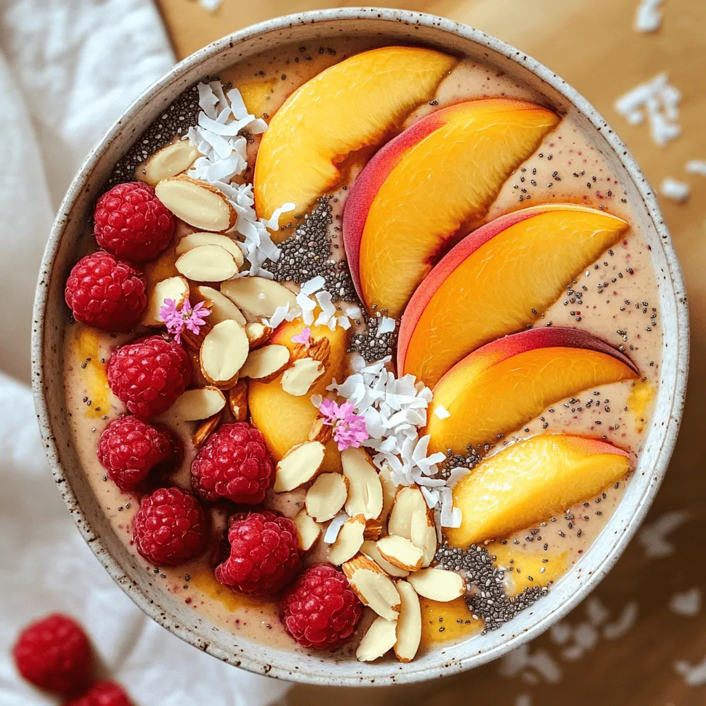 - 2 ripe peaches, pitted and chopped - 1 banana, sliced - 1 cup frozen raspberries These fruits make the base of the Peach Melba Smoothie Bowl. Peaches add a sweet, juicy flavor. Bananas give a creamy texture. Frozen raspberries bring a tangy contrast. Together, they create a refreshing taste. - 1/2 cup Greek yogurt (or plant-based yogurt) - 1/2 cup almond milk (or any milk of your choice) Greek yogurt adds creaminess and protein. You can use plant-based yogurt to keep it dairy-free. Almond milk or any milk helps blend the ingredients smoothly. It keeps the bowl light and tasty. - 1 tablespoon honey or maple syrup (optional) - Toppings: sliced almonds, fresh raspberries, peach slices, chia seeds, coconut flakes You can sweeten your bowl with honey or maple syrup if you like. For toppings, I suggest using sliced almonds for crunch. Fresh raspberries and peach slices add color and flavor. Chia seeds and coconut flakes give a fun texture. Check out the Full Recipe for complete details on making this delicious treat! To start, gather your ingredients. You will need: - 2 ripe peaches, pitted and chopped - 1 banana, sliced - 1 cup frozen raspberries - 1/2 cup Greek yogurt (or plant-based yogurt) - 1/2 cup almond milk (or any milk of your choice) - 1 tablespoon honey or maple syrup (optional) Now, combine the peaches, banana, raspberries, yogurt, almond milk, and honey in a blender. Make sure to add them in this order for easy blending. Next, blend the mixture at high speed. Watch as the fruits and yogurt mix into a smooth base. If you find the smoothie too thick, simply add a little more almond milk. Blend again until you reach your desired consistency. This step is key for a creamy texture. Once blended, pour the smoothie into a bowl. Now comes the fun part: toppings! Add sliced peaches, fresh raspberries, sliced almonds, chia seeds, and coconut flakes. Arrange them nicely to make your bowl look appealing. Serve immediately and enjoy this refreshing treat! For the full recipe, check the details above. To get the right thickness for your Peach Melba smoothie bowl, start with the base ingredients. Use 1/2 cup of almond milk and blend. If it’s too thick, add more almond milk a little at a time. Blend well after each addition. You want a creamy texture, but it should still hold its shape in the bowl. For a creamier feel, add a little more Greek yogurt. This will enhance the smoothness and richness. Remember, you can always make it thinner, but it’s hard to thicken once blended. The way you top your smoothie bowl makes it special. Use a shallow bowl to show off your beautiful ingredients. Start by placing peach slices in a circle around the edge. Next, arrange fresh raspberries in the center. Sprinkle sliced almonds and chia seeds for a nice crunch. Coconut flakes add a tropical vibe. For an extra touch, add a few edible flowers to make your bowl look fancy. This not only makes it pretty but also makes it more fun to eat! Fresh and frozen fruits both have their perks. Fresh peaches taste great and add a juicy bite, but they have a short shelf life. If you pick ripe ones, use them quickly. Frozen raspberries are perfect for this recipe. They blend easily and give a nice chill to your smoothie bowl. Plus, they last longer in your freezer. If using fresh fruits, freeze them before blending to achieve a cool, thick texture. Overall, both types can work well, so choose what suits you best! {{image_2}} You can change up this Peach Melba Smoothie Bowl with different fruits. Try using ripe mangoes for a tropical twist. Mango adds a creamy texture and a sweet flavor. You can also use mixed berries. They provide a tart taste that pairs well with peaches. Seasonal fruit swaps keep the recipe fresh. Plus, they let you explore new flavors. Remember, the fruit you choose can change the smoothie’s color and taste! If you follow a vegan diet, you can still enjoy this bowl. Simply swap Greek yogurt for plant-based yogurt. Almond milk works perfectly. If you want less sugar, skip the honey or maple syrup. You can also use unsweetened yogurt for a lower sugar option. This way, you control the sweetness without losing flavor. These adjustments make the smoothie bowl suitable for everyone. You can boost the flavor and health of your smoothie bowl with spices. Adding a pinch of cinnamon gives warmth and a hint of sweetness. Ginger adds a zing that wakes up your taste buds. You might also consider adding some protein powder. This gives you extra energy for the day. Choose your favorite flavors and add them to the mix. Each adjustment makes the smoothie bowl unique and more nutritious. Enjoy the creative process! For the full recipe, check out the Peach Melba Smoothie Bowl recipe section. To store leftovers in the fridge, pour any unused smoothie into an airtight container. Seal it well to keep air out. This helps maintain freshness. You can keep it in the fridge for up to 24 hours. When ready to enjoy, stir the smoothie to mix the ingredients again. If you want to freeze portions for future smoothies, pour leftovers into ice cube trays. Once frozen, transfer the cubes into a freezer bag. Label the bag with the date and contents. You can freeze the cubes for up to three months. This way, you can blend them with fresh ingredients later. To reheat or refresh, take the frozen cubes out of the bag and let them thaw for a few minutes. Then, place them in a blender with a splash of almond milk. Blend until smooth to restore that creamy texture. This keeps your Peach Melba Smoothie Bowl just as tasty as the first time you made it. For the full recipe, check out the details above. If you can't use Greek yogurt, try these options: - Regular yogurt: It has a similar taste and texture. - Plant-based yogurt: Look for almond or coconut yogurt for dairy-free options. - Silken tofu: This can add creaminess without dairy. - Cottage cheese: It offers a great protein boost and blends well. Yes, you can use fresh peaches! Fresh peaches give a bright taste. However, frozen peaches make the smoothie cooler and thicker. If using fresh, add some ice to chill your bowl. Fresh fruit is often sweeter and more fragrant, but frozen is more convenient. Smoothie bowls are best eaten fresh. If you store leftovers, keep them in an airtight container. They stay good for about one day. After that, they may lose flavor and texture. Stir well before eating. Yes, this smoothie bowl is quite healthy! Here’s why: - Peaches are low in calories but high in vitamins. - Raspberries add fiber and antioxidants. - Greek yogurt gives you protein for energy. - Almond milk is low in calories, too. Overall, it's a great way to start your day or enjoy as a snack. For the full recipe, check the earlier section. This smoothie bowl is a quick and tasty treat. We combined peaches, bananas, and raspberries with yogurt and almond milk to make a creamy base. Toppings add crunch and flavor, making it fun to eat. Remember, you can change up the fruits and toppings based on what you like. Store leftovers in the fridge or freeze them for later. This dish is not just delicious; it’s also healthy. Enjoy creating and sharing your own smoothie bowl masterpiece!