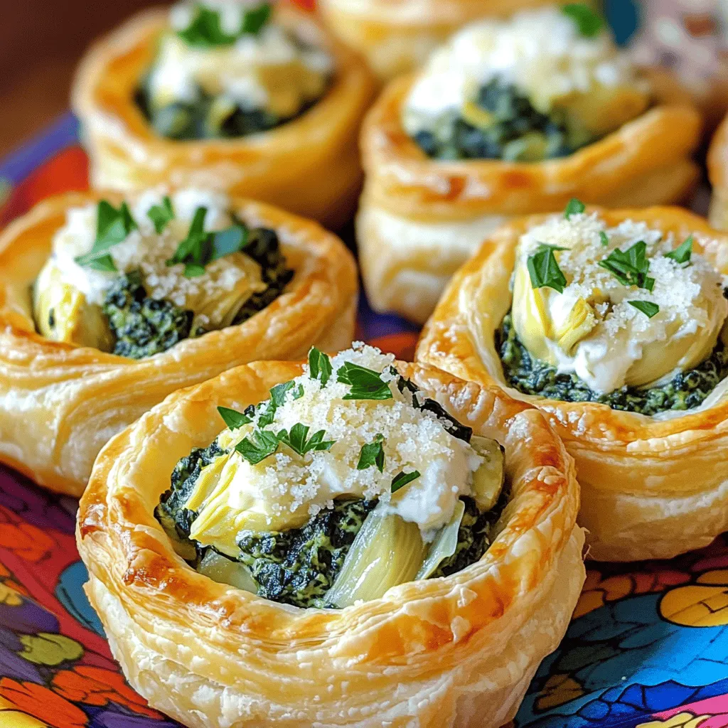 To make these tasty bites, you need: - 1 sheet of puff pastry, thawed - 1 cup fresh spinach, chopped - 1 cup artichoke hearts, drained and chopped - 1/2 cup cream cheese, softened - 1/2 cup shredded mozzarella cheese - 1/4 cup grated Parmesan cheese - 2 garlic cloves, minced - 1 teaspoon lemon juice - Salt and pepper to taste - 1 egg (for egg wash) Using fresh spinach gives a bright flavor. Frozen spinach works too, but you must thaw and drain it well. For artichokes, canned or jarred options are fine. Just make sure they are drained. Fresh ingredients often taste best, but frozen can save time. Both options can work based on what you have. You will need a few simple tools to make this recipe: - Muffin tin - Rolling pin - Round cutter or glass - Mixing bowl - Whisk - Parchment paper These tools help you shape the pastry and mix the filling easily. Having the right equipment makes cooking fun and smooth. For the full recipe with detailed steps, check out the [Full Recipe]. Making spinach artichoke dip bites is simple. First, gather your ingredients. You will need puff pastry, spinach, artichokes, and cheeses. Thaw your puff pastry before starting. Preheat your oven to 400°F (200°C). This will help your bites bake evenly. 1. Roll Out the Pastry: Place your thawed puff pastry on a floured surface. Use a rolling pin to flatten it slightly. The pastry should not be too thick. 2. Cut Circles: Use a round cutter or a glass to cut circles from the pastry. Ensure the circles are big enough for your muffin tin. 3. Press Into Tin: Take each circle and gently press it into the muffin tin. Make sure the pastry covers the bottom and sides. This creates the cup for your filling. 1. Mix Ingredients: In a mixing bowl, add chopped spinach and artichokes. Then, add softened cream cheese, mozzarella, and Parmesan cheese. 2. Flavor the Filling: Next, add minced garlic, lemon juice, salt, and pepper. Stir the mixture until it is smooth and well blended. 3. Fill the Pastry Cups: Spoon the spinach-artichoke mixture into each pastry cup. Fill them evenly to ensure all bites are tasty. This method will give you perfect spinach artichoke dip bites. Follow the [Full Recipe] for precise details. Enjoy making these easy party snacks! When making spinach artichoke dip bites, avoid overfilling your pastry cups. This can cause the mixture to overflow during baking. Another mistake is using cold ingredients. Always make sure your cream cheese is softened for a smooth filling. Lastly, don’t skip the egg wash. It adds a lovely golden color to your bites. To make the best puff pastry cups, roll your pastry evenly. Uneven thickness leads to uneven baking. Always keep your pastry cool. If it gets too warm, it may not puff up as well. Use a sharp cutter to make clean edges. This helps the pastry rise beautifully. Serve these bites warm on a colorful platter. Garnish with fresh parsley for a vibrant touch. You can also sprinkle extra Parmesan on top for added flavor. Pair them with a small bowl of marinara or ranch for dipping. This adds a fun element to your presentation. For more ideas, check the Full Recipe for serving suggestions! {{image_2}} You can switch up the ingredients in spinach artichoke dip bites. For a creamier dip, use ricotta cheese instead of cream cheese. You can also add some chopped red pepper for a sweet touch. If you like spice, toss in a pinch of red pepper flakes. For a different flavor, try using feta cheese instead of Parmesan. This adds a tangy kick to the mix. To make vegan spinach artichoke dip bites, swap cream cheese for a nut-based cream cheese. You can easily find this at stores or make it at home. Use nutritional yeast instead of Parmesan for that cheesy flavor. Don't forget to check that the puff pastry is vegan. Many brands offer great vegan options. This way, you can enjoy the same tasty bites while sticking to a plant-based diet. When serving your spinach artichoke dip bites, think about some fun dipping sauces. A simple marinara sauce works well for those who like a tomato flavor. For a creamy option, try ranch dressing or a garlic aioli. You can also serve them with a spicy sriracha sauce for a kick. Arrange your bites on a platter with these sauces for a vibrant display. It makes for an inviting snack at any party. For the full recipe, check out the earlier section. To store leftover Spinach Artichoke Dip Bites, let them cool completely. Place the bites in an airtight container. Make sure to layer parchment paper between them. This keeps the bites from sticking together. You can store them in the fridge for up to three days. When you want to enjoy your leftovers, reheating is key. Preheat your oven to 350°F (175°C). Place the bites on a baking sheet. Heat them for about 10-15 minutes. This will make the pastry crispy again. You can also use an air fryer. Set it to 350°F and heat for about five minutes for a quick option. If you want to freeze the bites, first cool them completely. Then, arrange them on a baking sheet in a single layer. Freeze them for about an hour. After that, transfer the frozen bites to a freezer bag. You can store them for up to three months. When ready to eat, bake from frozen at 400°F for 20-25 minutes. Enjoy the fresh taste! For the complete recipe, check out the Full Recipe section. Spinach Artichoke Dip Bites can last about three days in the fridge. Store them in an airtight container. If you want them to last longer, freeze them. They can stay good in the freezer for up to three months. Just remember to thaw them in the fridge before reheating. Yes, you can make these bites ahead of time. Prepare the filling and puff pastry cups, and keep them in the fridge. When you are ready to serve, fill the pastry cups and bake. This way, you save time and still have warm bites for your guests. If you don’t have puff pastry, you can use phyllo dough or biscuit dough. Phyllo dough gives a crispy texture, while biscuit dough offers a softer bite. Both options work well, so choose what you have on hand. You can also make your own dough if you feel adventurous! You now know how to make tasty spinach artichoke dip bites. We covered all the important steps, from choosing fresh or frozen ingredients to the tools you need. I shared tips to avoid common mistakes, ways to add your own twist, and how to store leftovers. Remember, these bites are easy to share and impress guests. With a bit of care, they can be a hit at any gathering. Happy cooking and enjoy your delicious creations!