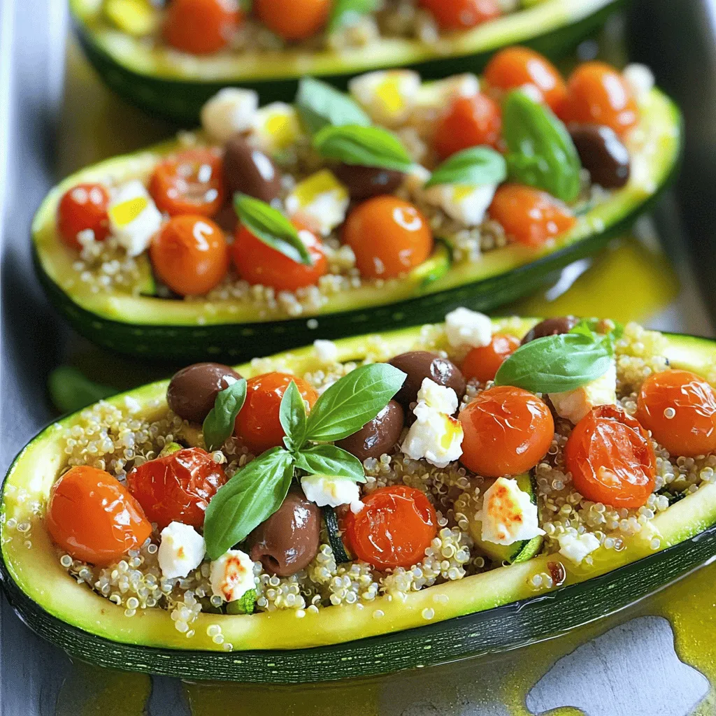 - 4 medium zucchinis - 1 cup cooked quinoa - 1 cup cherry tomatoes, halved - 1/2 cup Kalamata olives, chopped - 1/2 cup feta cheese, crumbled - 1/4 cup red onion, finely chopped - 2 cloves garlic, minced - 1 teaspoon dried oregano - 1 teaspoon paprika - 2 tablespoons olive oil - Salt and pepper to taste - Fresh basil leaves for garnish When I make stuffed zucchini boats, I love how fresh and vibrant the ingredients are. Each item adds its own flavor to the dish. Zucchini serves as a perfect vessel. It holds up well and soaks up the taste of the filling. Quinoa adds a nice texture and protein. The cherry tomatoes burst with sweetness, while Kalamata olives provide a salty kick. Feta cheese adds creaminess and tang, making every bite special. Red onion and garlic give it depth and warmth. - Alternatives for quinoa: You can use rice, couscous, or bulgur if you prefer. Each brings its own flavor and texture. - Vegan cheese options: If you want a vegan dish, try nutritional yeast or a plant-based cheese. Both give a cheesy taste without dairy. - Different herbs and spices to try: You can switch oregano for thyme or basil. Paprika can be replaced with chili powder for some heat. Using fresh ingredients makes the dish even better. With these options, you can customize the recipe to fit your taste. I encourage you to explore and experiment! For the full recipe, check out the details above. 1. Preheat your oven to 375°F (190°C). This step is key for even cooking. 2. Prepare your baking sheet. Line it with parchment paper to prevent sticking. 3. Cut each zucchini in half lengthwise. Use a spoon to scoop out the seeds. This creates a hollow boat for your filling. 1. Sauté garlic and onion. In a large skillet, heat 2 tablespoons of olive oil over medium heat. Add 2 minced garlic cloves and 1/4 cup of finely chopped red onion. Cook until the onion is soft and clear, about 3-4 minutes. 2. Mix filling ingredients. Stir in 1 cup of cooked quinoa, 1 cup of halved cherry tomatoes, 1/2 cup of chopped Kalamata olives, 1 teaspoon of dried oregano, and 1 teaspoon of paprika. Add salt and pepper to taste. Cook this mix for an additional 2-3 minutes to blend the flavors. 1. Fill the zucchini boats. Place each hollowed zucchini half on the prepared baking sheet. Fill each boat with the quinoa mixture. Pack it lightly but generously. 2. Bake the zucchini boats. Place the baking sheet in the oven. Bake for 25-30 minutes, or until the zucchini is tender. It should still hold its shape. 3. Tips for checking doneness. Use a fork to poke the zucchini. If it’s soft but firm, it’s ready. Let them cool for a few minutes before serving. For the full recipe, you can refer back and enjoy making these flavorful stuffed zucchini boats! To prevent soggy zucchini, choose medium-sized ones. Smaller zucchinis hold their shape better. Slice them in half and scoop out the seeds. This helps them cook evenly. Bake at 375°F (190°C) for 25-30 minutes. The zucchini should be tender yet firm. Check them after 25 minutes. You want them soft but not mushy. To serve, arrange the stuffed zucchini boats on a large platter. Place them close together for a nice look. Drizzle with olive oil for extra flavor. For garnishing, use fresh herbs like basil or parsley. A sprinkle of feta on top adds a nice touch too. This makes the dish pop with color and taste. {{image_2}} You can switch up the flavors in stuffed zucchini boats to suit your taste. Here are two great styles: - Mediterranean-style: Use quinoa, feta cheese, and olives. Add tomatoes and fresh herbs like basil or parsley for a bright taste. - Italian-style: Swap in ground meat, like turkey or beef, instead of quinoa. Add marinara sauce and mozzarella cheese. This gives a hearty, classic flavor. You can also go vegetarian or meat-filled. For a veggie option, use beans, veggies, or grains. For meat lovers, fill the boats with sausage, chicken, or any protein you enjoy. Mix and match these ideas for fun new meals. If you need to follow specific diets, stuffed zucchini boats can work for you: - Gluten-free adaptations: Use quinoa or rice as a base. Check that any sauces or cheeses are gluten-free. Most veggies are already safe! - Low-carb alternatives: Instead of grains, fill the boats with cheese, meat, or veggies. This keeps the dish tasty while lowering carbs. Experimenting with these variations helps you create meals that fit your needs. Check out the Full Recipe for more ideas! To keep your stuffed zucchini boats fresh, follow these simple steps: - Refrigeration: Place leftovers in an airtight container. This keeps them safe and tasty. They will stay good for 3 to 4 days in the fridge. - Freezing: If you want to save them longer, you can freeze them. Wrap each zucchini boat in plastic wrap, then place them in a freezer-safe bag. They will last for about 2 to 3 months in the freezer. When you're ready to enjoy your leftovers, here’s how to reheat them: - Best methods: The oven works best for reheating. Preheat it to 350°F (175°C). Place the zucchini boats on a baking sheet and heat for about 15 minutes. This keeps them warm and crispy. - Microwave option: If you’re short on time, use the microwave. Heat for 1-2 minutes, but expect a softer texture. - Tips to retain flavor and texture: Cover the zucchini with a damp paper towel when using the microwave. This helps keep them moist. If using the oven, you can drizzle a bit of olive oil before reheating to enhance the flavor. For the full recipe, check out the Zesty Mediterranean Stuffed Zucchini Boats. How long can I store stuffed zucchini boats in the fridge? You can store stuffed zucchini boats in the fridge for up to three days. Make sure to place them in an airtight container. This keeps them fresh and tasty. Can I make stuffed zucchini boats in advance? Yes, you can make stuffed zucchini boats in advance. Just prepare the filling and hollow out the zucchinis. Store them separately in the fridge. When ready, fill the zucchini and bake as directed. What temperature should zucchini be cooked to? Zucchini should be cooked until it is tender. Aim for a temperature of about 375°F (190°C). This helps maintain its shape while ensuring a soft texture. What can I serve with stuffed zucchini boats? You can serve stuffed zucchini boats with a side salad or garlic bread. A light vinaigrette or yogurt sauce also pairs well. These sides add freshness and contrast to the meal. Stuffed zucchini boats offer a simple and tasty dish with endless options. We covered the recipe, ingredient substitutes, and helpful tips to make your cooking easier. You can mix flavors and adapt for any diet. Don’t forget to store leftovers properly for later meals. Remember, cooking is all about fun and creativity. Enjoy your stuffed zucchini creations and share them with others!