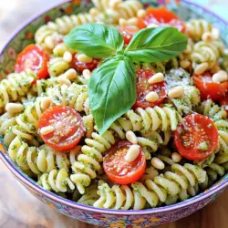 This dish shines with simple, fresh ingredients. Here’s what you need: - 2 cups fusilli pasta - 1 cup cherry tomatoes, halved - 1 cup fresh basil leaves - 1/3 cup pine nuts, lightly toasted - 1/2 cup grated Parmesan cheese - 3 tablespoons olive oil - 1 tablespoon lemon juice - Salt and pepper to taste To make your salad even better, consider adding: - 1/4 teaspoon crushed red pepper flakes for spice - A drizzle of balsamic vinegar for sweetness - Grilled chicken or shrimp for protein - Fresh mozzarella for creaminess You’ll need a few tools to whip up this salad: - A large pot for boiling pasta - A food processor for making pesto - A mixing bowl for combining ingredients - A measuring cup and spoons for accuracy - A serving bowl for presentation This recipe is a great way to enjoy fresh flavors. For the complete process, check the Full Recipe. Start by boiling water in a large pot. Add a pinch of salt to the water. Once it boils, add 2 cups of fusilli pasta. Cook according to the package instructions until the pasta is al dente. This usually takes about 8 to 10 minutes. After cooking, drain the pasta and rinse it under cold water. This stops the cooking and cools it down for the salad. Now it's time to make the pesto. Gather your ingredients: 1 cup of fresh basil leaves, 1/3 cup of toasted pine nuts, 1/2 cup of grated Parmesan cheese, 3 tablespoons of olive oil, and 1 tablespoon of lemon juice. You’ll also need salt and pepper to taste. Place all these ingredients in a food processor. Blend them until you have a smooth mixture. This fresh pesto adds amazing flavor to your pasta salad. In a large mixing bowl, combine the cooled pasta and 1 cup of halved cherry tomatoes. Next, add the fresh basil pesto you made. Toss everything gently so the pasta is evenly coated. If you like some heat, sprinkle in 1/4 teaspoon of crushed red pepper flakes. Adjust the seasoning with more salt and pepper if needed. Let the salad sit for at least 10 minutes to let the flavors mix. You can find the full recipe for this amazing dish to guide you. To create the best pesto, use fresh basil. Make sure your basil is bright green. Wash the leaves and dry them well. Next, toast the pine nuts in a dry pan. This step adds a nice flavor. In a food processor, blend the basil, nuts, Parmesan cheese, olive oil, and lemon juice. Blend until smooth. Taste and adjust salt and pepper. A perfect pesto should be vibrant and smooth. When cooking fusilli pasta, start with a large pot of salted water. Boil the water first. Add the pasta and stir it right away. Cook until al dente, which means firm to the bite. This usually takes about 8 to 10 minutes. Drain the pasta but do not rinse it right away. Rinsing removes the starch that helps the pesto stick. When serving your pesto pasta salad, use a big bowl. This allows everyone to mix and serve easily. Garnish with extra pine nuts and fresh basil for a pop of color. You can also drizzle a bit more olive oil on top. This step makes it look great and adds flavor. Enjoy your salad at room temperature or chilled. For a twist, serve it alongside grilled chicken or shrimp. This dish is light, fresh, and perfect for any meal. For the full recipe, check out the section above. {{image_2}} You can change up your pesto pasta salad with seasonal veggies. Fresh, bright veggies make this dish pop. Use bell peppers, zucchini, or even asparagus. They add crunch and color. You can roast or sauté them for a warm twist. Just make sure to chop them into bite-sized pieces. This way, they mix well with the pasta and pesto. If you want a heartier salad, add some protein. Grilled chicken or shrimp works great. You could also use canned chickpeas for a quick option. Just rinse and drain them before adding. Another tasty choice is diced mozzarella or feta cheese. These options make your salad more filling and satisfying. For a vegan version, swap out the cheese. Use nutritional yeast instead. It gives a cheesy flavor without dairy. You can also replace the Parmesan with a nut-based cheese. For the pesto, use a vegan-friendly oil and nuts. Avoid cheese altogether to keep it light and fresh. These changes keep the salad tasty while meeting different dietary needs. Store leftover pesto pasta salad in an airtight container. This keeps it fresh and tasty. If you plan to eat it later, cover the salad well. You can keep it in the fridge for up to three days. Just make sure it’s sealed tight to avoid drying out. If you like it warm, gently heat the salad on the stove. Add a splash of olive oil to keep it moist. Heat it over low heat, stirring often. If you prefer it cold, just take it out of the fridge. Let it sit for a few minutes to reach room temperature. This helps the flavors pop! The shelf life of each ingredient varies. Fresh basil lasts about a week in the fridge. Cherry tomatoes can stay fresh for about five days. Grated Parmesan cheese lasts a month if stored well. Pine nuts can go bad quickly if not kept cool. Store them in the fridge for the best taste. For the full recipe, you can refer back to the main section. Yes, you can make the pesto ahead of time. Store it in a jar. Cover the top with a thin layer of olive oil to keep it fresh. This way, it won’t turn brown. You can keep it in the fridge for up to a week. Just give it a good stir before using. If you don’t have pine nuts, don’t worry! You can use walnuts, almonds, or even sunflower seeds. These nuts will give a nice flavor too. Just toast them lightly to bring out their taste. Each nut offers a unique twist to your pesto. To keep pasta from sticking, use plenty of water when cooking. Add a pinch of salt for flavor. Stir the pasta often while it cooks. Once done, drain and rinse it with cold water. This stops the cooking and cools it down fast. You can also toss it with a bit of olive oil to help. Pesto pasta salad is easy and fun to make. We covered key ingredients and tools needed for a tasty dish. You learned how to cook pasta, make pesto from scratch, and mix everything together. Remember tips for the best flavor and creative variations to switch things up. Store leftovers properly to enjoy later. Making your own pesto opens up many delicious options. Enjoy your fresh, flavorful salad!