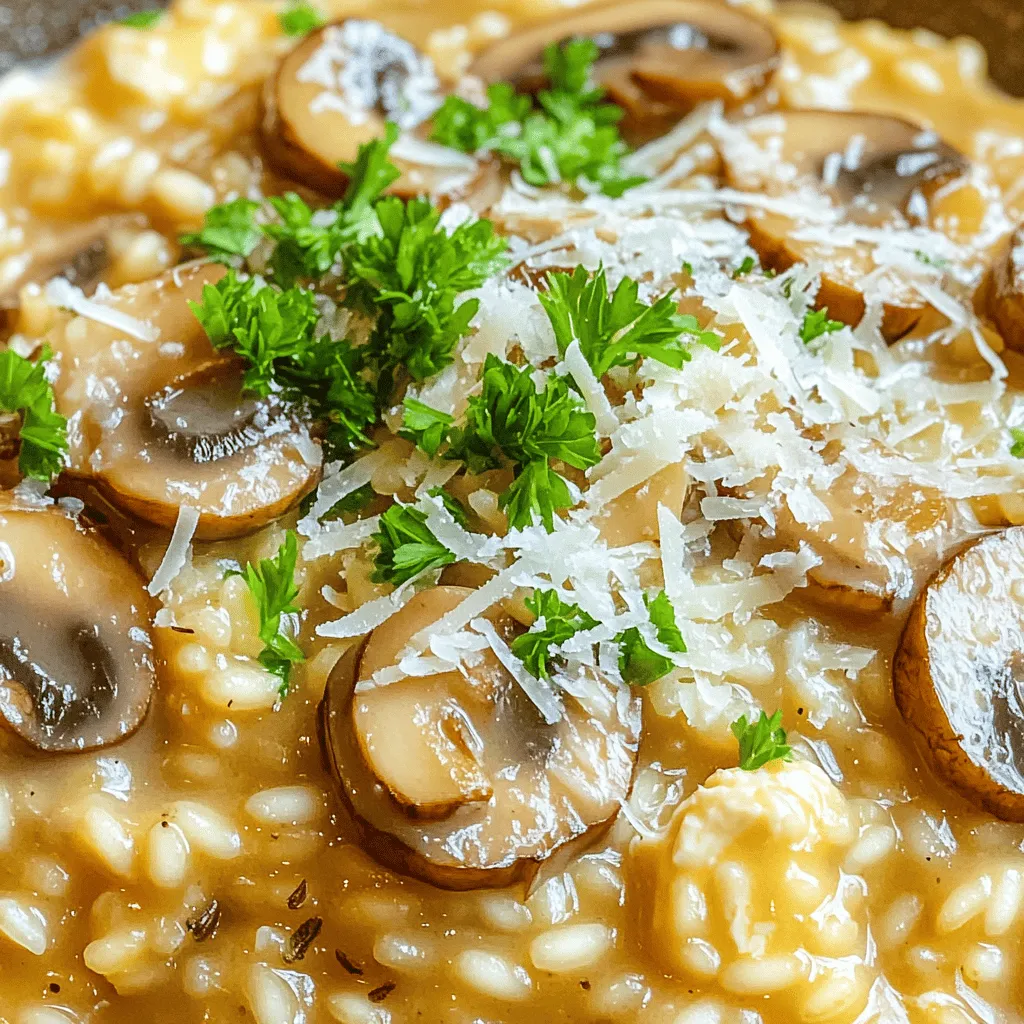 The main ingredients for creamy mushroom risotto are simple yet flavorful. Here’s what you need: - 1 cup Arborio rice - 4 cups vegetable broth (preferably homemade) - 1 cup mushrooms (shiitake, cremini, or a mix), sliced - 1 small onion, finely chopped - 2 cloves garlic, minced - 1/2 cup fresh parmesan cheese, grated - 1/4 cup cream cheese - 3 tablespoons olive oil - 1 tablespoon fresh thyme leaves (or 1 teaspoon dried thyme) - Salt and pepper to taste - Fresh parsley, chopped (for garnish) These ingredients create a rich and creamy dish. Arborio rice is key. It absorbs liquid well and gives risotto its creamy texture. You can add a few optional ingredients to elevate the flavor: - A splash of white wine for depth. - A squeeze of lemon juice for brightness. - Peas or spinach for added color and nutrients. - Truffle oil for a gourmet touch. Feel free to get creative. Each ingredient adds its charm and makes the dish your own. This risotto is vegetarian. To make it vegan, replace cream cheese and parmesan with plant-based options. Use nutritional yeast for a cheesy flavor. Ensure your vegetable broth is vegan too. This way, everyone can enjoy this creamy mushroom risotto! Start by heating your vegetable broth in a saucepan. Keep it on low heat. This keeps the broth warm while you cook. Warm broth helps the rice cook evenly. You’ll need about four cups for this recipe. Homemade broth tastes best, but store-bought works too. In a large skillet, heat three tablespoons of olive oil over medium heat. Add one finely chopped onion. Sauté it for three to four minutes until it’s soft and clear. Next, add two minced cloves of garlic and one cup of sliced mushrooms. I like using a mix of shiitake and cremini mushrooms for a rich flavor. Cook this mixture for around five to seven minutes. The mushrooms should soften and release their moisture. Now it’s time for the Arborio rice. Measure one cup and add it to your skillet. Stir it well to coat the rice in the oil. Let it toast for one to two minutes. This step adds a nice nutty flavor to the risotto. Begin adding the warm vegetable broth one ladle at a time. Stir frequently and wait until most of the liquid is absorbed. This process takes about 18 to 20 minutes. You want the rice to be al dente, which means it should still have a slight bite. Once cooked, stir in half a cup of grated parmesan cheese and a quarter cup of cream cheese. This makes the risotto creamy and rich. Finally, fold in fresh thyme leaves and season with salt and pepper. If you want the full recipe, check it out. Enjoy your creamy mushroom risotto! To get that creamy texture in your risotto, use Arborio rice. This rice has a lot of starch. The starch helps create a rich and smooth sauce. Always keep your broth warm on the stove while cooking. This helps the rice cook evenly. Add the broth slowly, one ladle at a time. Stir often and wait until most of the liquid soaks in before adding more. This makes sure the rice absorbs all the flavors. You can also mix in cream cheese and parmesan cheese at the end for extra creaminess. One common mistake is cooking the rice too fast. Keep the heat medium to low. Another mistake is not stirring enough. Stirring helps release starch. This gives you that nice creamy sauce. Don’t add all the broth at once. Doing this makes it hard for the rice to absorb the flavors. Lastly, many forget to season well. Taste your risotto and add salt and pepper as needed. Using the right tools makes cooking risotto easier. A heavy-bottomed pot is best. It helps distribute heat evenly. A wooden spoon is great for stirring. It won't scratch your pot and gives you better control. A ladle is perfect for adding broth. If you have a thermometer, it helps check the broth's temperature. A good cutting board and knife make chopping veggies easy. For the full recipe, check out the Creamy Mushroom Risotto section. {{image_2}} You can easily add protein to your creamy mushroom risotto. Grilled chicken works well. Just slice it and mix it in at the end. Shrimp is another great choice. Cook shrimp separately and add it just before serving. This makes the dish heartier and more filling. You can also use cooked sausage or even tofu for a veggie option. Each adds its own flavor and texture. Herbs and spices can change the taste of your risotto. Try using fresh basil or rosemary for a different twist. You could also add a pinch of red pepper flakes for some heat. Experiment with spices like paprika or saffron for a unique flavor. These options let you create a risotto that fits your taste. It’s fun to mix and match! Adding vegetables can brighten your risotto. Peas, spinach, or asparagus all work great. Just cook them briefly and stir them in at the end. You can also add nuts for crunch. Toasted pine nuts or walnuts add a nice texture. Just sprinkle them on top before serving. These add-ins can make your creamy mushroom risotto even more special. You can find the full recipe for all these ideas in the [Full Recipe]. To store leftover risotto, let it cool first. Place it in an airtight container. Make sure to cover it tightly. Leftover risotto stays fresh for about three days in the fridge. If you plan to eat it later, store it as soon as possible. This keeps it tasty and safe. When you reheat risotto, add a splash of broth or water. This helps restore the creamy texture. Use a saucepan over low heat. Stir often to prevent sticking. You can also use a microwave. Heat in short bursts, stirring in between. This way, you keep it warm without drying it out. Freezing risotto is a great way to save it. Divide it into small portions before freezing. Use freezer bags or containers. Remove as much air as you can. Label each bag with the date. When ready to eat, thaw it in the fridge overnight. Reheat gently on the stove, adding a little broth. This keeps your risotto creamy and delicious. For the full recipe, check out the Creamy Mushroom Risotto section above. Risotto can last in the fridge for about three days. Make sure to store it in an airtight container. This keeps it fresh and safe to eat. If you want to enjoy it later, cool it down quickly. You can do this by spreading it on a plate. This helps it chill faster. When you're ready to eat, just reheat it on the stove or in the microwave. You can prepare risotto in advance, but it's best to finish cooking it fresh. If you want to make it ahead, cook the rice until it is just underdone. This means it should still have a bit of bite. Cool it down and store it in the fridge. When you want to serve, just add some broth and finish cooking it. This way, the risotto stays creamy and tasty. Creamy mushroom risotto pairs well with many dishes. Here are a few great options: - Grilled chicken for a protein boost - Sautéed greens like spinach or kale for freshness - A simple salad with mixed greens for crunch - Roasted vegetables for added flavor These sides complement the rich taste of the risotto. They add balance to your meal. For the full recipe, check out the Creamy Mushroom Risotto section above. Creamy mushroom risotto is a simple yet rich dish. We discussed the main and optional ingredients that make it shine. Cooking method and key steps ensure a creamy texture. Tips helped you avoid common mistakes. Variations like adding proteins and herbs keep it exciting. In all, this dish is adaptable and forgiving, making it perfect for any cook. Enjoy making this comforting meal that delights everyone at your table.