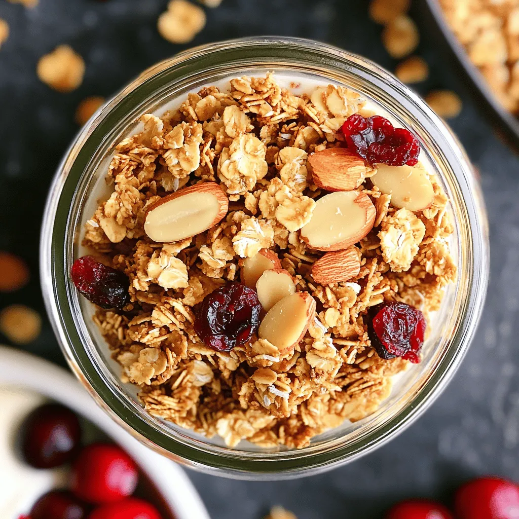 For this crunchy almond maple granola, you will need: - 3 cups rolled oats - 1 cup sliced almonds - 1/2 cup chopped pecans - 1/2 cup unsweetened coconut flakes - 1/4 cup chia seeds - 1/2 teaspoon salt - 1 teaspoon ground cinnamon - 1/3 cup maple syrup - 1/4 cup coconut oil, melted - 1 teaspoon vanilla extract - 1 cup dried cranberries or raisins (optional) Using high-quality ingredients makes a big difference. Fresh rolled oats give the best texture. Organic almonds and pecans add rich flavors. The right coconut flakes enhance sweetness without being too strong. Always choose pure maple syrup for its natural taste. It is healthier than processed sweeteners. Good quality coconut oil adds a nice crunch and flavor. These choices boost the taste and nutrition of your granola. You can easily swap some ingredients for others. If you have no almonds, try walnuts or hazelnuts. You can use sunflower seeds instead of chia seeds. For a nut-free version, just skip the nuts. Use agave syrup if you prefer a vegan option. You can also replace coconut oil with olive oil. Get creative and make it your own! For the [Full Recipe], check the instructions above. Start by gathering all your ingredients. You need rolled oats, sliced almonds, chopped pecans, coconut flakes, chia seeds, salt, and ground cinnamon. Measure each ingredient carefully. Place the dry ingredients in a large bowl. Mix them well until they are evenly combined. This step is key for flavor. Next, prepare the wet mixture. In a smaller bowl, whisk together the maple syrup, melted coconut oil, and vanilla extract. Make sure this mixture is smooth. It helps to bind the dry ingredients together. Preheat your oven to 350°F (175°C). This ensures even cooking. Line a baking sheet with parchment paper for easy cleanup. Spread the granola mixture evenly on the sheet. Bake the granola for 20-25 minutes. Halfway through, stir it well to prevent burning. The granola should turn golden brown and smell great. Keep an eye on it near the end. Ovens can vary. You want to achieve that perfect color without overbaking. Stirring is crucial for crunchy granola. When you stir halfway through baking, break up any clumps. This helps the heat reach all parts of the granola. After baking, let it cool completely on the sheet. It will harden as it cools. If you want extra sweetness, mix in dried cranberries or raisins after it cools. For the full recipe, you can refer to the previous section. Enjoy your crunchy and healthy snack! To keep your granola fresh, store it in an airtight container. This will keep out moisture and air, which can make it soggy. A glass jar works well. You can also use a plastic container with a tight lid. Store it at room temperature for up to two weeks. If you want it to last longer, you can freeze it. Just make sure you use a freezer-safe bag or container. When you want to eat it, let it thaw at room temperature. Granola is very easy to customize. You can change nuts, seeds, and sweeteners based on your taste. Want a nut-free version? Just leave out the nuts and add more seeds. For a sweeter taste, try using honey instead of maple syrup. You can also add spices like nutmeg or ginger for a different flavor. Dried fruits like raisins or apricots add nice sweetness. You can even mix in chocolate chips after baking for a treat. Be creative and make a recipe that fits you! Granola is tasty on its own, but you can make it even better. Try serving it with yogurt for a creamy snack. You can add fresh berries or sliced bananas for extra flavor. Granola also works well with milk as a breakfast option. If you like smoothies, sprinkle some granola on top for added crunch. You can even use granola as a topping for desserts like ice cream. The options are endless! Check the [Full Recipe] for more ideas. {{image_2}} You can make a nut-free granola. Just swap nuts for seeds. Sunflower seeds and pumpkin seeds work great. These seeds add crunch and nutrients. Use the same amount as nuts in the recipe. You will still get a tasty snack without nuts. Do you love chocolate? Add mini chocolate chips to your granola. Stir in half a cup after baking. The heat will melt the chips slightly. This gives you a sweet and crunchy treat. Kids and adults will enjoy this version. Fruits can change your granola's taste. In spring, mix in dried strawberries. In summer, try dried blueberries. In fall, add dried apples or pears. In winter, dried cranberries make a nice touch. Just add a cup of dried fruit to your mix. This will brighten your granola and add flavor. Remember, the options are endless. Get creative and make your granola unique! For the complete recipe, check out the Full Recipe above. To keep your granola fresh, use an airtight container. Glass jars work well. You can also use plastic containers with tight lids. Store the granola in a cool, dry place. Avoid hot or humid spots like near the stove. This helps prevent sogginess. For longer storage, consider the fridge. However, make sure it’s fully cooled before sealing. Homemade granola stays fresh for about two weeks. It may last longer if stored properly. Check it often to ensure it stays crunchy. You can also freeze granola for up to three months. Just place it in a freezer-safe bag. When you need some, thaw it at room temperature. Granola is stale if it feels soft or chewy. It should be crunchy and airy. If you notice any off smells, it’s best to throw it away. Also, look for any signs of mold or pests. Fresh granola should smell sweet and nutty. If it doesn’t, it may be time to toss it. To make granola clump together, use a sticky sweetener like maple syrup. This helps the oats and nuts stick. Mix the wet ingredients well with the dry ones. Spread the mixture evenly on the baking sheet. Bake it without stirring for the first half of the time. This creates clusters. Once baked, let it cool fully before breaking it apart. The cooling step is key. Yes, you can use quick oats. They will make a softer granola. Quick oats absorb moisture more quickly. This means your granola might not get as crunchy. If you want a chewy texture, stick with rolled oats. They hold their shape better during baking. Homemade granola offers many health benefits. You control the ingredients, which is great. It is often lower in sugar than store-bought. You can add seeds and nuts for extra fiber and protein. Granola can give you energy for your day. It also provides healthy fats. Adding dried fruit adds vitamins too. You can enjoy it with yogurt or milk for a balanced meal. For the full recipe, check out the Crunchy Almond Maple Granola. In this blog post, we covered the essentials of making granola. We explored quality ingredients and their importance. You learned about substitutions to fit your tastes. The step-by-step instructions guide you through preparation and baking. Tips for storage keep your granola fresh longer. Remember, making granola allows you to be creative. Customize it to suit your preferences. Enjoy your tasty creations!