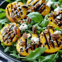 - Ripe peaches - Arugula or mixed greens - Goat cheese - Pecans - Balsamic glaze - Olive oil - Salt and pepper - Fresh basil leaves (optional) When making this grilled peach salad with goat cheese, the right ingredients make all the difference. Start with ripe peaches. Look for peaches that are soft and fragrant. They should yield slightly when you press them. This means they will be juicy and sweet. Next, choose your greens. Arugula offers a peppery bite, while mixed greens provide a mild taste. Both work well in this salad. Goat cheese adds a creamy texture and tangy flavor. Crumble it over the salad just before serving for a delightful touch. Pecans bring a nice crunch. Toast them lightly to enhance their flavor. Balsamic glaze is a sweet and tangy finish. It ties all the flavors together. Use high-quality olive oil for drizzling. It adds richness and depth. Don’t forget salt and pepper to taste. They enhance all the flavors in the dish. Lastly, fresh basil leaves add a pop of color and aroma. They are optional, but I highly recommend them. - Calories per serving: Approximately 250 - Macronutrients: - Fats: 18g - Carbohydrates: 18g - Proteins: 6g - Dietary considerations: This salad is gluten-free and vegetarian. This grilled peach salad with goat cheese is not just tasty but also healthy. It's a great choice for a light meal or side dish. You can find the full recipe in the article. - Preheating the grill: Start by preheating your grill to medium-high heat. This is key for perfect grill marks. A hot grill helps the peaches caramelize well. - Preparing the peaches: Halve and pit four ripe peaches. Brush each half with olive oil. Sprinkle a pinch of salt and pepper on them. This enhances their natural sweetness. - Grilling time and technique: Place the peach halves cut-side down on the grill. Grill them for about 3-4 minutes. Look for nice grill marks and slight softening. - How to check for doneness: Gently press the peaches with tongs. If they feel soft but not mushy, they are ready. Remove them from the grill and let them cool slightly. - Layering ingredients for best presentation: In a large bowl, toss your arugula with olive oil, salt, and pepper. On a serving platter, layer the dressed arugula first. Place your grilled peach halves on top. - Tips for drizzling balsamic glaze: Before serving, drizzle the balsamic glaze over the salad. This adds a sweet and tangy finish. You can use a spoon for more control. A little goes a long way! For the full details on this delicious recipe, check out the Full Recipe. To get soft and juicy peaches, choose ripe ones. A ripe peach will give slightly when you press it. Brush your peaches with olive oil. This keeps them moist and helps them grill better. Place them cut-side down on the grill. Grill for 3 to 4 minutes. Keep an eye on them to avoid overcooking. You want those lovely grill marks and a bit of softness. If you don't have goat cheese, feta is a great swap. It offers a similar tangy taste. For greens, arugula shines, but you can use mixed greens too. Spinach or kale also work well and add a different flavor. This makes your salad fun and unique. You can make a simple vinaigrette with olive oil and vinegar. Mix three parts oil with one part vinegar for balance. Add salt and pepper for extra taste. If you love balsamic glaze, drizzle it over your salad. Its sweet flavor pairs perfectly with grilled peaches and goat cheese. This combination truly elevates the dish. For the full recipe, check out the Grilled Peach Salad with Goat Cheese. {{image_2}} You can make this salad even more exciting by adding proteins. Grilled chicken or shrimp works well. Simply cook them on the grill alongside the peaches. Their savory flavor pairs perfectly with the sweet peaches and creamy goat cheese. You can also use seasonal fruits. Try strawberries in spring or figs in fall. Each fruit adds a unique taste and texture. You can experiment with whatever is fresh and available. To make this salad vegan, swap the goat cheese for a plant-based cheese. You can also use a creamy avocado instead. This keeps the rich texture while making it dairy-free. If you're watching carbs, skip the pecans. You can also reduce the balsamic glaze. Adding more greens can keep the volume high without the extra carbs. For a Mediterranean twist, add olives and roasted red peppers. These ingredients bring in salty and sweet notes that complement the peaches. If you want an Asian flair, sprinkle sesame seeds and add soy sauce to the dressing. This will give the salad a whole new taste. Each twist adds fun and flavor, making it your own. For the complete recipe, check out the Full Recipe section. To store your grilled peach salad, place it in an airtight container. If you plan to eat it later, keep the dressing separate. This keeps the greens fresh and crisp. When storing, try to avoid stacking the salad too high. This helps prevent bruising the peaches and crumbling the goat cheese. You can prep the components in advance. Grill the peaches and let them cool. Store them in the fridge for up to two days. You can wash and dry the arugula or greens ahead of time. To keep it fresh, wrap it in a damp paper towel and place it in a sealed bag. For assembly, just layer the arugula, grilled peaches, and toppings right before serving. The salad lasts about three days in the fridge. However, the greens may wilt sooner. Look for signs of spoilage, like brown edges on the arugula or a sour smell from the goat cheese. If you notice these signs, it’s best to toss the salad. Enjoy your meal while it’s fresh! For the full recipe, check out the earlier sections. Can I use canned peaches instead? Yes, you can use canned peaches. However, fresh peaches taste better. Canned peaches may be too soft. If you use them, drain and pat dry. You might skip grilling them. Is it possible to grill the salad? Grilling the salad itself is not common. You can grill the greens lightly, but it changes the texture. Stick to grilling the peaches for the best flavor. Best drinks to pair with the salad This salad pairs well with white wine. A crisp Sauvignon Blanc enhances the flavors. If you prefer non-alcoholic drinks, try sparkling water with lemon. Creating a full meal with this dish To make a full meal, add a protein. Grilled chicken or shrimp works great. You can also serve bread on the side for a complete feast. Scaling the recipe for larger gatherings To serve more people, just double the ingredients. Use eight peaches, eight cups of greens, and so on. This salad is easy to scale for any event. Individual servings or meal prep ideas For meal prep, divide the salad into jars. Layer the ingredients to keep them fresh. Add the balsamic glaze just before eating to avoid sogginess. For the full recipe, refer to the main article. This salad combines ripe peaches, greens, and goat cheese for a fresh taste. You learned how to grill peaches and assemble the salad for a perfect dish. Use the tips to customize it and enhance flavors. Whether vegan or with added proteins, this salad fits your needs. Store it properly and enjoy for days. Make it your own with different ingredients or dressings. Now, you have the tools to impress at any meal. Enjoy creating and sharing this delicious recipe!