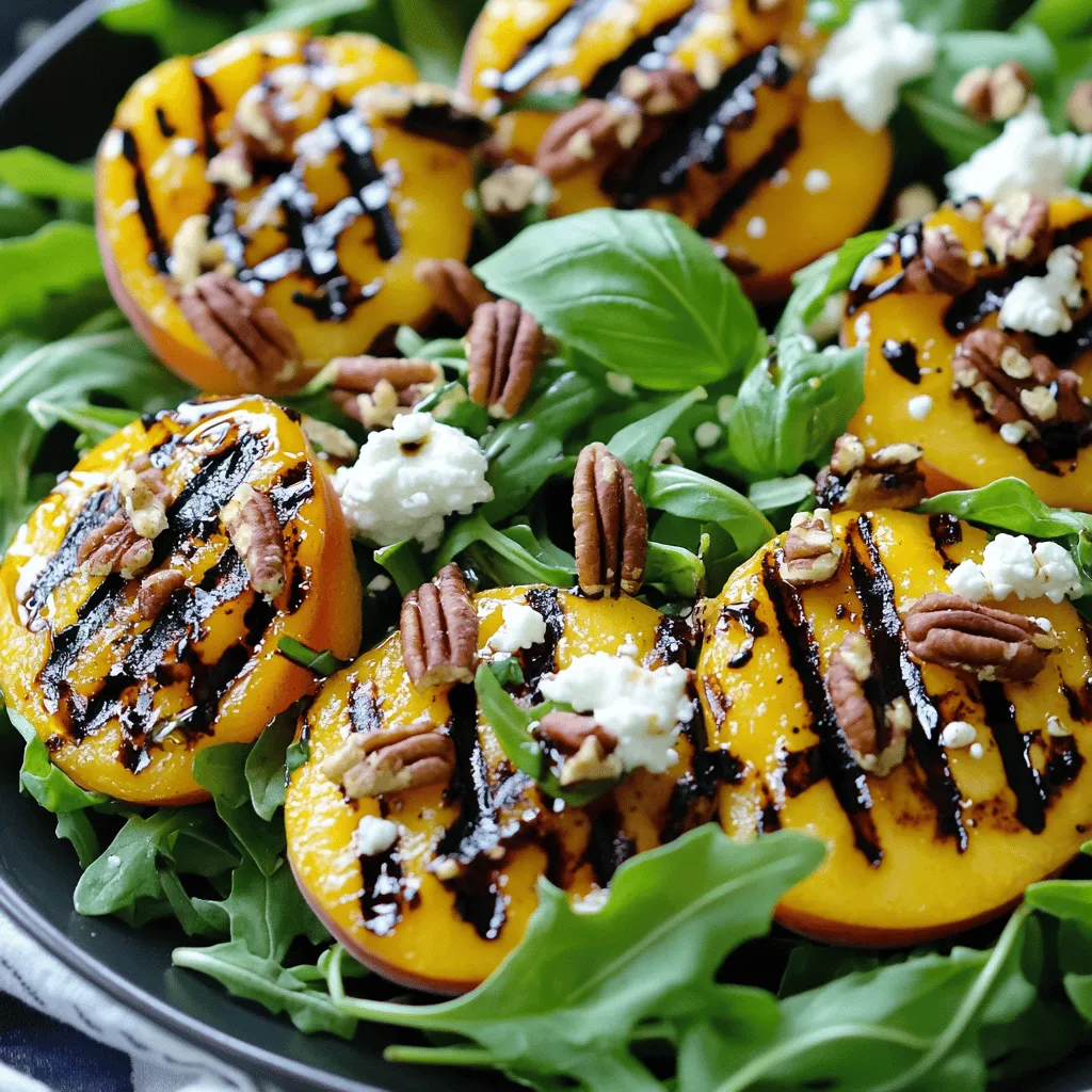 - Ripe peaches - Arugula or mixed greens - Goat cheese - Pecans - Balsamic glaze - Olive oil - Salt and pepper - Fresh basil leaves (optional) When making this grilled peach salad with goat cheese, the right ingredients make all the difference. Start with ripe peaches. Look for peaches that are soft and fragrant. They should yield slightly when you press them. This means they will be juicy and sweet. Next, choose your greens. Arugula offers a peppery bite, while mixed greens provide a mild taste. Both work well in this salad. Goat cheese adds a creamy texture and tangy flavor. Crumble it over the salad just before serving for a delightful touch. Pecans bring a nice crunch. Toast them lightly to enhance their flavor. Balsamic glaze is a sweet and tangy finish. It ties all the flavors together. Use high-quality olive oil for drizzling. It adds richness and depth. Don’t forget salt and pepper to taste. They enhance all the flavors in the dish. Lastly, fresh basil leaves add a pop of color and aroma. They are optional, but I highly recommend them. - Calories per serving: Approximately 250 - Macronutrients: - Fats: 18g - Carbohydrates: 18g - Proteins: 6g - Dietary considerations: This salad is gluten-free and vegetarian. This grilled peach salad with goat cheese is not just tasty but also healthy. It's a great choice for a light meal or side dish. You can find the full recipe in the article. - Preheating the grill: Start by preheating your grill to medium-high heat. This is key for perfect grill marks. A hot grill helps the peaches caramelize well. - Preparing the peaches: Halve and pit four ripe peaches. Brush each half with olive oil. Sprinkle a pinch of salt and pepper on them. This enhances their natural sweetness. - Grilling time and technique: Place the peach halves cut-side down on the grill. Grill them for about 3-4 minutes. Look for nice grill marks and slight softening. - How to check for doneness: Gently press the peaches with tongs. If they feel soft but not mushy, they are ready. Remove them from the grill and let them cool slightly. - Layering ingredients for best presentation: In a large bowl, toss your arugula with olive oil, salt, and pepper. On a serving platter, layer the dressed arugula first. Place your grilled peach halves on top. - Tips for drizzling balsamic glaze: Before serving, drizzle the balsamic glaze over the salad. This adds a sweet and tangy finish. You can use a spoon for more control. A little goes a long way! For the full details on this delicious recipe, check out the Full Recipe. To get soft and juicy peaches, choose ripe ones. A ripe peach will give slightly when you press it. Brush your peaches with olive oil. This keeps them moist and helps them grill better. Place them cut-side down on the grill. Grill for 3 to 4 minutes. Keep an eye on them to avoid overcooking. You want those lovely grill marks and a bit of softness. If you don't have goat cheese, feta is a great swap. It offers a similar tangy taste. For greens, arugula shines, but you can use mixed greens too. Spinach or kale also work well and add a different flavor. This makes your salad fun and unique. You can make a simple vinaigrette with olive oil and vinegar. Mix three parts oil with one part vinegar for balance. Add salt and pepper for extra taste. If you love balsamic glaze, drizzle it over your salad. Its sweet flavor pairs perfectly with grilled peaches and goat cheese. This combination truly elevates the dish. For the full recipe, check out the Grilled Peach Salad with Goat Cheese. {{image_2}} You can make this salad even more exciting by adding proteins. Grilled chicken or shrimp works well. Simply cook them on the grill alongside the peaches. Their savory flavor pairs perfectly with the sweet peaches and creamy goat cheese. You can also use seasonal fruits. Try strawberries in spring or figs in fall. Each fruit adds a unique taste and texture. You can experiment with whatever is fresh and available. To make this salad vegan, swap the goat cheese for a plant-based cheese. You can also use a creamy avocado instead. This keeps the rich texture while making it dairy-free. If you're watching carbs, skip the pecans. You can also reduce the balsamic glaze. Adding more greens can keep the volume high without the extra carbs. For a Mediterranean twist, add olives and roasted red peppers. These ingredients bring in salty and sweet notes that complement the peaches. If you want an Asian flair, sprinkle sesame seeds and add soy sauce to the dressing. This will give the salad a whole new taste. Each twist adds fun and flavor, making it your own. For the complete recipe, check out the Full Recipe section. To store your grilled peach salad, place it in an airtight container. If you plan to eat it later, keep the dressing separate. This keeps the greens fresh and crisp. When storing, try to avoid stacking the salad too high. This helps prevent bruising the peaches and crumbling the goat cheese. You can prep the components in advance. Grill the peaches and let them cool. Store them in the fridge for up to two days. You can wash and dry the arugula or greens ahead of time. To keep it fresh, wrap it in a damp paper towel and place it in a sealed bag. For assembly, just layer the arugula, grilled peaches, and toppings right before serving. The salad lasts about three days in the fridge. However, the greens may wilt sooner. Look for signs of spoilage, like brown edges on the arugula or a sour smell from the goat cheese. If you notice these signs, it’s best to toss the salad. Enjoy your meal while it’s fresh! For the full recipe, check out the earlier sections. Can I use canned peaches instead? Yes, you can use canned peaches. However, fresh peaches taste better. Canned peaches may be too soft. If you use them, drain and pat dry. You might skip grilling them. Is it possible to grill the salad? Grilling the salad itself is not common. You can grill the greens lightly, but it changes the texture. Stick to grilling the peaches for the best flavor. Best drinks to pair with the salad This salad pairs well with white wine. A crisp Sauvignon Blanc enhances the flavors. If you prefer non-alcoholic drinks, try sparkling water with lemon. Creating a full meal with this dish To make a full meal, add a protein. Grilled chicken or shrimp works great. You can also serve bread on the side for a complete feast. Scaling the recipe for larger gatherings To serve more people, just double the ingredients. Use eight peaches, eight cups of greens, and so on. This salad is easy to scale for any event. Individual servings or meal prep ideas For meal prep, divide the salad into jars. Layer the ingredients to keep them fresh. Add the balsamic glaze just before eating to avoid sogginess. For the full recipe, refer to the main article. This salad combines ripe peaches, greens, and goat cheese for a fresh taste. You learned how to grill peaches and assemble the salad for a perfect dish. Use the tips to customize it and enhance flavors. Whether vegan or with added proteins, this salad fits your needs. Store it properly and enjoy for days. Make it your own with different ingredients or dressings. Now, you have the tools to impress at any meal. Enjoy creating and sharing this delicious recipe!