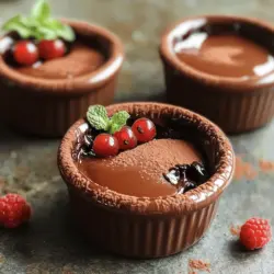 - 1/2 cup (1 stick) unsalted butter - 1 cup semi-sweet chocolate chips - 2 large eggs - 2 large egg yolks - 1/4 cup granulated sugar - 1 teaspoon vanilla extract - 3 tablespoons all-purpose flour - Pinch of salt - 1/2 teaspoon instant coffee granules (optional) - Cocoa powder (for dusting) To make a great chocolate lava cake, you need the right ingredients. First, unsalted butter gives a rich flavor. Semi-sweet chocolate chips create that ooey-gooey center. You’ll need eggs and egg yolks for structure and creaminess. Granulated sugar adds sweetness. A splash of vanilla extract enhances the chocolate flavor. All-purpose flour provides the cake's body. A pinch of salt balances the taste, while instant coffee can deepen the flavor if you choose to add it. - Ramekins (6 oz capacity) - Microwave-safe bowl - Mixing bowls - Whisk and spatula Using the right tools makes this process smooth. Ramekins hold the batter and help shape the cakes. A microwave-safe bowl is perfect for melting your chocolate and butter. Mixing bowls are essential for combining ingredients. A whisk helps blend eggs and sugar well, while a spatula is great for folding in flour without overmixing. - Precise ingredient quantities - Importance of accuracy in baking Measurements matter in baking. Each ingredient works together to create the perfect texture. Too much flour or sugar can ruin your cake. Use measuring cups and spoons for accuracy. Always level off dry ingredients. This ensures you get the best results. Following the recipe closely leads to that delightful molten center we all love. First, you need to preheat your oven to 425°F (220°C). This high temperature helps achieve that perfect gooey center. While the oven heats, grab four ramekins. They should hold about 6 ounces each. Grease them with a bit of unsalted butter. This will help the cakes slide out easily. Next, dust the inside with cocoa powder. This step adds flavor and keeps the cakes from sticking. Now, let’s melt the chocolate and butter. In a medium microwave-safe bowl, combine 1/2 cup of unsalted butter and 1 cup of semi-sweet chocolate chips. Microwave this mixture in 30-second intervals. Stir after each interval until it’s smooth and melted. Be careful not to overheat; you don’t want it to burn. In a separate bowl, whisk together 2 large eggs, 2 large egg yolks, and 1/4 cup of granulated sugar. Do this for about 3-4 minutes until the mix is pale and thick. Now, pour the melted chocolate mixture into the egg mix. Whisk until it’s well combined. Add in 1 teaspoon of vanilla extract and, if you like, 1/2 teaspoon of instant coffee granules for depth. Sift in 3 tablespoons of all-purpose flour and a pinch of salt. Gently fold the mixture until just combined. Avoid overmixing to keep the cakes light. Divide the batter evenly among the prepared ramekins. Fill each about 2/3 full. Place them in the oven and bake for 12-14 minutes. The edges should be set, but the centers must remain soft. To check for doneness, you can gently shake the ramekin. If the center jiggles slightly, it’s perfect. Once done, remove them from the oven and let them cool for 1-2 minutes. Run a knife around the edges to loosen them, then invert onto plates. Serve right away for the best gooey experience. To get that gooey center, follow these key tips: - Oven Temperature: Set your oven to 425°F (220°C). This high heat cooks the outside fast while keeping the inside soft. - Baking Time: Bake for 12-14 minutes. Watch closely. The edges should set, but the center must be soft. - Ramekin Prep: Grease and dust your ramekins with cocoa powder. This step helps the cakes slide out easily. If you bake too long, the center becomes solid. If underbaked, it might collapse. Aim for that perfect balance! Lava cake is best served warm. Here are some great ideas: - Ice Cream: A scoop of vanilla ice cream pairs nicely. The cold creaminess contrasts the warm chocolate. - Whipped Cream: A dollop of whipped cream adds lightness and richness. - Garnishes: Dust with powdered sugar. Add fresh berries or mint leaves for color and flavor. For an extra touch, drizzle melted chocolate on top. It makes your dessert look professional! Avoid these pitfalls when making your lava cake: - Overmixing: Be gentle when folding in the flour. Overmixing can lead to dense cakes. - Skipping the Rest: Let the cakes cool for a couple of minutes before serving. This step helps them hold their shape. - Wrong Ramekin Size: Use 6 oz ramekins. Bigger sizes may require longer baking times. If your cake is not gooey, it may be overbaked. Next time, reduce the baking time. Follow these tips, and you'll have a perfect chocolate lava cake! For the complete guide, check the Full Recipe. {{image_2}} You can add new flavors to your chocolate lava cake. Here are some ideas: - Spices or extracts: A dash of cinnamon or nutmeg can warm up the flavor. You can also try peppermint or orange extract for a fresh twist. - Liqueurs or coffee: Adding a splash of coffee liqueur, like Kahlúa, gives your cake a rich depth. Instant coffee granules can enhance the chocolate flavor too. You can easily adjust this recipe for different diets: - Gluten-free: Use a gluten-free flour blend instead of all-purpose flour. Make sure all other ingredients are also gluten-free. - Vegan: Swap eggs for flax eggs. Use vegan butter and dairy-free chocolate chips. This keeps the cake rich and tasty. - Dairy-free: Replace butter with coconut oil or a dairy-free margarine. Ensure your chocolate chips are dairy-free as well. How you serve your cake can change the vibe: - Individual ramekins: Baking in ramekins is classic. Each person gets their own cake, which feels special. - Larger dish: You can also bake it in a larger dish. Just adjust the baking time and serve slices. Either way, the molten center is a treat! For the full recipe, check out the section above. After enjoying your rich chocolate lava cake, you might have some leftovers. To keep them fresh, place the ramekins in the fridge. Cover the cakes with plastic wrap or foil. This helps keep them moist and prevents them from absorbing other smells. If you want to keep them longer, you can freeze them. Wrap each ramekin tightly in plastic wrap, then place them in a freezer bag. This way, you can enjoy a quick dessert later. To reheat your chocolate lava cake, preheat your oven to 350°F (175°C). Remove the plastic wrap and place the ramekins on a baking sheet. Heat them for about 10 minutes or until warm. You want to ensure the center stays molten, so check them after 8 minutes. If you have extra time, you can also warm them in the microwave. Heat each ramekin for about 30 seconds. This method works well but may not keep the center as gooey. When stored properly in the fridge, chocolate lava cakes last about 2 to 3 days. If you freeze them, they can last for up to 2 months. Just remember to label the bags with the date. This helps you keep track of how long they have been in the freezer. Enjoying your decadent molten cakes fresh is best, but knowing how to store and reheat them makes it easy to savor the pleasure later! To stop your cakes from sticking, properly grease and dust your ramekins. Use unsalted butter to grease the insides. Apply a thin layer, covering the entire surface. After greasing, dust the ramekins with cocoa powder. This step is key. It also adds a bit of extra chocolate flavor. Make sure to tap out any excess cocoa powder. Following these steps will help your cakes release easily after baking. Yes, you can prepare Chocolate Lava Cake in advance. Mix your batter and fill the ramekins. Cover them with plastic wrap and chill in the fridge. This way, you can bake them fresh later. When you are ready to bake, just remove them from the fridge. Bake straight from the fridge for about 1-2 extra minutes. This method helps save time when you have guests. If your lava cake is not gooey, it may be overbaked. The perfect lava cake needs a soft center. Keep a close eye on the baking time. Check at the 12-minute mark. The edges should be set, but the middle should jiggle slightly. If it looks firm, it's likely overdone. Also, make sure to follow the recipe closely. Accurate measurements and timing are crucial for success. Many restaurants serve delicious chocolate lava cake. Look for local bakeries or dessert shops. They often have their own twist on this classic. If you’re in a bigger city, try fine dining spots. Many Michelin-starred restaurants offer gourmet versions. You can also find great lava cakes at popular chain restaurants. Check reviews online to find the best options near you. This post covered how to make the perfect chocolate lava cake. We explored essential ingredients, precise measurements, and necessary tools. Step-by-step, you learned to melt chocolate, mix the batter, and bake it just right. I shared tips on achieving that gooey center and serving suggestions to elevate your dish. Remember, even small mistakes can be adjusted. Enjoy this delightful treat and have fun with the variations. Baking is both an art and a science, so keep experimenting and enjoy the sweet rewards.