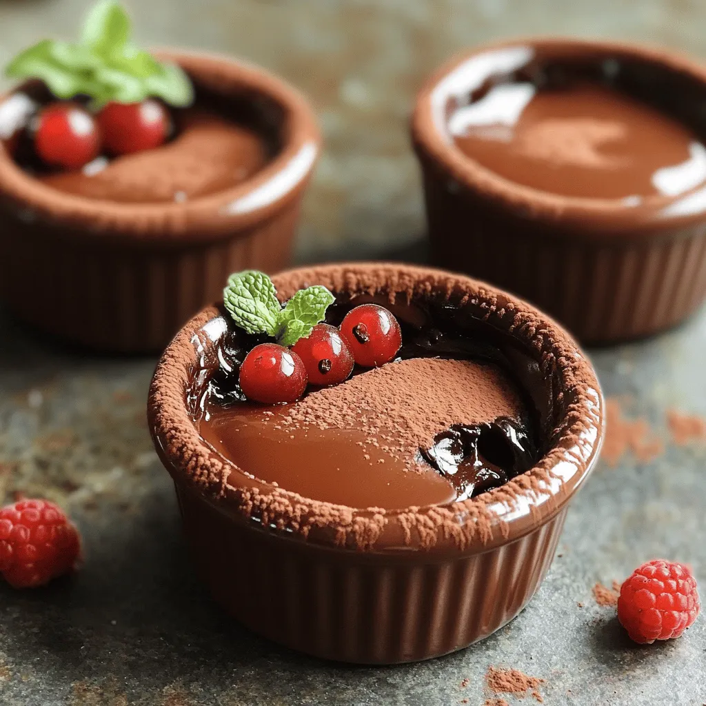 - 1/2 cup (1 stick) unsalted butter - 1 cup semi-sweet chocolate chips - 2 large eggs - 2 large egg yolks - 1/4 cup granulated sugar - 1 teaspoon vanilla extract - 3 tablespoons all-purpose flour - Pinch of salt - 1/2 teaspoon instant coffee granules (optional) - Cocoa powder (for dusting) To make a great chocolate lava cake, you need the right ingredients. First, unsalted butter gives a rich flavor. Semi-sweet chocolate chips create that ooey-gooey center. You’ll need eggs and egg yolks for structure and creaminess. Granulated sugar adds sweetness. A splash of vanilla extract enhances the chocolate flavor. All-purpose flour provides the cake's body. A pinch of salt balances the taste, while instant coffee can deepen the flavor if you choose to add it. - Ramekins (6 oz capacity) - Microwave-safe bowl - Mixing bowls - Whisk and spatula Using the right tools makes this process smooth. Ramekins hold the batter and help shape the cakes. A microwave-safe bowl is perfect for melting your chocolate and butter. Mixing bowls are essential for combining ingredients. A whisk helps blend eggs and sugar well, while a spatula is great for folding in flour without overmixing. - Precise ingredient quantities - Importance of accuracy in baking Measurements matter in baking. Each ingredient works together to create the perfect texture. Too much flour or sugar can ruin your cake. Use measuring cups and spoons for accuracy. Always level off dry ingredients. This ensures you get the best results. Following the recipe closely leads to that delightful molten center we all love. First, you need to preheat your oven to 425°F (220°C). This high temperature helps achieve that perfect gooey center. While the oven heats, grab four ramekins. They should hold about 6 ounces each. Grease them with a bit of unsalted butter. This will help the cakes slide out easily. Next, dust the inside with cocoa powder. This step adds flavor and keeps the cakes from sticking. Now, let’s melt the chocolate and butter. In a medium microwave-safe bowl, combine 1/2 cup of unsalted butter and 1 cup of semi-sweet chocolate chips. Microwave this mixture in 30-second intervals. Stir after each interval until it’s smooth and melted. Be careful not to overheat; you don’t want it to burn. In a separate bowl, whisk together 2 large eggs, 2 large egg yolks, and 1/4 cup of granulated sugar. Do this for about 3-4 minutes until the mix is pale and thick. Now, pour the melted chocolate mixture into the egg mix. Whisk until it’s well combined. Add in 1 teaspoon of vanilla extract and, if you like, 1/2 teaspoon of instant coffee granules for depth. Sift in 3 tablespoons of all-purpose flour and a pinch of salt. Gently fold the mixture until just combined. Avoid overmixing to keep the cakes light. Divide the batter evenly among the prepared ramekins. Fill each about 2/3 full. Place them in the oven and bake for 12-14 minutes. The edges should be set, but the centers must remain soft. To check for doneness, you can gently shake the ramekin. If the center jiggles slightly, it’s perfect. Once done, remove them from the oven and let them cool for 1-2 minutes. Run a knife around the edges to loosen them, then invert onto plates. Serve right away for the best gooey experience. To get that gooey center, follow these key tips: - Oven Temperature: Set your oven to 425°F (220°C). This high heat cooks the outside fast while keeping the inside soft. - Baking Time: Bake for 12-14 minutes. Watch closely. The edges should set, but the center must be soft. - Ramekin Prep: Grease and dust your ramekins with cocoa powder. This step helps the cakes slide out easily. If you bake too long, the center becomes solid. If underbaked, it might collapse. Aim for that perfect balance! Lava cake is best served warm. Here are some great ideas: - Ice Cream: A scoop of vanilla ice cream pairs nicely. The cold creaminess contrasts the warm chocolate. - Whipped Cream: A dollop of whipped cream adds lightness and richness. - Garnishes: Dust with powdered sugar. Add fresh berries or mint leaves for color and flavor. For an extra touch, drizzle melted chocolate on top. It makes your dessert look professional! Avoid these pitfalls when making your lava cake: - Overmixing: Be gentle when folding in the flour. Overmixing can lead to dense cakes. - Skipping the Rest: Let the cakes cool for a couple of minutes before serving. This step helps them hold their shape. - Wrong Ramekin Size: Use 6 oz ramekins. Bigger sizes may require longer baking times. If your cake is not gooey, it may be overbaked. Next time, reduce the baking time. Follow these tips, and you'll have a perfect chocolate lava cake! For the complete guide, check the Full Recipe. {{image_2}} You can add new flavors to your chocolate lava cake. Here are some ideas: - Spices or extracts: A dash of cinnamon or nutmeg can warm up the flavor. You can also try peppermint or orange extract for a fresh twist. - Liqueurs or coffee: Adding a splash of coffee liqueur, like Kahlúa, gives your cake a rich depth. Instant coffee granules can enhance the chocolate flavor too. You can easily adjust this recipe for different diets: - Gluten-free: Use a gluten-free flour blend instead of all-purpose flour. Make sure all other ingredients are also gluten-free. - Vegan: Swap eggs for flax eggs. Use vegan butter and dairy-free chocolate chips. This keeps the cake rich and tasty. - Dairy-free: Replace butter with coconut oil or a dairy-free margarine. Ensure your chocolate chips are dairy-free as well. How you serve your cake can change the vibe: - Individual ramekins: Baking in ramekins is classic. Each person gets their own cake, which feels special. - Larger dish: You can also bake it in a larger dish. Just adjust the baking time and serve slices. Either way, the molten center is a treat! For the full recipe, check out the section above. After enjoying your rich chocolate lava cake, you might have some leftovers. To keep them fresh, place the ramekins in the fridge. Cover the cakes with plastic wrap or foil. This helps keep them moist and prevents them from absorbing other smells. If you want to keep them longer, you can freeze them. Wrap each ramekin tightly in plastic wrap, then place them in a freezer bag. This way, you can enjoy a quick dessert later. To reheat your chocolate lava cake, preheat your oven to 350°F (175°C). Remove the plastic wrap and place the ramekins on a baking sheet. Heat them for about 10 minutes or until warm. You want to ensure the center stays molten, so check them after 8 minutes. If you have extra time, you can also warm them in the microwave. Heat each ramekin for about 30 seconds. This method works well but may not keep the center as gooey. When stored properly in the fridge, chocolate lava cakes last about 2 to 3 days. If you freeze them, they can last for up to 2 months. Just remember to label the bags with the date. This helps you keep track of how long they have been in the freezer. Enjoying your decadent molten cakes fresh is best, but knowing how to store and reheat them makes it easy to savor the pleasure later! To stop your cakes from sticking, properly grease and dust your ramekins. Use unsalted butter to grease the insides. Apply a thin layer, covering the entire surface. After greasing, dust the ramekins with cocoa powder. This step is key. It also adds a bit of extra chocolate flavor. Make sure to tap out any excess cocoa powder. Following these steps will help your cakes release easily after baking. Yes, you can prepare Chocolate Lava Cake in advance. Mix your batter and fill the ramekins. Cover them with plastic wrap and chill in the fridge. This way, you can bake them fresh later. When you are ready to bake, just remove them from the fridge. Bake straight from the fridge for about 1-2 extra minutes. This method helps save time when you have guests. If your lava cake is not gooey, it may be overbaked. The perfect lava cake needs a soft center. Keep a close eye on the baking time. Check at the 12-minute mark. The edges should be set, but the middle should jiggle slightly. If it looks firm, it's likely overdone. Also, make sure to follow the recipe closely. Accurate measurements and timing are crucial for success. Many restaurants serve delicious chocolate lava cake. Look for local bakeries or dessert shops. They often have their own twist on this classic. If you’re in a bigger city, try fine dining spots. Many Michelin-starred restaurants offer gourmet versions. You can also find great lava cakes at popular chain restaurants. Check reviews online to find the best options near you. This post covered how to make the perfect chocolate lava cake. We explored essential ingredients, precise measurements, and necessary tools. Step-by-step, you learned to melt chocolate, mix the batter, and bake it just right. I shared tips on achieving that gooey center and serving suggestions to elevate your dish. Remember, even small mistakes can be adjusted. Enjoy this delightful treat and have fun with the variations. Baking is both an art and a science, so keep experimenting and enjoy the sweet rewards.