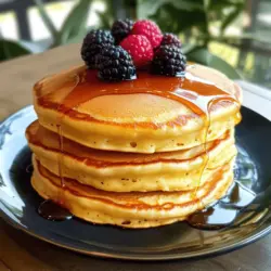 To make classic buttermilk pancakes, gather these simple ingredients: - 1 cup all-purpose flour - 2 tablespoons sugar - 1 teaspoon baking powder - 1 teaspoon baking soda - 1/2 teaspoon salt - 1 cup buttermilk - 1 large egg - 2 tablespoons melted butter (plus extra for cooking) - 1 teaspoon vanilla extract - Maple syrup (for serving) - Fresh berries (optional, for garnish) These ingredients work together to create pancakes that are fluffy and delicious. If you have allergies or dietary needs, here are some substitutions: - Use gluten-free flour for a gluten-free option. - Swap buttermilk with almond milk mixed with a teaspoon of vinegar. - Replace the egg with a chia seed or flaxseed mixture (1 tablespoon mixed with 2.5 tablespoons of water). - For dairy-free, use coconut oil instead of butter. These swaps help everyone enjoy pancakes without worry. Measuring ingredients correctly is key for tasty pancakes. Here are some tips: - Use dry measuring cups for flour and sugar. - Spoon flour into the cup and level it with a knife. Do not scoop directly from the bag. - For liquid ingredients, use a clear liquid measuring cup. - Check egg size; large eggs work best for this recipe. Accurate measuring helps create the perfect fluffy texture in your pancakes. To start, grab a large mixing bowl. Add 1 cup of all-purpose flour, 2 tablespoons of sugar, 1 teaspoon of baking powder, 1 teaspoon of baking soda, and 1/2 teaspoon of salt. Whisk these dry ingredients together until they blend well. In another bowl, mix 1 cup of buttermilk, 1 large egg, 2 tablespoons of melted butter, and 1 teaspoon of vanilla extract. Stir this mixture until it is smooth. Pour the wet mix into the dry mix. Gently stir until just combined. It’s okay if some lumps remain. Do not overmix! To make your pancakes fluffy, focus on not overmixing the batter. Overmixing can create tough pancakes. Let the batter rest for a few minutes. This helps the baking soda and baking powder activate. Also, use room temperature ingredients. Cold buttermilk or eggs can lead to dense pancakes. Finally, make sure your skillet or griddle is hot enough before cooking. The right heat helps to create those lovely bubbles. You can cook pancakes on either a skillet or a griddle. A non-stick skillet works well for small batches. A griddle is great for making multiple pancakes at once. Preheat your cooking surface over medium heat. Lightly coat it with melted butter. Use about 1/4 cup of batter for each pancake. Cook until bubbles form on top and the edges look set. Flip the pancake and cook for an additional 2 minutes. Aim for a golden brown color. Enjoy your fluffy buttermilk pancakes warm with maple syrup and fresh berries! For the full recipe, check out the details above. To make fluffy pancakes, use fresh baking powder and baking soda. These give your pancakes the lift they need. Mix the dry and wet ingredients separately first. This helps keep the batter light. When you combine them, stir gently. Don't worry about lumps; they help the fluffiness. Let the batter rest for a few minutes. This allows the gluten to relax, which adds to the fluff. One big mistake is overmixing the batter. This can make your pancakes tough. Another mistake is cooking on too high heat. If the pan is too hot, the outside cooks fast, but the inside stays raw. Always check the heat. Wait for bubbles to form on the surface; this means it’s time to flip. Don’t rush the cooking process; patience pays off with fluffy pancakes. To make pancakes special, add a splash of vanilla extract. This adds a lovely taste. You can also mix in some lemon zest for a fresh twist. Want more? Try adding chocolate chips or blueberries to the batter. Top with whipped cream or fresh berries for an extra treat. For a cozy touch, drizzle with maple syrup. These small changes can make your pancakes feel gourmet. For the full recipe, check out the details above. {{image_2}} You can make your pancakes even more fun with tasty add-ins. Try mixing in chocolate chips for a sweet treat. Nuts add crunch and protein, so walnuts or pecans work great. You can also add fruits like blueberries or banana slices for natural sweetness. Just fold in these ingredients gently after mixing the batter. This way, they distribute evenly without messing up the fluffy texture. For vegan pancakes, swap the buttermilk with almond or oat milk mixed with vinegar. Use a flax egg instead of a regular egg. To make gluten-free pancakes, replace all-purpose flour with a gluten-free blend. You can also add a little extra baking powder to help them rise. These simple swaps keep your pancakes light and delicious while meeting your diet needs. Seasons bring new flavors to your pancakes. In fall, mix in cinnamon, nutmeg, or pumpkin puree for a cozy taste. In spring and summer, fresh berries like strawberries and raspberries shine. You can also add a hint of lemon zest for brightness. Seasonal flavors keep your pancakes exciting and fresh all year round. Each bite can take you on a tasty journey through the seasons. For the full recipe, check out the link above. After enjoying your fluffy buttermilk pancakes, you might have some left. To store them, let the pancakes cool to room temperature. Then, stack them with parchment paper between each one. This keeps them from sticking. Place the stack in an airtight container. They will stay fresh in the fridge for 2 to 3 days. Freezing pancakes is a great option if you want to save some for later. First, cool them completely. Then, place them in a single layer on a baking sheet. Freeze them for about an hour. Once they are firm, transfer the pancakes to a freezer-safe bag. Remove as much air as possible. They can last up to 2 months in the freezer. When you’re ready to eat your pancakes again, reheating them correctly is key. For the best texture, use a toaster or an oven. If you use a toaster, set it to medium heat. For the oven, preheat it to 350°F (175°C). Place pancakes on a baking sheet and warm them for about 5-10 minutes. You can also use the microwave, but they may become soft. Just heat them for about 20-30 seconds. Enjoy them warm with maple syrup! For the full recipe, check out the section above. Buttermilk pancakes get their fluffiness from a few key factors. First, buttermilk adds acidity, which reacts with the baking soda. This reaction creates bubbles that make the batter rise. Second, the batter should not be overmixed. A few lumps are okay; this keeps the pancakes tender. Also, using fresh baking powder and baking soda helps ensure they rise well. You can use regular milk, but it won't be the same. If you want a similar taste, add a little vinegar or lemon juice to the milk. Let it sit for about five minutes. This will mimic the tangy flavor of buttermilk. However, your pancakes may not be as fluffy without the acidity of real buttermilk. You can make this recipe work for different diets. For gluten-free pancakes, swap the all-purpose flour for a gluten-free blend. If you need a dairy-free option, use plant-based milk and a dairy-free butter substitute. For vegan pancakes, replace the egg with a flax egg or applesauce. These simple swaps keep the pancakes delicious while meeting dietary needs. You can find the full recipe at the start of the article. You now have all the tools to make classic buttermilk pancakes. We covered ingredients, cooking steps, and tips for the best texture. You also learned about fun variations and how to store leftovers. With these insights, you can create delicious pancakes every time. Remember, practice makes perfect. Don't be afraid to experiment with flavors and textures. Enjoy your cooking and make pancakes that you and your loved ones will cherish!