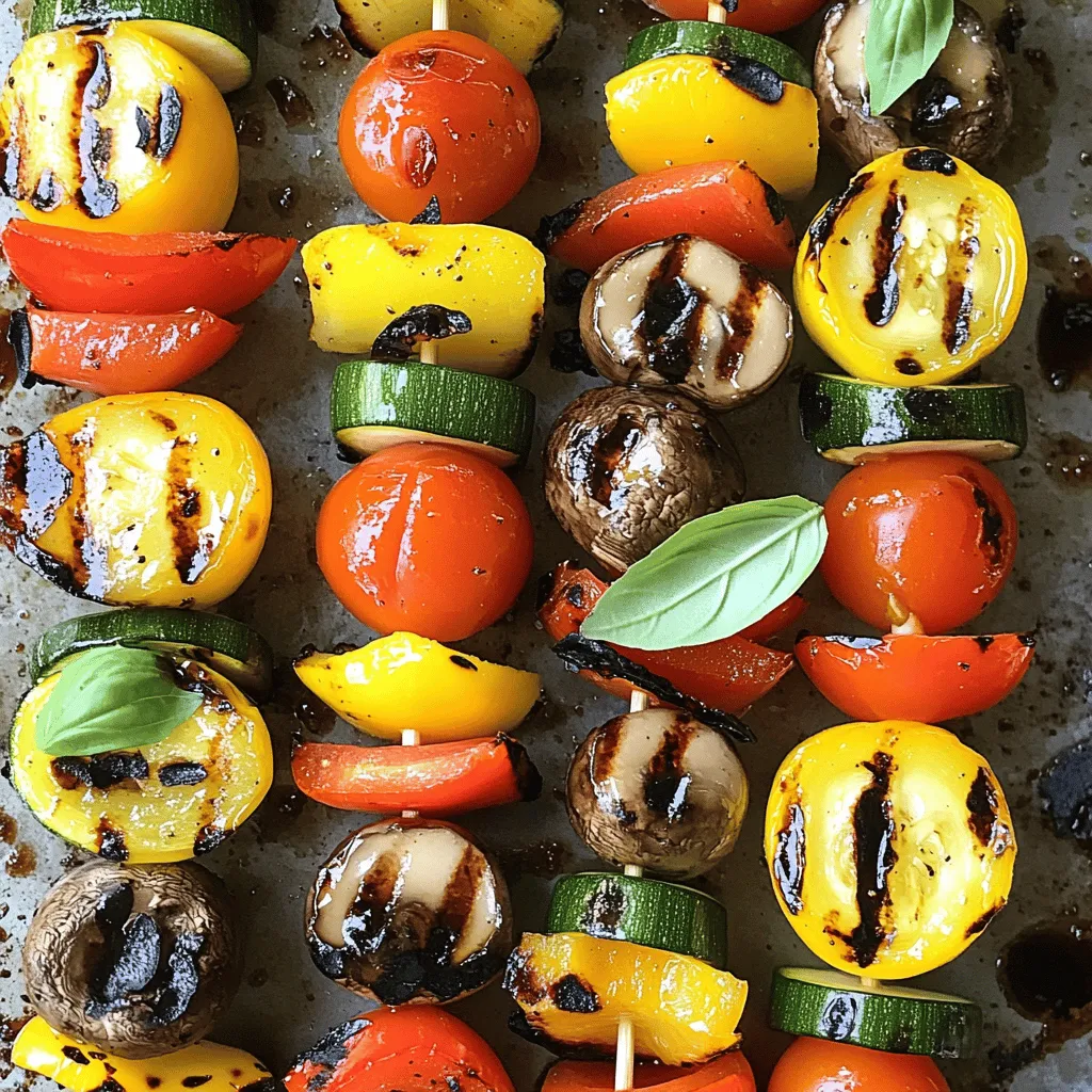 For colorful grilled veggie skewers, you need: - 1 red bell pepper, cut into chunks - 1 yellow bell pepper, cut into chunks - 1 zucchini, sliced into rounds - 1 red onion, cut into wedges - 8 cherry tomatoes - 1 cup mushrooms, halved These veggies add color and flavor to your skewers. Each one brings its own taste and texture. The bell peppers add sweetness, while the zucchini gives a nice crunch. The tomatoes burst with juices while grilling, making each bite a treat. To flavor your veggies, mix: - 3 tablespoons olive oil - 2 tablespoons balsamic vinegar - 2 cloves garlic, minced This marinade makes the veggies juicy and tasty. Olive oil helps them grill well, while balsamic vinegar adds a sweet tang. Garlic brings a strong, savory kick that makes the skewers irresistible. You also need: - 1 teaspoon dried oregano - 1 teaspoon smoked paprika - Salt and pepper to taste - Fresh basil leaves for garnish These seasonings add depth to your skewers. Oregano gives a hint of earthiness, while smoked paprika adds a subtle warmth. Fresh basil at the end adds a bright finish. You can adjust salt and pepper to suit your taste. For the full recipe, check out the provided instructions and enjoy these vibrant flavors at your next summer BBQ! Start by gathering all your ingredients. You need colorful veggies for the best look. Cut the red and yellow bell peppers into chunks. Slice the zucchini into rounds. Cut the red onion into wedges. Halve the mushrooms and keep the cherry tomatoes whole. In a large bowl, mix three tablespoons of olive oil with two tablespoons of balsamic vinegar. Add in two cloves of minced garlic, one teaspoon of dried oregano, one teaspoon of smoked paprika, and a pinch of salt and pepper. Stir this marinade well. Now, add all your chopped veggies to the bowl. Toss them until they are well coated with the marinade. This step brings out the flavor in each bite. If you use wooden skewers, soak them in water for 30 minutes to stop them from burning on the grill. Preheat your grill to medium-high heat. Once hot, thread the marinated veggies onto the skewers. Alternate the veggies for a colorful look. Place the skewers on the grill. Cook them for about 10 to 12 minutes. Make sure to turn them occasionally. You want them tender with nice grill marks. When done, remove the skewers from the grill. Let them rest for a couple of minutes. This helps the flavors settle. Serve your grilled veggie skewers warm. They are great as a side dish or a main meal. Garnish with fresh basil leaves for a lovely touch. You can also serve them with dips like hummus or tzatziki. For a fun twist, pair them with grilled bread or serve them over a salad. Enjoy these vibrant skewers at your summer BBQs! Want the full recipe? Check out the [Full Recipe]. When I select veggies, I look for fresh and colorful options. Red and yellow bell peppers add sweetness. Zucchini gives a nice crunch. Red onions add a bite. Cherry tomatoes burst with flavor. Mushrooms soak up the marinade. Aim for a mix of textures and colors for a pretty dish. A great marinade makes your skewers shine. I combine olive oil, balsamic vinegar, garlic, oregano, and smoked paprika. This mix adds depth and zest. Let the veggies soak for at least 30 minutes. This step allows the flavors to blend. You can tweak the spices to match your taste. Grill your skewers over medium-high heat for the best results. Turn them every few minutes. This helps cook evenly and get nice grill marks. Be careful not to overcook them. You want tender veggies, not mush. Let them rest for a couple of minutes after grilling. This keeps them juicy. For a full experience, check out the Full Recipe. {{image_2}} You can switch up the veggies based on what’s fresh. In spring, try asparagus and snap peas. In summer, add eggplant and corn. Fall brings squash and Brussels sprouts. Winter is great for root veggies like carrots and parsnips. This keeps your skewers colorful and tasty all year long. You can change the marinade for different tastes. For a spicy kick, add chili powder or sriracha. If you want something sweet, try maple syrup or honey. A lemon zest adds a fresh zing. You can also use different oils, like sesame or avocado, for unique flavors. These swaps help create your perfect grilled veggie skewers. Want more protein? Add cubes of tofu or tempeh. Chicken or shrimp also grill well. Just marinate them like the veggies. You can even mix and match. This makes the skewers more filling and satisfying. Kids and adults alike love a mix of colors and tastes on their plates. For the full recipe, check out the complete guide. To keep your grilled veggie skewers fresh, let them cool. Place them in an airtight container. This helps to lock in flavor and moisture. You can store them in the fridge for up to three days. If you want to keep them longer, consider freezing. Freezing is a great option for long-term storage. Wrap the skewers tightly in plastic wrap. Then, place them in a freezer-safe bag or container. This keeps them safe from freezer burn. You can freeze grilled veggie skewers for up to three months. When you're ready to eat, thaw them in the fridge overnight. Reheat your skewers gently to keep them tasty. You can use a skillet on low heat. This warms them up without drying them out. Another option is the oven. Preheat it to 350°F (175°C) and heat for about 10 minutes. You want them warm, not overcooked. Enjoy your meal with the same fresh taste! To stop skewers from burning, soak wooden ones in water for 30 minutes. This helps them resist the heat from the grill. You can also use metal skewers, which don’t catch fire. If using wooden skewers, keep an eye on them while grilling. Turn them often to cook evenly. Yes, you can use frozen vegetables for grilling. Just make sure to thaw them first. This helps them cook evenly and prevents excess moisture. Pat them dry with a towel to remove extra water. Keep in mind that frozen veggies may cook faster than fresh ones, so watch them closely. A few tasty sauces go great with grilled veggie skewers. Try a simple garlic aioli for a creamy touch. Hummus adds a nice, nutty flavor. You could also use a tangy balsamic glaze or a zesty chimichurri. These sauces enhance the fresh taste of the veggies and make each bite exciting. Grilling veggie skewers is fun and easy. We covered the best veggies, marinades, and tips for perfect grilling. You learned how to prepare, grill, and serve these tasty treats. Don’t forget about variations to keep your meals fresh! Proper storage and reheating keep leftovers tasty. I hope you feel ready to make your own skewers. Enjoy experimenting with flavors and impress your friends at your next cookout!