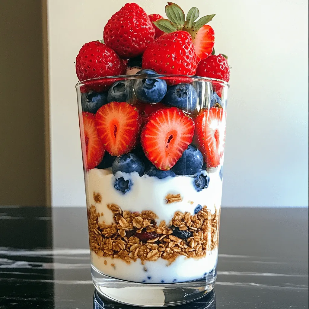 For a Healthy Greek Yogurt Parfait, gather these main ingredients: - 2 cups Greek yogurt (plain, low-fat) - 1 cup fresh strawberries, sliced - 1 cup fresh blueberries - ½ cup granola (choose a low-sugar option) These ingredients form the perfect base for a tasty and nutritious parfait. Greek yogurt gives you protein, while fresh fruits add vitamins. Granola brings a nice crunch and texture. Next, let’s add some sweeteners and flavorings: - 2 tablespoons honey or maple syrup - 1 teaspoon vanilla extract - A sprinkle of cinnamon (optional) These add delicious flavors to the yogurt. Honey or maple syrup gives natural sweetness. Vanilla extract adds a warm, rich taste. A dash of cinnamon can spice things up, making it even better! Greek yogurt is full of protein, calcium, and probiotics. These nutrients help keep your bones strong and your gut healthy. A typical serving of this parfait has around 200-300 calories, depending on your choice of granola. You’ll also get good carbs from the fruits and healthy fats from granola. This parfait is not just tasty; it’s good for you! It’s an easy way to start your day or enjoy a snack. For the Full Recipe, check out the detailed steps to create this delicious treat! - Mixing the yogurt base In a medium bowl, add 2 cups of Greek yogurt. Mix in 2 tablespoons of honey or maple syrup and 1 teaspoon of vanilla extract. Stir until smooth. This step makes the yogurt sweet and tasty. - Layering the parfait Grab a tall glass or a parfait dish. Start with ⅓ of the sweetened yogurt at the bottom. Add a layer of strawberries, using half of the sliced strawberries. Next, add half of the blueberries. Top this layer with ¼ cup of granola for crunch. Repeat these layers. Finish with a layer of yogurt and sprinkle cinnamon on top if you like. Add whole berries on top for a nice look. - Choice of serving dishes You can use clear glasses to show off the layers. Parfait dishes or small bowls work great too. The goal is to make it look good and fun. - Garnishing ideas Fresh mint leaves can add color. You can also use a drizzle of honey or a few more berries for decoration. Make it pretty! - Prep time and total time involved It takes just 10 minutes to get ready. That’s quick and easy for a healthy snack. - Tips for quick assembly Have all your ingredients ready. Pre-slice fruits and measure granola ahead of time. This way, you can layer everything faster. Enjoy making your parfait from the [Full Recipe]! To build a great parfait, start with a tall glass. The height helps show off the layers. Use a spoon to gently add yogurt first. This helps keep the layers clean. Next, add fruits carefully. You can use sliced strawberries and blueberries. Press them lightly for good contact with the yogurt. This keeps the texture nice and smooth. Finally, sprinkle granola on top of the fruits. This adds crunch. Repeat this process until you fill the glass. Aim for three layers for the best look. Keep your fruits fresh by washing them just before use. Store them in the fridge. Use airtight containers if you have leftovers. If you make extra parfaits, cover them well. They taste best when eaten within two days. For a low-sugar granola, look for brands with less than 5 grams of sugar per serving. You can also make your own by mixing oats with nuts and a little honey. If you want to sweeten without extra calories, choose stevia or monk fruit. These options give you sweetness without added sugar. {{image_2}} If you want to switch things up, try vegan Greek yogurt. Many brands make tasty, plant-based yogurts. Look for coconut, almond, or soy options. They taste great and still provide creaminess. For those needing gluten-free options, select gluten-free granola. Many brands offer crunchy choices made with oats or nuts. You can get creative with fruits in your parfait. Bananas add creaminess and sweetness. Peaches bring a juicy, summery vibe. For extra crunch, add toppings like nuts or seeds. Almonds, walnuts, or chia seeds work well. They boost the nutrition and add texture. In summer, use berries like raspberries or blackberries. They are bright and sweet. In winter, consider flavors like spiced apples or pears. You can sauté the fruits with a bit of cinnamon for warmth. These variations keep your parfait exciting all year. For the full recipe, check out the details above. Store your parfaits in the fridge. Use an airtight container to keep them fresh. They stay good for up to 2 days. If you make them in advance, enjoy them within this time. Can you freeze parfaits? Yes, but it alters the texture. The yogurt may become grainy when frozen. For the best results, freeze the yogurt and fruits separately. Best practices for freezing include: - Use freezer-safe containers. - Freeze in small portions for easy thawing. - Avoid freezing granola; it turns soggy. After thawing, enjoy frozen parfaits cold. If you want to warm them, do it gently. Use a microwave on low power. This helps keep the yogurt creamy. Avoid overheating, as it may change the texture. A healthy Greek yogurt parfait is a layered dish. It features Greek yogurt, fruits, and granola. You can enjoy it for breakfast or as a snack. Greek yogurt is rich in protein. This helps you feel full longer. The fruits add vitamins and fiber. Granola gives a nice crunch. This parfait is both tasty and nutritious. Yes, you can prepare a Greek yogurt parfait ahead of time. Just layer the ingredients in a glass or bowl. Cover it with plastic wrap. Store it in the fridge for up to two days. For best taste, add granola right before you eat. This keeps it crunchy. If you prepare it in advance, the fruits may soften a bit. But it will still taste great! If you need alternatives, there are many options. You can use regular yogurt, but it has less protein. You may also try plant-based yogurts like almond or coconut yogurt. These are great for vegan diets. Just make sure to check the labels. Some non-dairy yogurts have added sugars. Choose unsweetened versions for a healthier parfait. To make a dairy-free Greek yogurt parfait, pick a non-dairy yogurt. Almond, coconut, or soy yogurt works well. You can follow the same steps as the original recipe. Layer the non-dairy yogurt with fruits and granola as usual. For added creaminess, try blending in some nut butter. Enjoy a tasty, dairy-free treat! For the full recipe, check out the Healthy Greek Yogurt Parfait details above. In summary, a Greek yogurt parfait is simple to make and full of flavor. By layering Greek yogurt, fresh fruits, and granola, you create a tasty treat. Remember to mix in honey or vanilla for added sweetness. Use my tips to keep your fruits fresh and explore variations for every season. You can store parfaits with ease or adapt them for dietary needs. With these ideas, you’ll enjoy a nutritious and delicious snack every time. Enjoy your parfait journey!