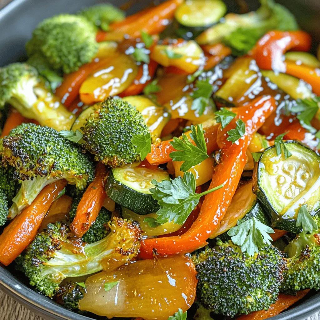 - 2 cups broccoli florets - 1 cup carrots, sliced - 1 cup bell peppers, cut into strips (any color) - 1 cup zucchini, sliced - 3 tablespoons olive oil - 4 tablespoons honey - 4 cloves garlic, minced - 1 tablespoon soy sauce (or tamari for gluten-free) - 1 teaspoon dried thyme - Salt and pepper to taste - Fresh parsley, chopped for garnish Gather all these ingredients before you start. Fresh vegetables make this dish pop with flavor. I love using colorful bell peppers, as they add joy to the plate. Zucchini gives a nice softness when roasted. The honey and garlic blend creates a sweet and savory glaze. This mix of flavors will make your taste buds dance. - Prep Time: 10 minutes - Cook Time: 20-25 minutes This dish is quick to make. You can prep it in just ten minutes. Then, you can roast it for about 20 to 25 minutes. It’s perfect for a busy weeknight or a fun weekend dinner. - Servings: 4 This recipe serves four people. It makes a great side dish for any meal. You can even make it a main dish if you add some protein. Enjoy these roasted veggies with family and friends! For the full recipe, check out the details above. First, wash your veggies. You need 2 cups of broccoli florets, 1 cup of sliced carrots, 1 cup of bell peppers cut into strips, and 1 cup of sliced zucchini. Cut them into bite-sized pieces. This helps them cook evenly. Next, make your sauce. In a small bowl, whisk together 3 tablespoons of olive oil, 4 tablespoons of honey, 4 minced garlic cloves, 1 tablespoon of soy sauce, 1 teaspoon of dried thyme, and a pinch of salt and pepper. This mix adds great flavor to your veggies. Now, combine the veggies with the honey garlic sauce. Toss them well to coat. Spread the vegetables on a baking sheet lined with parchment paper. Roast them in the oven at 425°F for 20-25 minutes. Stir them halfway through. This helps them caramelize nicely. When they are tender and golden, they are ready to serve. For the full recipe, check out the complete instructions. Stir the vegetables halfway through roasting. This step helps them cook evenly and caramelize well. It ensures each piece gets that lovely golden color and sweet flavor. Select bright and firm vegetables. Look for broccoli with tight florets, vibrant bell peppers, and zucchini that feels heavy. Fresh vegetables give the best taste and texture in your dish. Want to add some zing? Try adding a pinch of red pepper flakes or a sprinkle of smoked paprika. You can also mix in fresh herbs like basil or rosemary for a unique twist. These small changes can take your dish to the next level. {{image_2}} You can switch up the veggies for this dish. Try seasonal options like Brussels sprouts, asparagus, or squash. Each vegetable brings its unique flavor. If you find fresh produce on sale, grab it! You can even mix in root veggies like sweet potatoes or turnips for extra sweetness. These options make the dish more colorful and appealing. Want to make this dish heartier? Add protein! You can use diced chicken, cubed tofu, or even canned beans. Chicken works well when you roast it with the veggies. Tofu absorbs the honey garlic flavor nicely. Beans add a nice texture and protein boost. This makes your meal more filling and satisfying. Not a fan of too much sweetness? You can adjust the honey amount. If you want a more savory dish, use less honey. Start with two tablespoons and taste as you go. You can also add a splash of vinegar for a tangy twist. This balances the sweetness and adds depth to the flavor. To keep your honey garlic roasted vegetables fresh, store them in an airtight container. Place the container in the fridge. They will last for about 3 to 5 days. Make sure to cool them down to room temperature before sealing. This step helps prevent moisture build-up. When reheating, the goal is to keep the veggies tasty and crisp. I recommend using the oven or a skillet. If you use an oven, set it to 350°F (175°C). Spread the vegetables on a baking sheet. Heat them for about 10 minutes. If using a skillet, add a splash of olive oil over medium heat. Stir until heated through, about 5 minutes. This method keeps the flavor intact. Freezing is a great option for long-term storage. To freeze, let the roasted vegetables cool completely. Then, spread them on a baking sheet in a single layer. Freeze for 1 to 2 hours until firm. After that, transfer them to a freezer bag or container. They can last for up to 3 months. When ready to use, thaw them in the fridge overnight. Reheat as mentioned above for the best taste. Yes, you can use other sweeteners. Maple syrup works well for a vegan option. Agave nectar is another choice. Both provide a sweet touch. You can also try brown sugar, but it may change the texture. Experiment with these options to find your favorite. These roasted veggies pair great with many dishes. Serve them with grilled chicken or fish for protein. You can also enjoy them with rice or quinoa for a hearty meal. They make a tasty side for any main dish. Adding a fresh salad will complete your meal nicely. Yes, these veggies are perfect for meal prep. They store well in the fridge for up to four days. Roast a big batch on the weekend. Just reheat them in the oven or microwave before serving. This saves time and gives you quick meals all week. This blog post shared a simple and tasty recipe for honey garlic roasted vegetables. We covered ingredients, preparation steps, and tips for the best results. You learned how to choose fresh veggies and adjust flavors. You can even use different vegetables or add protein. Now, you can enjoy a vibrant dish that fits any meal plan. Get cooking and make the most of your veggies!