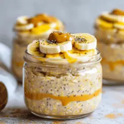 To make Peanut Butter Banana Overnight Oats, gather these items: - 1 cup rolled oats - 2 cups almond milk (or any milk of choice) - 2 ripe bananas, one sliced and one mashed - 1/4 cup peanut butter (creamy or crunchy) - 2 tablespoons honey or maple syrup (adjust for sweetness) - 1 teaspoon vanilla extract - 1/2 teaspoon ground cinnamon - A pinch of salt - Toppings: chia seeds, sliced almonds, or extra banana slices Each ingredient adds something good to your oats. Here’s a quick look: - Rolled Oats: Great for fiber and energy. - Almond Milk: Low in calories and dairy-free. - Bananas: Packed with potassium and natural sweetness. - Peanut Butter: Offers healthy fats and protein. - Honey or Maple Syrup: Natural sweeteners with some vitamins. - Vanilla Extract: Adds flavor with few calories. - Cinnamon: May help control blood sugar. - Salt: Enhances all flavors in the dish. You can level up your oats with these fun add-ins: - Chia Seeds: Boost fiber and omega-3s. - Sliced Almonds: Add crunch and healthy fats. - Extra Banana Slices: For more sweetness and texture. - Berries: Add color and antioxidants. - Coconut Flakes: For a tropical twist. Feel free to mix and match these options for fun flavors! Check out the Full Recipe to see how these ingredients come together. 1. First, grab a medium-sized mixing bowl. 2. Add 1 cup of rolled oats to the bowl. 3. Pour in 2 cups of almond milk. You can use any milk you like. 4. Mash 1 ripe banana and add it to the bowl. 5. Spoon in 1/4 cup of your favorite peanut butter, creamy or crunchy. 6. Drizzle in 2 tablespoons of honey or maple syrup. You can adjust the sweetness later. 7. Add 1 teaspoon of vanilla extract for extra flavor. 8. Sprinkle in 1/2 teaspoon of ground cinnamon and a pinch of salt. 9. Stir the mixture well until everything is combined. Make sure to taste the mixture before you divide it. If it’s not sweet enough, add more honey or syrup. Keep in mind that the oats will soak up the liquid. If they seem too dry after chilling, add a splash of milk in the morning. No cooking is needed for this recipe! The magic happens in the fridge. After mixing, divide the oats into jars or containers. Top each one with sliced banana and your choice of toppings. This could be chia seeds, sliced almonds, or more bananas. Seal the jars and refrigerate them overnight, or for at least 6 hours. In the morning, stir well and enjoy them cold, or warm them in the microwave. That's it! You have a tasty breakfast ready to go. For the full recipe, check out Peanut Butter Banana Bliss Overnight Oats. To make the best overnight oats, use fresh ingredients. Start with rolled oats for the best texture. Mix the oats with almond milk, mashed banana, and peanut butter. Make sure to stir well. Let the oats sit overnight in the fridge. This helps them soak up the milk. In the morning, taste and adjust sweetness if needed. Topping with sliced bananas adds a nice look and flavor. You can swap almond milk for any milk you like. Coconut milk gives a nice twist. For a nut-free option, try soy or oat milk. If you don’t like honey, use maple syrup or agave. You can also change the fruit. Try using apple sauce instead of banana. This keeps the oats moist and adds sweetness. Serve the oats in clear jars to show off layers. Drizzle extra peanut butter on top for a treat. Add chia seeds or sliced almonds for a crunch. You can also use berries or nuts as toppings. This makes your meal not only tasty but pretty too. For a warm option, heat the oats in the microwave. Enjoy them right away for a cozy breakfast. Check out the Full Recipe for details! {{image_2}} You can easily make this dish vegan. Simply use almond milk or soy milk instead of regular milk. Choose maple syrup for sweetness instead of honey. This way, everyone can enjoy this tasty treat! To make a gluten-free version, choose certified gluten-free oats. Most oats are safe, but some may cross-contaminate with gluten. Always check the label. This small change makes a big difference for those who need it! Want to spice it up? Add cocoa powder for a chocolate twist. You can also fold in fresh or frozen berries. Strawberries, blueberries, or raspberries add color and flavor. Mix and match to find your favorite combo! Check out the Full Recipe for more ideas. To keep your peanut butter banana overnight oats fresh, use airtight containers or mason jars. Make sure the lids are tight to prevent air from getting in. Store them in the fridge where it’s cool. This keeps the oats soft and tasty. You can freeze your oats if you want to store them longer. Just put the oats in freezer-safe jars or bags. Leave some space at the top so they can expand. When you're ready to eat, thaw them in the fridge overnight. You can also warm them in the microwave. Peanut butter banana overnight oats last up to five days in the fridge. After that, they may lose their flavor and texture. Always check for signs of spoilage before eating. If they smell bad or look off, it’s best to throw them away. Enjoy your delicious breakfast while it’s fresh! Yes, you can use different types of milk. Almond milk works great, but cow's milk, soy milk, or oat milk also work well. Each milk adds its own flavor. If you want a creamier taste, choose whole milk. For a lighter option, go with almond or oat milk. Experiment to find your favorite! You can adjust the sweetness easily. The recipe calls for honey or maple syrup. If you like it sweeter, just add more. You can also mash an extra banana into the mix. Taste the mixture before you refrigerate it. This way, you can make it just right for you. Absolutely! This recipe is perfect for meal prep. You can make a batch on Sunday and enjoy it all week. Store the oats in jars or airtight containers. They keep well in the fridge for up to five days. Grab one in the morning for a quick breakfast! Yes, you can add protein powder to boost the nutrition. Just mix in a scoop when you combine the other ingredients. It will blend smoothly with the oats and milk. This is a great way to make the meal more filling and support your fitness goals. Enjoy your Peanut Butter Banana Overnight Oats with a protein kick! In this blog post, we explored the recipe for overnight oats. We covered ingredients, step-by-step instructions, and preparation tips. You saw how to add healthy ingredients and delicious variations like peanut butter banana or chocolate. We also discussed proper storage methods and answered common questions. Overnight oats are easy and healthy. You can customize them to fit your taste. Try different flavors and enjoy this quick meal. You have all you need to make your perfect bowl of oats!