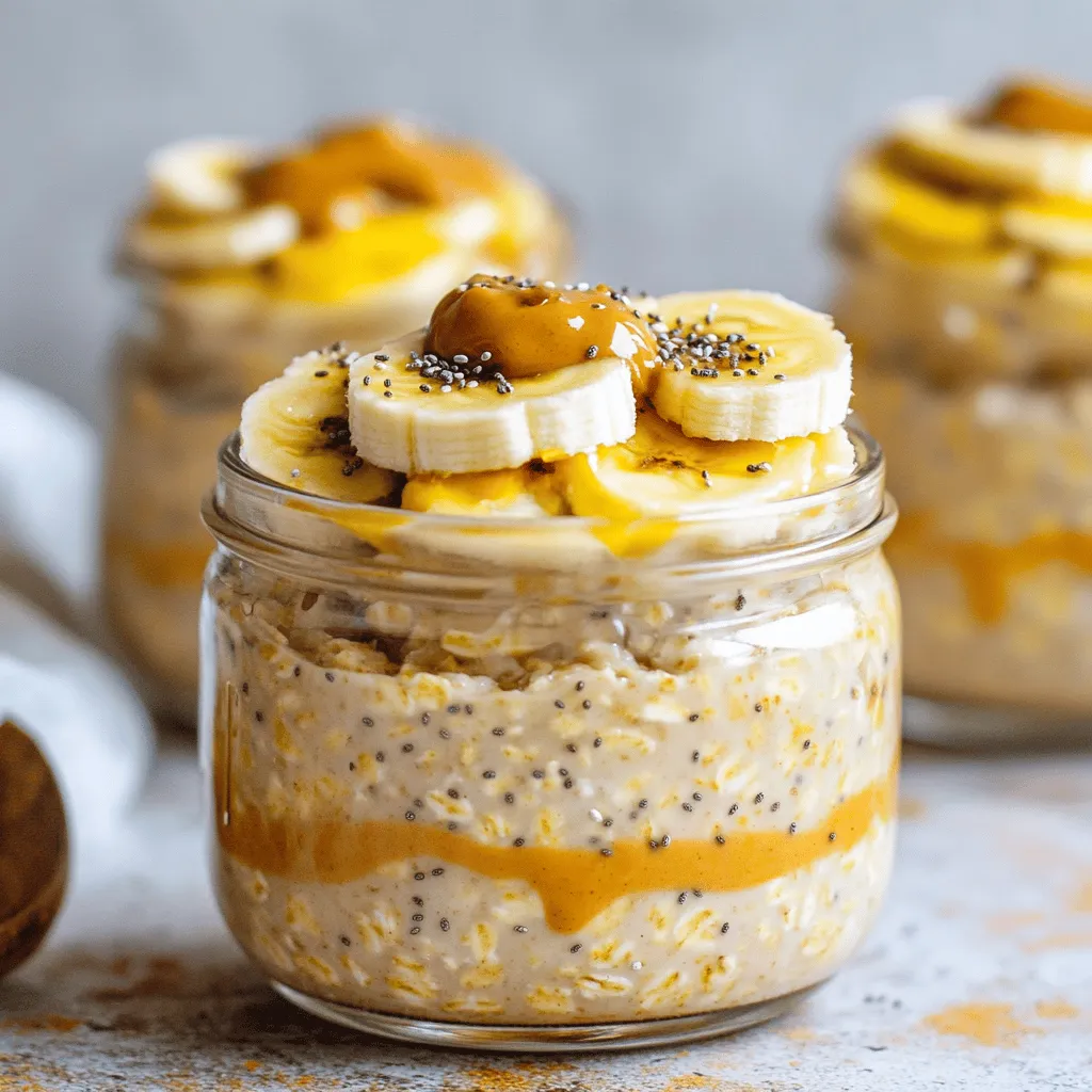 To make Peanut Butter Banana Overnight Oats, gather these items: - 1 cup rolled oats - 2 cups almond milk (or any milk of choice) - 2 ripe bananas, one sliced and one mashed - 1/4 cup peanut butter (creamy or crunchy) - 2 tablespoons honey or maple syrup (adjust for sweetness) - 1 teaspoon vanilla extract - 1/2 teaspoon ground cinnamon - A pinch of salt - Toppings: chia seeds, sliced almonds, or extra banana slices Each ingredient adds something good to your oats. Here’s a quick look: - Rolled Oats: Great for fiber and energy. - Almond Milk: Low in calories and dairy-free. - Bananas: Packed with potassium and natural sweetness. - Peanut Butter: Offers healthy fats and protein. - Honey or Maple Syrup: Natural sweeteners with some vitamins. - Vanilla Extract: Adds flavor with few calories. - Cinnamon: May help control blood sugar. - Salt: Enhances all flavors in the dish. You can level up your oats with these fun add-ins: - Chia Seeds: Boost fiber and omega-3s. - Sliced Almonds: Add crunch and healthy fats. - Extra Banana Slices: For more sweetness and texture. - Berries: Add color and antioxidants. - Coconut Flakes: For a tropical twist. Feel free to mix and match these options for fun flavors! Check out the Full Recipe to see how these ingredients come together. 1. First, grab a medium-sized mixing bowl. 2. Add 1 cup of rolled oats to the bowl. 3. Pour in 2 cups of almond milk. You can use any milk you like. 4. Mash 1 ripe banana and add it to the bowl. 5. Spoon in 1/4 cup of your favorite peanut butter, creamy or crunchy. 6. Drizzle in 2 tablespoons of honey or maple syrup. You can adjust the sweetness later. 7. Add 1 teaspoon of vanilla extract for extra flavor. 8. Sprinkle in 1/2 teaspoon of ground cinnamon and a pinch of salt. 9. Stir the mixture well until everything is combined. Make sure to taste the mixture before you divide it. If it’s not sweet enough, add more honey or syrup. Keep in mind that the oats will soak up the liquid. If they seem too dry after chilling, add a splash of milk in the morning. No cooking is needed for this recipe! The magic happens in the fridge. After mixing, divide the oats into jars or containers. Top each one with sliced banana and your choice of toppings. This could be chia seeds, sliced almonds, or more bananas. Seal the jars and refrigerate them overnight, or for at least 6 hours. In the morning, stir well and enjoy them cold, or warm them in the microwave. That's it! You have a tasty breakfast ready to go. For the full recipe, check out Peanut Butter Banana Bliss Overnight Oats. To make the best overnight oats, use fresh ingredients. Start with rolled oats for the best texture. Mix the oats with almond milk, mashed banana, and peanut butter. Make sure to stir well. Let the oats sit overnight in the fridge. This helps them soak up the milk. In the morning, taste and adjust sweetness if needed. Topping with sliced bananas adds a nice look and flavor. You can swap almond milk for any milk you like. Coconut milk gives a nice twist. For a nut-free option, try soy or oat milk. If you don’t like honey, use maple syrup or agave. You can also change the fruit. Try using apple sauce instead of banana. This keeps the oats moist and adds sweetness. Serve the oats in clear jars to show off layers. Drizzle extra peanut butter on top for a treat. Add chia seeds or sliced almonds for a crunch. You can also use berries or nuts as toppings. This makes your meal not only tasty but pretty too. For a warm option, heat the oats in the microwave. Enjoy them right away for a cozy breakfast. Check out the Full Recipe for details! {{image_2}} You can easily make this dish vegan. Simply use almond milk or soy milk instead of regular milk. Choose maple syrup for sweetness instead of honey. This way, everyone can enjoy this tasty treat! To make a gluten-free version, choose certified gluten-free oats. Most oats are safe, but some may cross-contaminate with gluten. Always check the label. This small change makes a big difference for those who need it! Want to spice it up? Add cocoa powder for a chocolate twist. You can also fold in fresh or frozen berries. Strawberries, blueberries, or raspberries add color and flavor. Mix and match to find your favorite combo! Check out the Full Recipe for more ideas. To keep your peanut butter banana overnight oats fresh, use airtight containers or mason jars. Make sure the lids are tight to prevent air from getting in. Store them in the fridge where it’s cool. This keeps the oats soft and tasty. You can freeze your oats if you want to store them longer. Just put the oats in freezer-safe jars or bags. Leave some space at the top so they can expand. When you're ready to eat, thaw them in the fridge overnight. You can also warm them in the microwave. Peanut butter banana overnight oats last up to five days in the fridge. After that, they may lose their flavor and texture. Always check for signs of spoilage before eating. If they smell bad or look off, it’s best to throw them away. Enjoy your delicious breakfast while it’s fresh! Yes, you can use different types of milk. Almond milk works great, but cow's milk, soy milk, or oat milk also work well. Each milk adds its own flavor. If you want a creamier taste, choose whole milk. For a lighter option, go with almond or oat milk. Experiment to find your favorite! You can adjust the sweetness easily. The recipe calls for honey or maple syrup. If you like it sweeter, just add more. You can also mash an extra banana into the mix. Taste the mixture before you refrigerate it. This way, you can make it just right for you. Absolutely! This recipe is perfect for meal prep. You can make a batch on Sunday and enjoy it all week. Store the oats in jars or airtight containers. They keep well in the fridge for up to five days. Grab one in the morning for a quick breakfast! Yes, you can add protein powder to boost the nutrition. Just mix in a scoop when you combine the other ingredients. It will blend smoothly with the oats and milk. This is a great way to make the meal more filling and support your fitness goals. Enjoy your Peanut Butter Banana Overnight Oats with a protein kick! In this blog post, we explored the recipe for overnight oats. We covered ingredients, step-by-step instructions, and preparation tips. You saw how to add healthy ingredients and delicious variations like peanut butter banana or chocolate. We also discussed proper storage methods and answered common questions. Overnight oats are easy and healthy. You can customize them to fit your taste. Try different flavors and enjoy this quick meal. You have all you need to make your perfect bowl of oats!