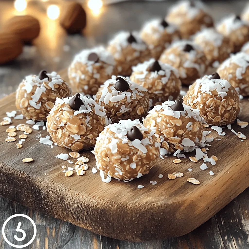 - 1 cup rolled oats - 1/2 cup almond butter - 1/2 cup unsweetened shredded coconut - 1/4 cup honey or maple syrup - 1/4 cup ground almonds (or almond flour) - 1/4 cup mini dark chocolate chips (optional) - 1 teaspoon vanilla extract - 1/2 teaspoon sea salt - 2 tablespoons chia seeds - Pinch of cinnamon (optional) These ingredients create a tasty and healthy snack. Each item plays a role. The rolled oats give fiber and help you feel full. Almond butter adds protein and healthy fats. Shredded coconut adds a tropical twist and healthy fats as well. Honey or maple syrup sweetens the mix naturally. Each serving has about 100 calories. You get 3 grams of protein, 6 grams of fat, and 10 grams of carbs. - Coconut is rich in fiber and helps digestion. - Almond butter boosts heart health with good fats. - Oats provide lasting energy and are great for your heart. Using these ingredients, you make a fun and healthy snack. I love these energy bites because they are easy to make and taste amazing. You can find the full recipe above and create your own delicious Coconut Almond Energy Bites! 1. In a large mixing bowl, combine the dry ingredients: - 1 cup rolled oats - 1/2 cup unsweetened shredded coconut - 1/4 cup ground almonds - 2 tablespoons chia seeds - 1/2 teaspoon sea salt - Pinch of cinnamon (optional) 2. In another bowl, mix the wet ingredients: - 1/2 cup almond butter - 1/4 cup honey or maple syrup - 1 teaspoon vanilla extract 3. Pour the wet mixture into the dry ingredients. Stir well until fully combined. If desired, fold in 1/4 cup mini dark chocolate chips for a sweet touch. 4. Cover the bowl and refrigerate the mixture for 30 minutes. This helps the mixture firm up, making it easier to roll. 5. After chilling, remove the bowl from the fridge. With clean hands, scoop out portions (about 1 tablespoon each) and roll them into bite-sized balls. 6. Optionally, roll each energy bite in additional shredded coconut for a fun finish. 7. Place the energy bites on a parchment-lined baking sheet. Store them in the refrigerator in an airtight container. These energy bites are easy to make and packed with flavor. You can find the Full Recipe to guide you through the steps! Mixing and rolling energy bites can be simple. Start by mixing dry ingredients well. Use a large bowl to avoid spills. When you add wet ingredients, blend them until smooth. This helps the flavors combine better. After chilling the mixture, it should be firm. If it feels too sticky, add more oats. If too dry, a splash of water or almond butter can help. Roll the bites into equal sizes for even cooking. A tablespoon works well for each bite. You can switch almond butter for peanut or sunflower seed butter. Both work great and add unique flavors. For sweeteners, honey is tasty, but maple syrup is a good choice too. You can also use agave nectar or brown rice syrup. Want to mix it up? Try adding seeds like pumpkin or sunflower. Chopped dried fruit, like apricots or cranberries, also works well. Nuts like walnuts or hazelnuts can add crunch. Don’t be afraid to get creative with your add-ins! Energy bites are tasty on their own, but pairing can enhance your snack. Try them with a smoothie for a quick breakfast. They also go well with yogurt for a filling snack. You can enjoy them with fruit, like bananas or berries, for added flavor. Pack them in lunch boxes for a healthy treat at school or work. They are great for after a workout, providing quick energy. {{image_2}} You can easily change the taste of your energy bites. Try adding spices like ginger or nutmeg. These spices add warmth and depth to each bite. You can also mix in different types of chocolate. Dark chocolate gives a rich flavor, while white chocolate adds sweetness. You can choose what you like best! If you follow a vegan diet, you can swap out some ingredients. Use maple syrup instead of honey for sweetness. You can also try using mashed bananas or applesauce as binding agents. These work well to hold your ingredients together. For gluten-free options, make sure to use certified gluten-free oats. This way, everyone can enjoy these tasty bites! Seasonal ingredients can add fun flavors to your energy bites. In fall, try adding pumpkin puree for a cozy taste. You can mix in pumpkin spice to enhance the flavor. During winter, add peppermint extract for a fresh, festive twist. Each season brings new flavors you can use in your bites! For the complete recipe, check out the [Full Recipe]. To keep your Coconut Almond Energy Bites fresh, use an airtight container. Glass or plastic containers work well. You can also use a resealable plastic bag. Make sure to squeeze out excess air before sealing. Stored this way, the energy bites last about one week in the fridge. If you notice any change in smell or texture, it’s best to toss them. For long-term storage, freeze the energy bites. Place them in a single layer on a baking sheet. Freeze for about two hours. Once firm, transfer them to an airtight container. They can last up to three months in the freezer. When you're ready to eat, thaw them in the fridge overnight. You can also leave them at room temperature for about 30 minutes. Enjoy your energy bites anytime! You can find the full recipe above. How long do Coconut Almond Energy Bites last? Coconut Almond Energy Bites last about one week in the fridge. Store them in an airtight container. They can also last up to three months if frozen. Just remember to thaw them before eating. Can I make these energy bites nut-free? Yes, you can make these energy bites nut-free. Substitute almond butter with sun butter or soy nut butter. Both options provide a similar texture and taste. How do I adjust the recipe for different serving sizes? To adjust the recipe, you can simply double or halve the ingredients. Keep the same ratios for each ingredient. This will allow you to make more or fewer energy bites as needed. What should I substitute for chia seeds? If you need a substitute for chia seeds, try flax seeds. They offer similar health benefits and help bind the mixture. Just make sure to grind them for better absorption. Is it necessary to use honey or can I omit it? You can omit honey if you want a lower-sugar option. Use more almond butter or add a splash of plant milk. Maple syrup is a great alternative if you want some sweetness. Where to find ready-made energy bites You can find ready-made energy bites at health food stores or online. Look for brands that focus on natural ingredients. This ensures you get a healthy snack without added fillers. Tips for incorporating energy bites into a balanced diet Energy bites are great for a quick snack. Pair them with fresh fruit or yogurt for a balanced treat. They can also serve as a pre-workout boost or a mid-afternoon pick-me-up. We explored the fantastic world of Coconut Almond Energy Bites. We covered the key ingredients, their nutritional value, and how to make them easily at home. You learned step-by-step instructions, along with tips for perfecting each bite. We also discussed fun variations and smart storage methods. These energy bites are tasty and healthy. They fit many diets and can suit any season. Enjoy making them, and share your creations with friends and family!