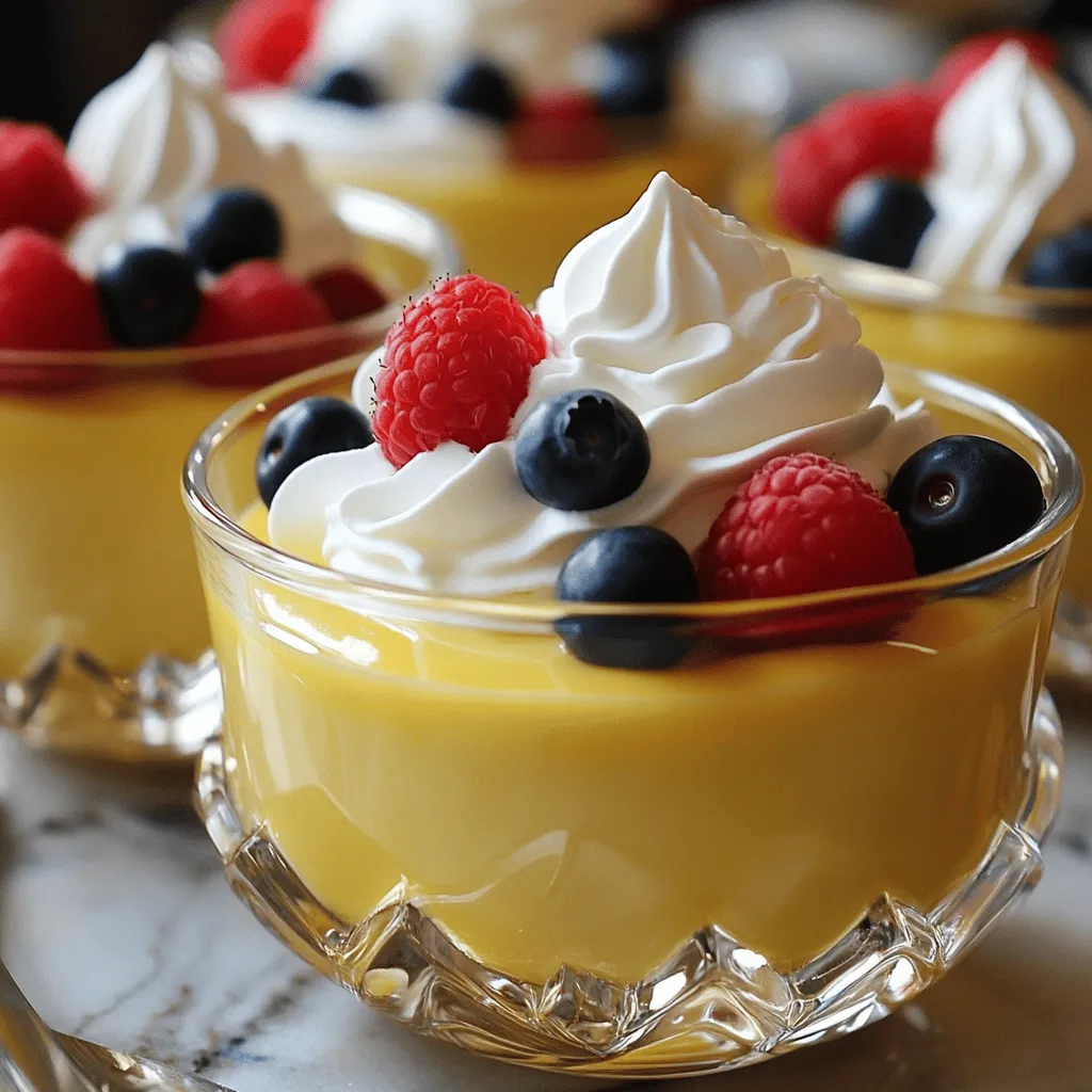 - 2 cups whole milk - 1/2 cup granulated sugar - 1/4 cup cornstarch - 1/4 teaspoon salt - 2 large egg yolks - 2 tablespoons unsalted butter - 1 tablespoon pure vanilla extract - Whipped cream, for serving - Fresh berries, for garnish Gathering your ingredients is the first step to making this homemade vanilla pudding. The simple list above helps you create a rich and creamy dessert. Whole milk gives the pudding its smooth texture. Granulated sugar adds sweetness, while cornstarch thickens the mix. Salt enhances all the flavors. The egg yolks add richness and creaminess. Butter and vanilla extract bring a deep, lovely flavor to the dish. Don't forget the whipped cream and fresh berries to top it off! - Dairy-free alternatives: You can use almond milk or coconut milk instead of whole milk. - Sweetener options: If you want a healthier choice, try honey or maple syrup. - Gluten-free cornstarch substitutes: Arrowroot powder works well if you need a gluten-free option. These substitutions help you adjust the recipe to fit different diets or tastes. You can still enjoy a creamy vanilla pudding no matter your preferences! For the full recipe, check out the instructions I provided earlier. To make homemade vanilla pudding, start by gathering your ingredients. In a medium saucepan, whisk together the following: - 2 cups whole milk - 1/2 cup granulated sugar - 1/4 cup cornstarch - 1/4 teaspoon salt Whisk until there are no lumps. This step is key for a smooth pudding. Next, heat this mixture over medium heat. Stir it often with a wooden spoon or spatula. Keep cooking until it thickens and bubbles, which takes about 5 to 7 minutes. You want to see a nice, creamy texture. Now, let’s talk about the egg yolks. In a small bowl, whisk 2 large egg yolks until smooth. This step is very important! To avoid scrambling the yolks, you must temper them. Take about half a cup of the hot milk mixture. Slowly drizzle it into the egg yolks, whisking all the while. This helps warm the yolks gently. After that, return the egg mixture to the saucepan with the rest of the milk mixture. Stir constantly for another 2 to 3 minutes. You will notice the pudding thickening even more. Once thick and creamy, remove the saucepan from the heat. Stir in 2 tablespoons of unsalted butter and 1 tablespoon of pure vanilla extract. Mix until everything melts and blends well. Now, pour the pudding into individual serving bowls or a larger dish. To prevent a skin from forming, cover it with plastic wrap. Make sure the wrap touches the surface of the pudding. Refrigerate for at least 2 hours before serving. When it’s time to enjoy, top with whipped cream and fresh berries for a delightful touch. You can find the Full Recipe for more guidance! To make smooth pudding, avoid lumps. When you mix the dry and wet ingredients, whisk them well. This helps blend the cornstarch and sugar without clumping. If your pudding turns out too runny, you can add more cornstarch. Mix a little cornstarch with cold milk first, then stir it in while cooking. This will thicken the pudding nicely. Using high-quality vanilla extract makes a big difference. The better the vanilla, the richer the taste. You can also try adding other flavors. A pinch of cinnamon or a splash of almond extract can give your pudding a fun twist. Feel free to get creative and find your favorite flavor combination! No one likes a skin on their pudding! To stop this, use plastic wrap. Place the wrap directly on the surface of the pudding. This will keep air from getting to it. After cooking, let the pudding cool at room temperature for a bit before putting it in the fridge. This helps it chill evenly and reduces skin formation. {{image_2}} To make vegan vanilla pudding, you can easily swap out a few ingredients. Here’s what you need: - 2 cups almond milk (or any plant-based milk) - 1/2 cup maple syrup (instead of granulated sugar) - 1/4 cup cornstarch - 1/4 teaspoon salt - 2 tablespoons coconut oil (instead of butter) - 1 tablespoon pure vanilla extract Mix your plant-based milk with cornstarch and salt in a saucepan. Stir until smooth, then heat it up until it thickens. Use maple syrup to sweeten and add coconut oil for a rich texture. This way, you get a creamy treat without animal products. Making gluten-free vanilla pudding is simple. Just ensure you use cornstarch, as it is naturally gluten-free. - Double-check all labels on your ingredients. - Avoid any additives that may contain gluten. - Ensure your cooking utensils and surfaces are clean to prevent cross-contamination. Stick to the original recipe, and your pudding will be a safe and tasty option for everyone. To spice up your vanilla pudding, try these fun variations: - Chocolate Vanilla Pudding: Add 1/4 cup of unsweetened cocoa powder to the milk mixture before heating. This gives you a rich chocolate flavor that pairs well with vanilla. - Matcha Vanilla Pudding: Mix in 1-2 teaspoons of matcha powder with the sugar before combining with the milk. This not only adds a beautiful green color but also a unique earthy taste. These enhancements let you customize your pudding. Feel free to experiment and find your favorite. For the full recipe, check the main section! To keep your homemade vanilla pudding fresh, refrigeration works best. First, let it cool down a bit. Pour the pudding into a clean container. Cover it tightly with a lid or plastic wrap. Make sure the wrap touches the pudding surface. This will stop a skin from forming. Store it in the fridge. It will stay tasty for days. If you need to store it for longer, freezing is an option. However, the texture may change. Use an airtight container or freezer bag. Leave some space at the top for expansion. To thaw, move it to the fridge overnight. Stir well before serving to restore some creaminess. Homemade vanilla pudding lasts about 4 to 5 days in the fridge. Always check for freshness before eating. Signs of spoilage include any off smell, discoloration, or mold. If you notice any of these, it’s best to toss it. Enjoy your pudding while it’s fresh for the best taste and texture! If your pudding is runny, it may need more cornstarch. Mix 1 tablespoon of cornstarch with 1 tablespoon of cold water. Heat your pudding again until hot. Stir in the cornstarch mix slowly. Keep stirring until it thickens. This method helps achieve a smooth, creamy texture. Yes, you can make homemade vanilla pudding ahead of time. It keeps well in the fridge for about three days. Just cover it with plastic wrap. Make sure the wrap touches the surface of the pudding to prevent a skin from forming. This way, you can enjoy it fresh whenever you like. You can use silken tofu or a banana as an egg yolk substitute. Blend 1/4 cup of silken tofu until smooth. For banana, use one small ripe banana and mash it well. These options keep your pudding creamy and rich without using eggs. You can serve vanilla pudding in many fun ways. Use small cups or jars for a cute look. Layer it with crushed cookies or fresh fruits. Top it with whipped cream and sprinkle nuts for crunch. You can even drizzle chocolate sauce for a tasty twist. For the full recipe, check out the Decadent Vanilla Pudding Delight section. This will guide you through each step with ease. Explore more recipes and tips to enhance your culinary skills! This blog post covered all you need to make delicious vanilla pudding. We looked at the key ingredients, possible substitutions, and easy step-by-step instructions. Tips helped ensure the pudding is smooth and tasty. You also learned about fun variations and proper storage methods. With this knowledge, you're ready to create your own perfect dessert. Whether you're sticking to the classic recipe or trying new flavors, enjoy every spoonful!