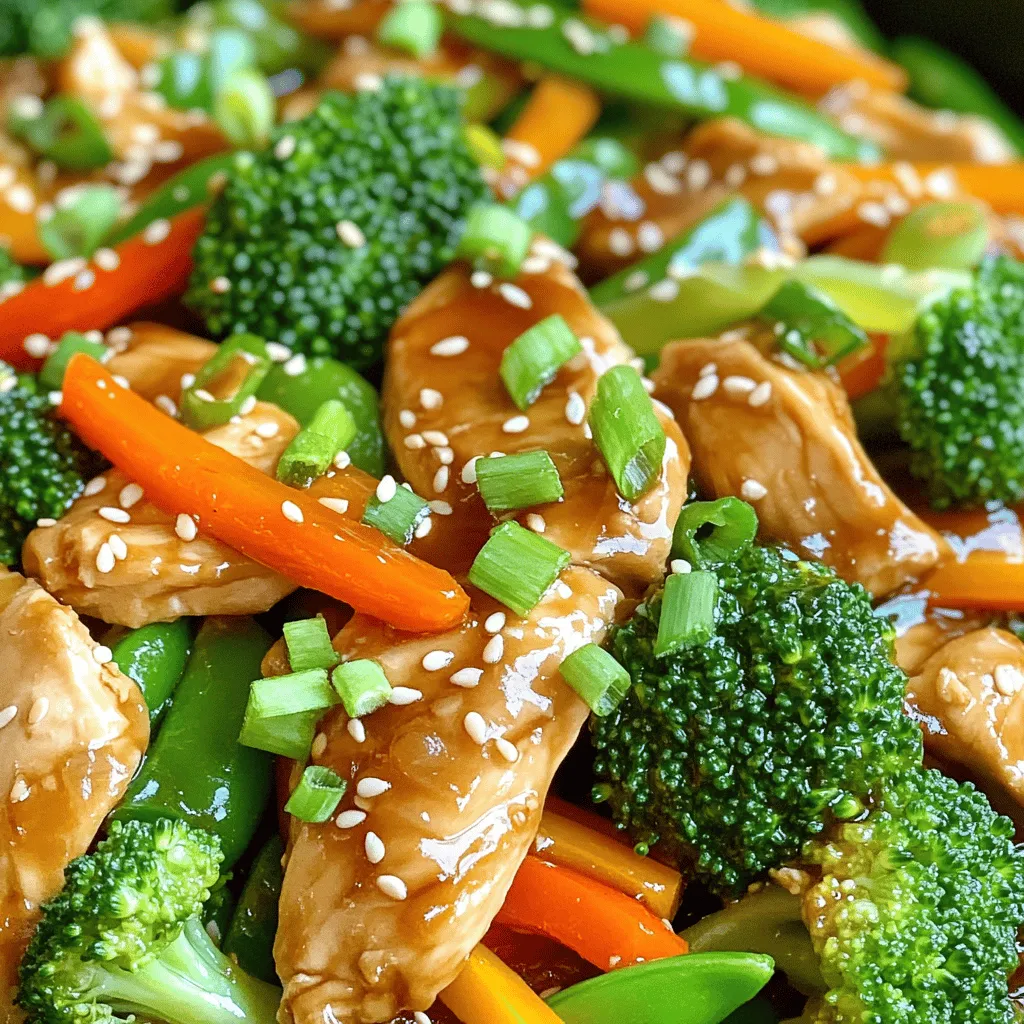 To make a tasty teriyaki chicken stir fry, you will need: - 1 pound chicken breast, sliced into thin strips - 2 tablespoons vegetable oil - 1 cup broccoli florets - 1 bell pepper (red or yellow), sliced - 1 carrot, julienned - 1 cup snap peas - 3 cloves garlic, minced - 1 inch fresh ginger, grated - 4 tablespoons teriyaki sauce - 1 tablespoon honey - 1 teaspoon sesame oil These ingredients create a balance of protein and veggies, making the dish colorful and healthy. You can add these optional items for extra flavor: - Red pepper flakes for heat - Mushrooms for an earthy taste - Green beans for crunch - Water chestnuts for added texture These ingredients let you customize your stir fry to suit your taste. Garnishing makes your dish look appealing. Try these: - 2 green onions, chopped - Sesame seeds These simple garnishes add freshness and a nice touch to your plate. If you want to see the full recipe, check it out! Start by slicing the chicken breast into thin strips. This helps it cook evenly. In a bowl, mix the chicken with two tablespoons of teriyaki sauce. Let it marinate for 15 minutes. This step is key for flavor and tenderness. Heat two tablespoons of vegetable oil in a large skillet or wok over medium-high heat. Once hot, add the marinated chicken. Cook for about 5-7 minutes. Aim for a nice golden color and ensure the chicken is fully cooked. Once done, remove the chicken from the skillet and set it aside. In the same skillet, add minced garlic and grated ginger. Sauté for about 30 seconds until you smell the aroma. Then, toss in the broccoli, bell pepper, carrot, and snap peas. Stir-fry these for 3-4 minutes. You want them to be tender-crisp, not mushy. Return the cooked chicken to the skillet. Now, add the remaining teriyaki sauce, honey, and sesame oil. Toss everything together for another 2-3 minutes. This thickens the sauce and coats the chicken and vegetables well. Finally, garnish with chopped green onions and sesame seeds. Serve hot over steamed rice or noodles. To make a great stir fry, start with high heat. Use a wok or large skillet. This helps cook the food fast, keeping it crisp. Cut your chicken and veggies into small, even pieces. They will cook quickly and evenly this way. Remember to keep stirring! This prevents burning and helps with even cooking. Teriyaki sauce is key to this dish. You can use store-bought or make your own. To make it, mix soy sauce, sugar, and mirin. Add a bit of garlic and ginger for extra flavor. If you want it thicker, mix some cornstarch with water. Add this to your sauce while it cooks. This will give you that glossy finish. One big mistake is overcrowding the pan. If you add too much food, it will steam instead of fry. Cook in batches if needed. Another mistake is not preheating your pan. Always heat your oil before adding food. Lastly, don’t forget to taste as you cook. This helps you adjust flavors right away. Enjoy your cooking! {{image_2}} You can swap the chicken for many other proteins. Try beef, shrimp, or tofu. Each option offers a new taste. For beef, use thinly sliced flank steak. Cook it the same way as chicken. For shrimp, just toss them in during the last few minutes. Tofu works well too! Press it to remove water, then cube it. Stir-fry until golden for a tasty treat. If you want a vegetarian or vegan dish, tofu or tempeh are great choices. Both soak up flavors well. You can also use seitan, a wheat-based protein. It mimics meat's texture and is very satisfying. For a lighter option, chickpeas or edamame add protein and flavor. They cook quickly and pair nicely with the sauce. Feel free to mix in any veggies you love. Zucchini, mushrooms, and baby corn add great texture. Snow peas or bell peppers bring color and crunch. You can also try bok choy or spinach for a boost of greens. Just remember, cut your veggies into similar sizes. This helps them cook evenly. Stir-fry for a few minutes until they are tender but still crisp. Enjoy your meal! To keep your teriyaki chicken stir fry fresh, store it in an airtight container. Make sure to let it cool down to room temperature first. This helps avoid extra moisture buildup. You can keep it in the fridge for up to three days. Label the container with the date so you remember when you made it. When you are ready to eat your leftovers, use a skillet for the best results. Heat a little oil over medium heat. Add the stir fry and stir often until hot. This keeps the chicken and veggies from getting soggy. You can also microwave it, but be careful not to overheat. Heat in short bursts, stirring in between. If you want to save your stir fry for later, freezing is a good option. Place the cooled stir fry in a freezer-safe bag or container. Squeeze out as much air as possible to prevent freezer burn. It can last up to three months in the freezer. When you are ready to eat it, thaw overnight in the fridge before reheating. Teriyaki chicken comes from Japan. The word "teriyaki" means "glaze" in Japanese. It refers to a cooking style that uses soy sauce and sugar as a glaze. This dish mixes chicken with fresh veggies in a quick stir fry. It blends Japanese flavors with a fast cooking method. Yes, you can prepare this dish ahead. Cook the chicken and vegetables, then cool them. Store in a container in the fridge. When you are ready to eat, reheat it in a pan. This makes it easy for busy weeknights. To thicken teriyaki sauce, mix cornstarch with water in a small bowl. Use one tablespoon of cornstarch with one tablespoon of water. Stir this mixture into the sauce while it cooks. Heat it until it thickens to your liking. You can serve this dish over steamed rice or noodles. It also pairs well with a side salad or some spring rolls. Add some extra vegetables for color and nutrition. This makes for a fun and complete meal. You can find the full recipe above to guide you through making this tasty dish. Enjoy your cooking! Teriyaki chicken stir fry offers a tasty meal that’s easy to make. We discussed key ingredients and tips to enhance flavor. You learned best cooking methods and how to avoid common mistakes. We also explored variations, making it easy to suit your taste. In the end, whether you're cooking for yourself or friends, this dish is a winner. Enjoy creating your own teriyaki chicken stir fry!