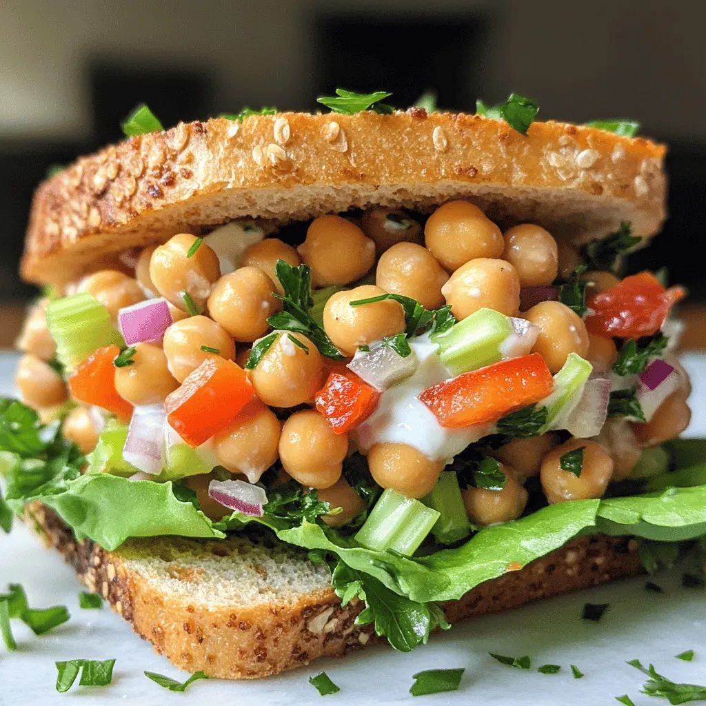 - 1 can (15 oz) chickpeas - 1/4 cup Greek or vegan yogurt - 2 tablespoons tahini - 1 tablespoon lemon juice - 1 tablespoon Dijon mustard - 1 celery stalk, finely chopped - 1/4 cup red bell pepper, diced - 1/4 cup red onion, finely chopped - 2 tablespoons fresh parsley, chopped - Lettuce or spinach leaves for serving - Salt and pepper to taste - Whole grain or sourdough bread I love using chickpeas for this sandwich. They are packed with protein and fiber. To start, drain and rinse the chickpeas. This helps remove extra sodium and gives a fresher taste. You can mash them with a fork. I like to leave some chunks for texture. Next, add yogurt, tahini, lemon juice, and Dijon mustard. These ingredients give the salad a creamy and zesty flavor. Mix them well until everything is combined. Now, let’s add veggies. Chopped celery adds a nice crunch. Diced red bell pepper gives sweetness and color. Red onion adds a bit of sharpness. Don’t forget the fresh parsley for a touch of green. Season with salt and pepper. This step is key! Taste as you go to find the right balance. For serving, choose whole grain or sourdough bread. Add lettuce or spinach leaves for extra freshness. For the full recipe, check out the Chickpea Delight Sandwich! You’ll enjoy making this fresh and flavorful meal. - First, mash the chickpeas with a fork. Aim for a mostly smooth texture. - Next, mix in Greek yogurt, tahini, lemon juice, and Dijon mustard. Stir well until combined. - Then, fold in chopped celery, red bell pepper, red onion, and parsley. This adds crunch and color. - Lastly, season with salt and pepper. Taste and adjust the seasoning as needed. - If you like, toast your bread slices lightly. This adds a nice crunch. - Spread a generous portion of the chickpea mixture on one slice of bread. - Top it with fresh lettuce or spinach leaves for added crunch. Then, add another slice of bread on top. - Cut the sandwich in half for easy eating. - Serve it immediately for the best taste, or wrap it up for a tasty lunch later. For a complete guide, check the Full Recipe for more details. To get the perfect texture for your chickpea salad, mash the chickpeas well. Use a fork to mash them until they are mostly smooth, but leave some chunks. This gives your sandwich a nice bite. If you want a creamier mix, add more Greek yogurt or tahini. These ingredients help bind the salad while keeping it moist. Spices and herbs can really boost the taste of your chickpea salad. Try adding cumin or paprika for a warm flavor. Fresh herbs like dill or cilantro can also brighten it up. For toppings, consider sliced tomatoes or a smear of hummus. These add extra layers of flavor and texture to your sandwich. When serving your chickpea salad sandwich, think about sides that complement it. A light salad or some crunchy carrot sticks work well. For drinks, pair it with iced tea or lemonade. These beverages refresh your palate and balance the meal. If you want to bring this sandwich for lunch, it holds up well in a lunchbox. Enjoy it fresh or wrap it up for later! For the full recipe, check out the Chickpea Delight Sandwich 🥙. {{image_2}} You can easily make this sandwich vegan. Simply substitute Greek yogurt with a dairy-free alternative. This keeps the creamy texture while making it plant-based. You can also add more veggies for extra crunch. Try grated carrots, diced cucumbers, or even radishes. They not only boost flavor but also add color. Want to change things up? Adding avocado slices or pickles can bring new flavors. The creaminess of avocado pairs well with the chickpeas. Pickles add a tangy crunch that contrasts nicely. You can also try different mustards or dressings. Spicy mustard or a zesty vinaigrette can create a whole new taste experience. If you have dietary needs, consider using gluten-free bread. There are many tasty options available now. You can also explore different types of wraps. Spinach wraps or whole wheat tortillas can give you a fun twist. They also make it easy to eat on the go. For the full recipe, check out the details above. To store leftover chickpea salad, place it in an airtight container. This keeps it fresh and safe. You can enjoy it for up to three days in the fridge. After that, the flavors may fade, and the texture might change. Yes, you can freeze chickpea salad. To do this, scoop the salad into a freezer-safe container. Leave some space at the top, as it may expand. You can freeze it for up to one month. When ready to eat, move it to the fridge overnight to thaw. Enjoying leftovers is simple. You can eat the salad cold or gently warm it. If you warm it, use a pan on low heat. This keeps the texture nice. Avoid using a microwave, as it can make the bread soggy. You can use other legumes as a chickpea swap. Here are some great options: - White beans: They are creamy and mild. - Black beans: They add a nice color and flavor. - Lentils: They cook fast and are packed with nutrients. - Edamame: This adds a fun twist and vibrant green color. Try these alternatives to create a unique flavor in your salad sandwich. Yes, you can make this sandwich gluten-free! Here are some options for gluten-free bread: - Gluten-free whole grain bread: It has a good texture and taste. - Rice cakes: These are light and crunchy. - Lettuce wraps: They are fresh and low in carbs. - Corn tortillas: These can add a fun twist to your sandwich. These options allow you to enjoy the flavors without gluten. Absolutely! Meal prepping this sandwich is easy. Here are some tips: - Make the chickpea salad: You can prepare it up to three days ahead. - Store in the fridge: Keep it in an airtight container. - Assemble before serving: This keeps the bread fresh and crisp. - Wrap it tightly: If you pack it for lunch, use foil or wax paper. These steps help you enjoy a quick and tasty meal on busy days. For the full recipe, check out the Chickpea Delight Sandwich. This blog post showed you how to make a tasty chickpea salad sandwich. We covered the main ingredients, preparation steps, and tips for the best flavor and texture. You can adjust the recipe for different diets and preferences. Remember to store any leftovers properly. Enjoy your new sandwich, knowing it’s packed with flavor and nutrition. Try different variations to find what you love best. Your next meal can be both healthy and delicious!