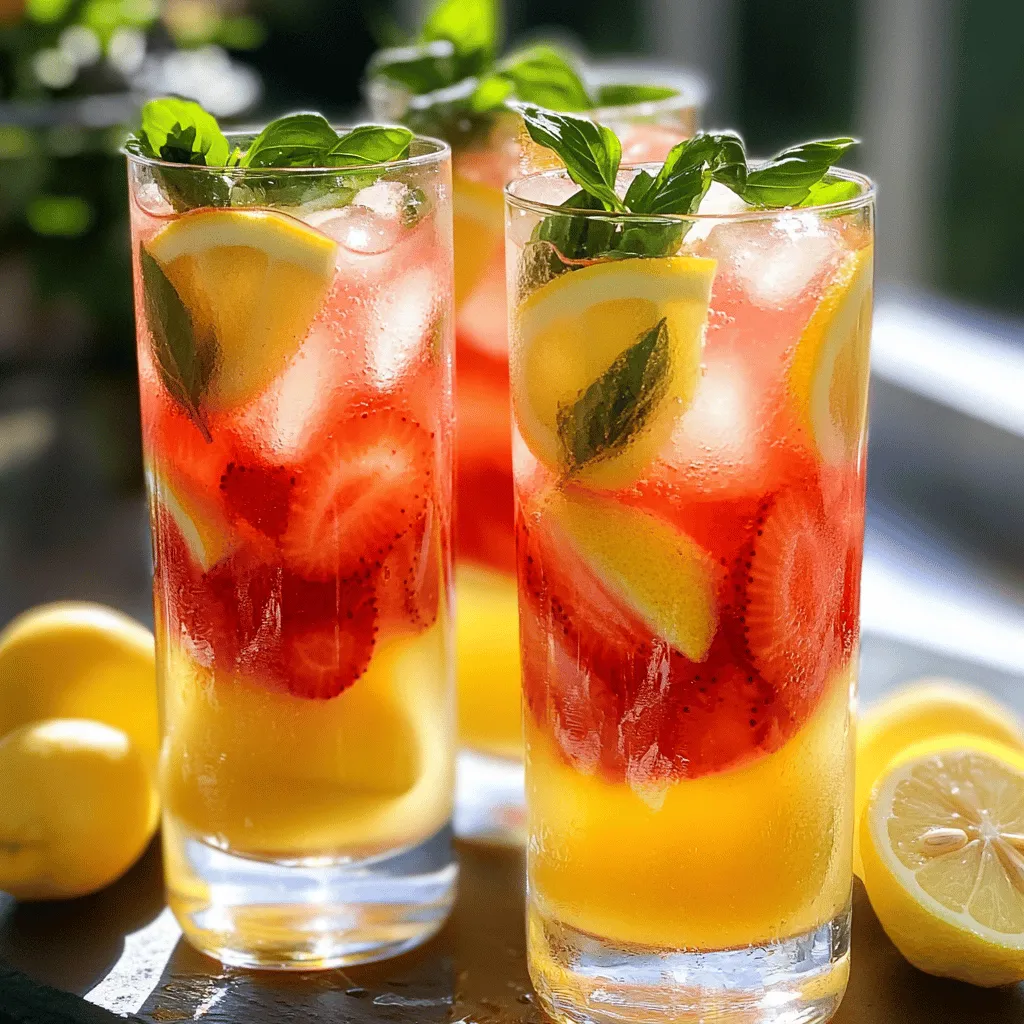 - 1 cup fresh strawberries - 1/4 cup fresh basil leaves - 1/2 cup freshly squeezed lemon juice - 1/2 cup honey or agave syrup - 4 cups cold water - Ice cubes - Garnishes for serving: Lemon slices and basil sprigs The main ingredients for your Strawberry Basil Lemonade are fresh and vibrant. Strawberries bring a sweet taste and bright color. Basil adds a twist of herbal flavor that pairs well with the berries. Lemon juice gives the drink a tangy kick, making it refreshing. Honey or agave syrup sweetens the mix, balancing the tartness of the lemon. Cold water rounds everything out, making it a cool drink for hot days. - Sparkling water for fizz - Additional sweeteners: sugar, maple syrup - Fruit variations: raspberries, blueberries You can add more flavors to your lemonade. If you want fizz, try using sparkling water instead of still water. You can also adjust sweetness with sugar or maple syrup. If you love berries, mix in raspberries or blueberries for extra taste and color. These options make your drink unique and fun! For the full recipe, click here. To start, place your sliced strawberries and fresh basil leaves in a blender. Blend them together until you get a smooth puree. This step creates a fresh and vibrant flavor base for your drink. Make sure there are no lumps left in the mixture. A smooth consistency helps the flavors mix better later. Next, grab a large pitcher. In it, combine your freshly squeezed lemon juice with honey or agave syrup. Stir well until the sweetener fully dissolves. This step is key because you want a balanced sweetness. You can adjust the sweetness to your taste if needed. Now it’s time for the fun part! Add the strawberry-basil puree to the lemon juice mixture. Stir everything together until it’s well combined. Pour in the cold water and mix again. Taste your lemonade and adjust the sweetness if you like. Chill it in the fridge for at least 30 minutes. This allows all the flavors to meld beautifully. Serve over ice cubes in tall glasses. Garnish with lemon slices and a sprig of basil for a refreshing finish. For the full recipe, check the details above. Use chilled ingredients for the best taste. Cold strawberries, basil, and water make the drink fresh. You can also try different sweeteners. Honey and agave syrup work well, but you can experiment. Some people like it sweeter, while others prefer it less sweet. Get creative with your garnishes! Lemon slices and basil sprigs look great. You can also add strawberries on the rim of the glass. Use tall glasses for a fun look. This drink is perfect for summer parties or picnics. To avoid a pulpy texture, blend the strawberries and basil until smooth. This step is key for a refreshing drink. Always taste your lemonade before serving. If it feels too thick, add more cold water. Keeping it fresh is also important. Store any leftovers in the fridge and drink within two days for the best flavor. {{image_2}} You can mix this drink up with other berries. Raspberries and blueberries pair well with strawberries. They add a nice twist and extra flavor. You can also add citrus notes. A splash of lime or orange juice gives a bright touch. Try a mix of all these fruits for a colorful drink! If you want to switch it up, use mint instead of basil. Mint adds a cool flavor that feels refreshing. You can also try other herbs. Rosemary or thyme can bring a unique taste. Just make sure to use them sparingly, as they can be strong. Not everyone loves sugar, so explore sugar-free options. You can use stevia or monk fruit as substitutes. These sweeteners work well without adding calories. Another great choice is local honey. It pairs perfectly with the fruit flavors and adds a nice depth. Flavored syrups like vanilla or lavender can also add a fun twist. For the complete recipe, check out the [Full Recipe]. To keep your strawberry basil lemonade fresh, use a glass pitcher. Glass helps maintain flavor and prevents chemical reactions. Store the lemonade in the refrigerator. It stays good for up to three days. If you notice bubbles, it may be time to toss it. You can freeze lemonade for later use. Pour it into ice cube trays or freezer-safe bags. This method is great for making slushies. When you want to drink it, let it thaw in the fridge overnight. You can also run warm water over the bags. This way, you won't lose the flavor. Check for bad smells or off-tastes. If the lemonade tastes sour or strange, don’t drink it. Also, look for changes in color. A dull look may mean it's past its prime. To reduce waste, try making smaller batches next time. That way, you enjoy every sip! Yes, you can make this drink ahead of time. Store it in a pitcher with a lid. Keep it in the fridge for up to three days. For best taste, add ice just before serving. Each serving has about 130 calories. You’ll get 0 grams of fat and 33 grams of carbohydrates. It also has 1 gram of protein. This drink is a great source of vitamin C from the lemon juice. To make this drink vegan, use agave syrup instead of honey. You can also try maple syrup or coconut nectar. Both options add a nice sweetness without animal products. Yes! You can add sparkling water instead of still water. This gives your drink a nice fizz and makes it feel more festive. You can also use soda water for a fun twist. This blog explained how to make delicious Strawberry Basil Lemonade. You learned about the fresh and optional ingredients, along with steps to create a smooth puree and mix the perfect lemonade base. We also talked about enhancing flavors and creative presentation ideas. Remember to store your drink well and watch for signs of spoilage. Finally, feel free to experiment with variations to find your favorite blend. Enjoy this refreshing drink at your next gathering!