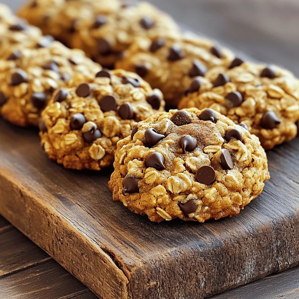 - 1 cup canned pumpkin puree - 1/2 cup unsalted butter, softened - 1/2 cup brown sugar, packed - 1/4 cup granulated sugar - 1 cup rolled oats - 1 cup all-purpose flour The main star here is the canned pumpkin puree. It gives the cookies their rich flavor and adds moisture. You can find it in any grocery store. The unsalted butter brings a creamy texture that makes each bite melt in your mouth. Mixing brown and granulated sugars enhances sweetness and adds depth. Rolled oats are essential for that chewy texture. They also make your cookies feel hearty. All-purpose flour binds everything together. It helps the cookies hold their shape as they bake. - Nuts (walnuts or pecans) - Dried fruit (cranberries or raisins) - Alternatives to chocolate chips You can make these cookies even better with add-ins. Nuts like walnuts or pecans add a nice crunch. Dried fruits such as cranberries or raisins bring a sweet and tangy twist. If you want to switch things up, try using white chocolate or butterscotch chips instead of semi-sweet chocolate chips. These options offer fun new flavors. For the full recipe, check the section below. - Prepping the baking sheet: Start by preheating your oven to 350°F (175°C). Line your baking sheet with parchment paper. This helps the cookies not stick. - Creaming the butter and sugars: In a large bowl, add the softened butter, brown sugar, and granulated sugar. Beat them together until the mix is light and fluffy. This takes about 2-3 minutes. - Combining the wet ingredients: Next, add the pumpkin puree, egg, and vanilla extract to the butter mix. Beat until everything is well combined. This adds moisture and flavor to your cookies. - Measuring and whisking the dry ingredients: In another bowl, measure out the rolled oats, flour, baking powder, baking soda, cinnamon, nutmeg, and salt. Whisk them together until they are well mixed. This helps to blend all the flavors evenly. - Adding dry to wet mixtures step-by-step: Gradually add the dry mix to the wet ingredients. Stir gently until just combined. Overmixing can make the cookies tough, so stop as soon as you see no dry flour. - Guidelines for scooping the dough: Use a tablespoon or a cookie scoop to drop the dough onto the prepared baking sheet. Space them about 2 inches apart. This gives them room to spread while baking. - Baking temperature and time: Bake the cookies for 12-15 minutes. Look for the edges to turn golden brown. The centers may still look soft, but that’s fine. They will firm up as they cool. - Cooling the cookies properly: Let the cookies cool on the baking sheet for about 5 minutes. Then, transfer them to a wire rack to cool completely. This helps keep them soft and chewy. For the complete recipe, feel free to refer to the Full Recipe. To make the perfect pumpkin oatmeal chocolate chip cookies, start with the right dough consistency. The dough should be soft but not too sticky. If it's too wet, add a little extra flour. If it feels dry, mix in a bit more pumpkin puree. This helps keep your cookies moist. When adding chocolate chips, fold them in gently. This ensures even distribution throughout the dough. You want every bite to have that sweet chocolate goodness. If your cookies come out too soft, they might need more time in the oven. Try adding an extra minute or two to the baking time. On the other hand, if they’re dry, your oven might run hot. Lower the temperature slightly next time and check for doneness sooner. Not all ovens bake the same way. If you notice uneven baking, consider rotating your baking sheet halfway through. This helps cookies bake evenly. These cookies taste great with a glass of cold milk or a warm cup of coffee. The rich pumpkin flavor pairs well with both drinks. For a lovely touch, serve cookies on a rustic wooden board. You can sprinkle some cinnamon on top or drizzle melted chocolate for extra flair. This makes for a beautiful presentation that impresses friends and family. For the full recipe, check out the main article! {{image_2}} If you want gluten-free pumpkin oatmeal chocolate chip cookies, swap all-purpose flour for a gluten-free blend. Many brands work well in cookies. Ensure all other ingredients are gluten-free too. For vegan-friendly substitutions, use a flax egg instead of the large egg. Mix 1 tablespoon of ground flaxseed with 3 tablespoons of water. Let it sit for a few minutes to thicken. Also, choose vegan butter or coconut oil to replace the unsalted butter. These changes keep the flavor while meeting dietary needs. To make your cookies stand out, think about adding spices. A little ground ginger or allspice can give them a warm kick. Just a pinch can make a big difference! You can also use flavored chips. Instead of semi-sweet chocolate chips, try white chocolate or butterscotch chips. These can add a sweet twist to the cookies and make them extra fun. If you want to create smaller bite-sized cookies, simply scoop a smaller amount of dough onto the baking sheet. This keeps the baking time the same, but check them a minute or two earlier. If you want a larger batch, just double the ingredients. This way, you can enjoy more cookies or share them with friends. You can find the Full Recipe to follow these adjustments easily and enjoy delicious cookies! To keep your Pumpkin Oatmeal Chocolate Chip Cookies fresh, store them in an airtight container. This helps keep them soft and chewy. You can place a slice of bread in the container. This adds moisture and helps keep the cookies from drying out. If you want to save some for later, freeze them. Just place the cookies in a freezer-safe bag. They will stay good for up to three months in the freezer. To enjoy your cookies warm again, use the oven or microwave. For the oven, preheat it to 350°F (175°C). Place the cookies on a baking sheet for about 5 minutes. This keeps them soft and tasty. For the microwave, heat them for about 10-15 seconds. Just be careful not to overheat them, or they may become hard. Enjoy your cookies fresh and warm! If you want to see the full recipe, check it out [here](link). Can I use fresh pumpkin instead of canned? Yes, you can use fresh pumpkin. Just cook and puree it first. Make sure it is smooth and not too watery. How can I make these cookies healthier? You can use whole wheat flour instead of all-purpose flour. You may also reduce sugar or add nuts and seeds for extra nutrients. Can I freeze the cookie dough? Absolutely! You can freeze the dough before baking. Just scoop it onto a sheet, freeze, and then store in a bag. How long do these cookies last? These cookies stay fresh for about a week in an airtight container. They also freeze well for up to three months. What’s the best way to measure flour? Use a spoon to fluff up the flour in the bag. Then, scoop it into a measuring cup and level it off with a knife. How do I prevent cookies from spreading? Chill the dough before baking. This helps the cookies keep their shape while baking. Can I use substitutes for butter? Yes, you can use coconut oil or applesauce instead of butter. This will change the flavor and texture a bit, but it works well. For the complete recipe, check out the Full Recipe section. This blog post covered all you need to make delicious pumpkin oatmeal chocolate chip cookies. We discussed key ingredients, optional add-ins, and the precise steps to create the perfect batch. You also learned helpful tips for troubleshooting common problems and ways to enhance flavors. For storage, proper tips ensure your cookies stay fresh longer. With these simple methods, you can bake and enjoy cookies that everyone loves. Now, get in the kitchen and start experimenting with these tasty ideas!