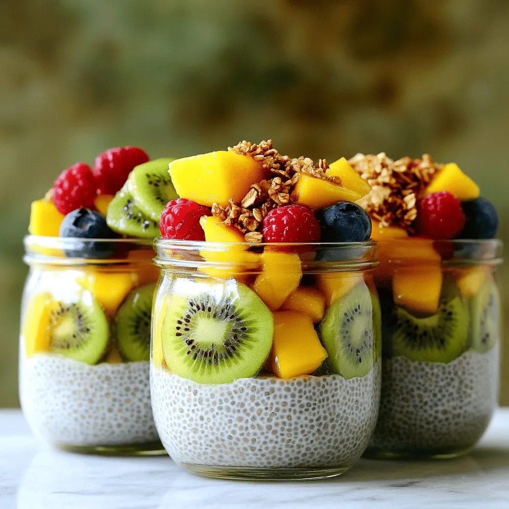 - Chia Seeds: Chia seeds are tiny, but they pack a big punch! They are high in fiber, protein, and omega-3 fatty acids. These nutrients help keep you full and can support heart health. Plus, chia seeds can absorb liquid, turning into a gel-like texture. This is what makes the pudding creamy and thick. - Plant-Based Milk Options: You can use almond milk, coconut milk, or soy milk for this recipe. Almond milk has a light flavor and is low in calories. Coconut milk gives a rich, creamy taste, while soy milk adds more protein. Choose the one you love most! - Sweeteners: Maple syrup and honey are great options for sweetening your pudding. Maple syrup is vegan and has a unique flavor. Honey is sweet and adds a touch of floral taste. If you want alternatives, try agave nectar or stevia. Just remember to adjust the sweetness to your taste! For the Full Recipe, be sure to check the detailed instructions and enjoy making this delightful treat! To start, gather your ingredients. You need chia seeds, almond milk, maple syrup, and vanilla extract. First, grab a mixing bowl. Add the chia seeds and pour in the almond milk. Use a whisk to mix them well. Whisking helps to break up clumps. You want a smooth mix with no lumps. This is key for the perfect pudding! Next, add the maple syrup and vanilla extract. If you want, you can also sprinkle in some cinnamon. Whisk again until everything is well combined. Make sure the sweetener dissolves fully. This step is important for flavor. After mixing, cover the bowl with plastic wrap. Or, you can pour the mix into a sealed jar. Now, it’s time for the chilling process. Place it in the fridge for at least 4 hours. If you can wait overnight, that is even better. The chia seeds will absorb the liquid. This makes the pudding thick and creamy. The longer it chills, the better the taste and texture. Once the pudding has chilled, take it out. Give it a good stir to ensure a smooth texture. If it's too thick, add a splash of almond milk. Now, you’re ready to serve! Spoon the pudding into jars or bowls. It’s fun to layer the pudding with fresh fruits like berries or mango. You can even add nuts or granola for a crunchy bite. Presentation matters, so make it look nice! Drizzle some extra maple syrup on top for an appealing finish. For those who want to explore more, check out the [Full Recipe]. To get the best texture for your vanilla chia seed pudding, pay close attention to the liquid ratios. Use 2 cups of almond milk for every 1/2 cup of chia seeds. This balance ensures a creamy consistency. If you want a thicker pudding, simply add more chia seeds. If it becomes too thick, add a splash of almond milk to loosen it up. To avoid clumps during preparation, whisk the chia seeds and almond milk together right away. A whisk works best because it mixes thoroughly. Stir for a minute to make sure the seeds are evenly distributed. Let the mixture sit for a few minutes, then whisk again. This helps break up any clumps that may form. For a fun twist, add cocoa powder or spices like cinnamon to your pudding. A tablespoon of cocoa powder brings a rich, chocolatey flavor. Cinnamon adds warmth and pairs well with vanilla. You can also try different extracts. Almond or coconut extract can create unique flavors. Just start with a small amount, like 1/4 teaspoon, and taste as you go. Chia seeds are packed with nutrients. They are high in omega-3 fatty acids, fiber, and protein. These small seeds help keep you full and satisfied. This pudding is a great dessert option because it is low in sugar and high in healthy fats. It is a treat that you can feel good about enjoying. {{image_2}} You can turn your vanilla chia seed pudding into a hearty breakfast. Mixing in oats makes it filling. Use rolled oats for a chewy bite. You can also stir in yogurt for added creaminess. This change makes your pudding more like overnight oats. For overnight oats, adjust the recipe slightly. Use 1/4 cup of oats and mix them with the chia seeds. Keep the same amount of almond milk. Let it sit overnight, just like the pudding. You will wake up to a tasty, ready-to-eat breakfast. Want to add some zing? Zest a lemon or orange into your pudding. Fresh herbs, like mint or basil, can also bring a new twist. These simple additions make your dessert stand out. You can also explore fruity blends. Try mixing in pureed fruits like bananas or mangoes. Nut butters, such as almond or peanut, add creaminess and flavor. Just stir in a tablespoon or two for a rich taste. This recipe works for many diets. It is naturally vegetarian and vegan. You can easily make it gluten-free by checking your almond milk. Most brands are safe. For health-conscious eaters, low-sugar options exist. You can reduce the maple syrup or use a sugar substitute. Stevia or monk fruit can sweeten the pudding without adding calories. This way, you can enjoy a treat that fits your needs. For the full recipe, check out the details above. To keep your vanilla chia seed pudding fresh, store it in a sealed container. Glass jars work great. They let you see the layers, and they help keep flavors strong. If you have leftovers, make sure to cover them well. This keeps out air and moisture, which can spoil the pudding. You can keep chia pudding in the fridge for up to five days. After that, it may not taste as good. Check for signs of spoilage. If you notice any off smells or changes in texture, it's best to toss it. Freshness is key for enjoying this creamy treat. Chia seed pudding is made from a few simple ingredients. You will need: - 1/2 cup chia seeds - 2 cups almond milk (or any plant-based milk) - 1/4 cup maple syrup (or honey) - 1 teaspoon vanilla extract - 1/2 teaspoon cinnamon (optional) - Fresh fruits for topping - Nuts or granola for crunch (optional) These items come together to create a creamy, nutritious treat. To make your chia pudding thicker, you can add more chia seeds. A good rule is to use 1/4 cup of chia seeds for every 2 cups of liquid. You can also let the pudding sit longer. This gives the seeds more time to absorb the liquid. If it’s still too thin, you can simply add more seeds and wait a bit more. Yes, you can use regular milk if you prefer. The taste will be creamier and richer. However, plant-based milk options like almond or coconut are lighter. They also cater to dairy-free diets. Choose what fits your taste and dietary needs best. Chia seeds are packed with nutrients. They are high in fiber, which helps digestion. They also contain omega-3 fatty acids, good for heart health. Plus, they are a great source of protein and calcium. Adding chia seeds to your diet can offer many health benefits. You can easily customize your chia pudding. Add fresh fruits like berries, kiwi, or mango on top. You can mix in nuts or granola for crunch. If you want extra flavor, try spices like nutmeg or cocoa powder. You can even switch the sweetener to suit your taste. Here’s a quick recap of the ingredients and steps: - Mix chia seeds and almond milk. - Add maple syrup, vanilla, and cinnamon. - Chill for at least 4 hours. - Stir and serve with your favorite toppings. This simple recipe makes a delicious treat! Vanilla chia seed pudding is a simple and healthy treat. We explored its key ingredients, like chia seeds and plant-based milk. Next, I shared step-by-step instructions to make it smooth and tasty. Remember, chilling improves the flavor. I also provided tips for texture and creative variations, ensuring everyone can enjoy it. In conclusion, this pudding is not just easy to make; it’s fun to customize and nutritious. Enjoy experimenting with flavors and toppings to make it your own!