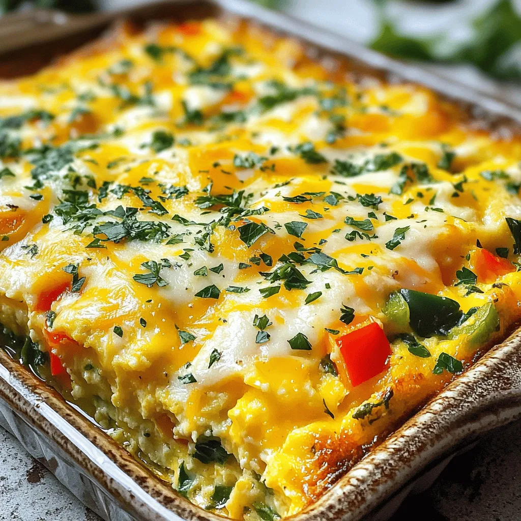 To make the savory breakfast casserole, gather the following ingredients: - 8 large eggs - 2 cups milk - 1 cup diced bell peppers (mixed colors) - 1 cup chopped spinach - 1 cup diced potatoes (pre-cooked) - 1 cup shredded cheese (cheddar or your choice) - 1 teaspoon garlic powder - 1 teaspoon onion powder - Salt and pepper to taste - 1 tablespoon olive oil - Optional: fresh herbs (parsley or chives) for garnish You can easily swap ingredients based on what you have. Here are some ideas: - Milk: Use any milk alternative like almond or oat milk. - Cheese: Try mozzarella, feta, or a dairy-free cheese. - Bell Peppers: Use zucchini or mushrooms instead. - Spinach: Kale or arugula works well too. - Potatoes: Sweet potatoes or cooked quinoa can change the flavor. Add some fun flavors or extra nutrition with these options: - Meats: Cooked bacon, sausage, or ham adds protein. - Veggies: Try broccoli, tomatoes, or asparagus for variety. - Spices: A pinch of cayenne or paprika can spice things up. - Herbs: Fresh basil or thyme can enhance the taste. With these simple ingredients and swaps, you can make the savory breakfast casserole your own. Check the Full Recipe for more details! 1. Start by preheating your oven to 375°F (190°C). Grease a 9x13-inch baking dish with olive oil. This step helps the casserole not stick. 2. In a large mixing bowl, whisk together the 8 large eggs and 2 cups of milk. Make sure they blend well. Season the mix with 1 teaspoon of garlic powder, 1 teaspoon of onion powder, and a pinch of salt and pepper. This adds great flavor. 3. Next, take your pre-cooked diced potatoes and spread them evenly across the bottom of the greased dish. This forms a solid base. 4. Now, sprinkle 1 cup of diced bell peppers and 1 cup of chopped spinach over the potatoes. The colors make it look nice and add nutrients. 5. Pour the egg mixture over the veggie layer. Ensure everything is coated evenly. This helps the flavors mix well. 6. Finally, top it off with 1 cup of shredded cheese. Cheddar works great, but feel free to use your favorite. 1. Place the casserole in the preheated oven. Bake it for 30-35 minutes. Keep an eye on it as it cooks. 2. Check if the casserole is set in the center. The top should also be golden. If it jiggles too much, it needs more time. 3. Once done, remove it from the oven and let it sit for 5 minutes. This cooling time makes slicing easier. - Ensure you cut the vegetables into similar sizes. This helps them cook at the same rate. - If you want a fluffier texture, let the egg mixture sit for a few minutes before baking. This lets the flavors blend more. - Rotate the casserole halfway through baking. This ensures even cooking and browning. - For extra flavor, try adding fresh herbs like parsley or chives right before serving. They add a nice touch. For more details, check the Full Recipe. Enjoy your cooking! To make your savory breakfast casserole truly shine, focus on fresh ingredients. Use colorful bell peppers for a sweet crunch. The mix of cheese adds richness. I love to use sharp cheddar for a bold taste. Don't skip the garlic and onion powders; they boost flavor immensely. A sprinkle of fresh herbs, like parsley or chives, adds a nice touch at the end. One common mistake is overcooking the casserole. Keep an eye on it while baking. When the top is golden, and the center is set, it's done. Another mistake is not letting it rest. Allowing the casserole to sit for 5 minutes helps it hold its shape. Finally, don’t skip seasoning. A pinch of salt and pepper makes a big difference. This casserole is perfect for meal prep. You can assemble it the night before. Just cover it with plastic wrap and store it in the fridge. In the morning, bake it directly from the fridge. If you want to freeze it, let it cool first. Wrap it well and freeze for up to three months. When you're ready, simply thaw and reheat. For the full recipe, check out the detailed steps above. {{image_2}} You can make this casserole vegetarian by using only veggies. Skip the meat and add more vegetables. Consider adding mushrooms, zucchini, or tomatoes for added flavor. You can also mix in some black beans for protein. This keeps your dish hearty without meat. If you want to add meat, the options are endless. Cooked bacon, sausage, or ham all work great. Just chop them into small pieces and mix them in. This adds a savory punch to the dish. You can also try smoked turkey for a lighter option. Feel free to play with the spices. Add paprika for a smoky taste or chili powder for warmth. Fresh herbs like thyme or basil can brighten the dish. Experiment with your favorite seasonings to find what you love. This makes the casserole truly yours. For a full recipe, check the details above. After enjoying your savory breakfast casserole, let it cool down. Then, place leftovers in an airtight container. Store it in the fridge for up to four days. This keeps the casserole fresh and tasty. Make sure to cover it well to prevent drying out. To reheat, preheat your oven to 350°F (175°C). Place the casserole in a baking dish. Cover it with foil to keep it moist. Heat for about 20 minutes, or until warm. You can also use the microwave. Just heat it in short bursts, checking often. This way, you avoid overcooking. You can freeze the casserole for later. First, let it cool completely. Cut it into portions and wrap each piece tightly in foil or plastic wrap. Place the wrapped pieces in a freezer bag. It will last for up to three months. When you're ready to eat, thaw it overnight in the fridge. Then, reheat as mentioned before. Enjoy your meal anytime with this simple step! For the full recipe, check out the complete guide. Yes, you can easily make this savory breakfast casserole gluten-free. Just choose gluten-free bread or skip the bread entirely. The dish remains tasty and filling without it. You can also use gluten-free seasonings to ensure the entire dish fits your needs. You can store the casserole in the fridge for up to four days. Make sure to cover it tightly with plastic wrap or foil. If you want to keep it longer, freeze it for up to three months. Just thaw it in the fridge before you reheat. Absolutely! If you want to use egg substitutes, there are many options. You can use flaxseed meal mixed with water or a store-bought egg replacer. These work well in this recipe, keeping it moist and delicious. Just remember to follow the package instructions for the right amounts. For the full details on how to prepare this dish, check the Full Recipe. This blog post covered the essential ingredients and steps to make a delicious casserole. We explored ingredient substitutions and tips for even cooking. I also shared tricks for maximum flavor and common mistakes to avoid. You can adjust the recipe for different diets and store leftovers easily. Remember, cooking should be fun. Don’t be afraid to try new things. Experiment with flavors. Enjoy your time in the kitchen!