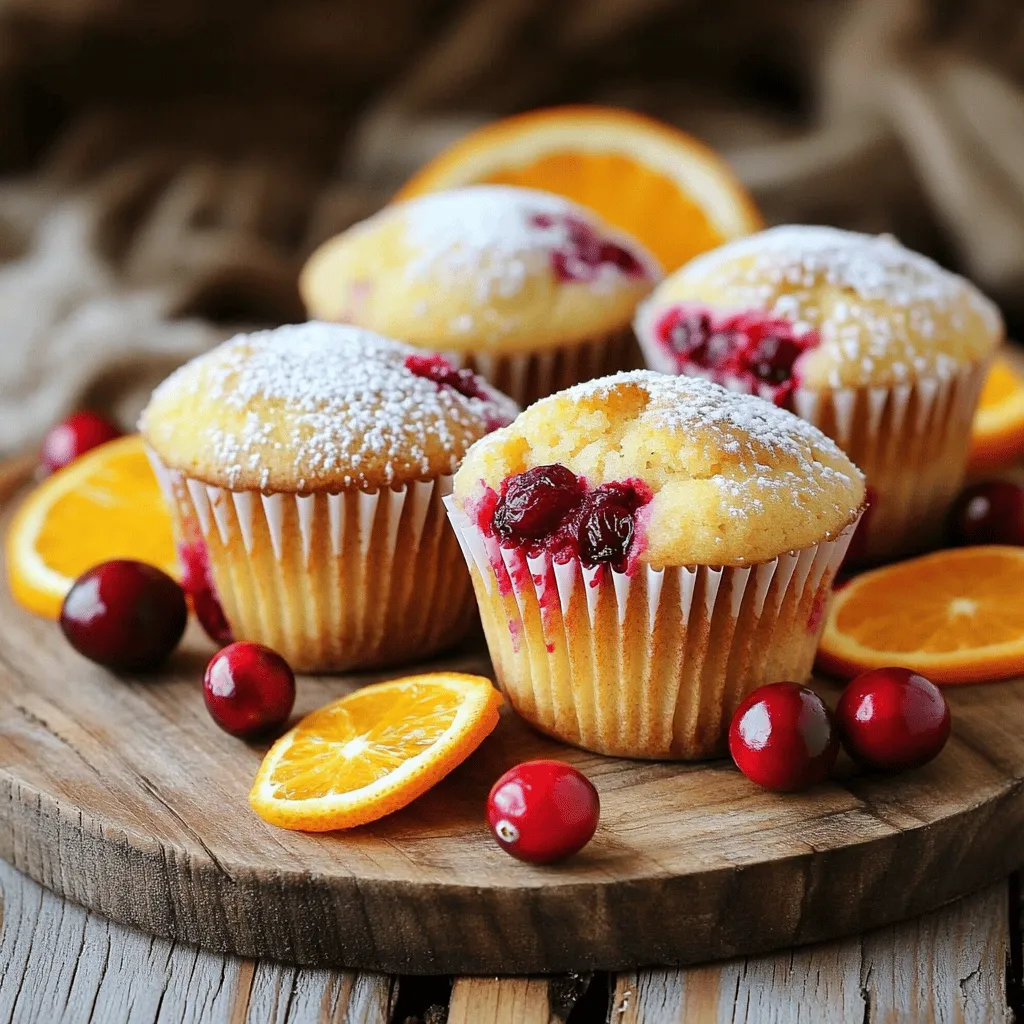 To create delicious orange cranberry muffins, you need a few simple ingredients. Here’s what you will need: - 1 ½ cups all-purpose flour - 1 cup fresh cranberries, roughly chopped - ½ cup granulated sugar - ½ cup brown sugar, packed - 1 tablespoon baking powder - ½ teaspoon baking soda - ½ teaspoon salt - 1 large orange, zested and juiced - 1 large egg - ½ cup buttermilk - ⅓ cup vegetable oil - 1 teaspoon vanilla extract - Optional: ¼ cup chopped walnuts or pecans for added crunch These ingredients combine to create a sweet and tangy muffin. The fresh cranberries bring a burst of color and flavor. The orange zest adds a nice citrus note that brightens each bite. The buttermilk keeps the muffins moist and tender. If you want some crunch, add nuts for texture. When gathering your ingredients, make sure you use fresh cranberries. They provide a tartness that pairs well with the sweetness of the sugars. This recipe is easy to follow. With the right ingredients, you can make these muffins in no time. For the full recipe, check out the details in the next sections. 1. Preheat your oven to 375°F (190°C). Line a muffin tin with paper liners or grease it well. This step helps with easy removal later. 2. In a large mixing bowl, whisk together the dry ingredients: all-purpose flour, granulated sugar, brown sugar, baking powder, baking soda, and salt. Make sure they blend well. 3. In another bowl, combine the wet ingredients: orange zest, orange juice, egg, buttermilk, vegetable oil, and vanilla extract. Whisk until smooth and combine all flavors. 1. Pour the wet mixture into the dry ingredients. Gently fold the two together until just combined. It’s okay if you have a few lumps. Over-mixing can make your muffins tough. 2. Now, fold in the chopped cranberries. If you want some crunch, add the optional nuts too. This gives your muffins texture and flavor. 1. Divide the batter evenly among the muffin cups, filling each about two-thirds full. This helps them rise nicely. 2. Bake in the preheated oven for 18-20 minutes. Check for doneness by inserting a toothpick into the center. If it comes out clean, your muffins are ready! 3. Once baked, remove them from the oven and let the muffins cool in the pan for 5 minutes. Then, transfer them to a wire rack to cool completely. For the full recipe, check out the details above! To make the best orange cranberry muffins, avoid over-mixing the batter. When you combine the dry and wet ingredients, stir gently. If you see some lumps, that’s okay! Over-mixing can make your muffins tough, and nobody wants that. Ensuring even baking is key for perfect muffins. Place your muffin tin in the center of the oven. This helps heat circulate well. Rotate the tin halfway through baking for an even golden color. Store your muffins in an airtight container. This keeps them fresh for up to three days. You can also wrap them in plastic wrap for extra protection. If you want to keep them longer, freeze them. Just make sure they cool completely before wrapping. For serving, enjoy your muffins warm. A light dusting of powdered sugar adds a nice touch. You can also serve them with a dollop of butter or cream cheese. Add some whole cranberries and orange slices around your serving platter for a pop of color. To boost the flavor, try adding spices. A pinch of cinnamon or nutmeg complements the cranberry taste well. You can also add a teaspoon of ginger for a fun twist. If you like it sweeter, adjust the sugar. Start with half a cup of granulated sugar and brown sugar. If you prefer more sweetness, add a bit more. Just remember, the orange juice adds natural sugar too. For the full recipe, check out the Citrus Burst Orange Cranberry Muffins. Enjoy creating delicious treats! {{image_2}} If you want to make these muffins gluten-free, you can use a gluten-free flour blend. Make sure to choose one that works well in baking. This swap keeps the texture light and fluffy. For those needing dairy-free options, you can replace buttermilk with almond milk or oat milk. Just add a splash of vinegar to mimic the tangy taste of buttermilk. You can switch up the flavors by adding different fruits. Try blueberries, raspberries, or even diced apples for a fun twist. If you're a nut lover, consider using almonds or pecans instead of walnuts. Each nut brings its own unique taste and crunch to the muffins. You can change flavors for the holidays. In winter, add spices like cinnamon or nutmeg for warmth. For summer, consider using lemon zest for a bright flavor. Using frozen cranberries is a great option, too. They are just as tasty as fresh and save you prep time. Just toss them in frozen without thawing. This keeps the muffins moist and fruity. To keep your orange cranberry muffins fresh for a few days, store them in an airtight container. This helps to lock in moisture and keeps them soft. You can also wrap them in plastic wrap for added protection. The ideal temperature for storing is room temperature, away from direct sunlight. This way, they stay tasty for up to three days. If you want to save muffins for a longer time, freezing is the best option. Wrap each muffin in plastic wrap, then place them in a freezer bag. Make sure to remove as much air as possible. They can last up to three months in the freezer. When you are ready to enjoy them, take muffins out and let them thaw at room temperature. For the best texture, reheat them in the oven at 350°F (175°C) for about 10-15 minutes. To tell if your muffins are no longer good, check for mold or an off smell. If the muffins feel dry or hard, they are likely past their prime. Always trust your senses. For food safety, it’s best to discard any muffins that show signs of spoilage. Keeping muffins stored properly helps prevent waste and ensures you enjoy every bite of your delicious creation from the full recipe. How can I make my muffins fluffier? To make your muffins fluffier, use fresh baking powder. Mix dry and wet ingredients separately first. Gently fold them together to keep air in the batter. This helps your muffins rise well. Can I use frozen cranberries? Yes, you can use frozen cranberries! Just toss them in a little flour before adding to the batter. This helps them not sink. Frozen cranberries will add a nice tartness too. How do I know when my muffins are baked correctly? Your muffins are done when they are golden brown on top. Insert a toothpick in the center; it should come out clean. If it has wet batter, bake a little longer. Can I add more sugar for sweetness? Absolutely! You can add more sugar if you like it sweet. Just remember to adjust for taste. Too much sugar may change the texture, so add it slowly. What can I use instead of buttermilk? You can use milk with vinegar or lemon juice as a substitute. Mix one cup of milk with one tablespoon of vinegar. Let it sit for five minutes. This will mimic buttermilk's tang. How do I customize the muffin recipe for allergies? If you have allergies, swap out ingredients. Use gluten-free flour for a gluten-free option. For dairy-free, try almond milk or coconut milk instead of buttermilk. Always check labels for hidden allergens. For the complete recipe, check out the Full Recipe section! We covered the key ingredients and steps to bake tasty cranberry muffins. Remember to mix wet and dry ingredients gently to avoid tough muffins. Try adding nuts for crunch or adjusting flavors to your taste. Store these fresh muffins properly to enjoy them later. Whether you want a simple treat or a festive variation, this recipe is flexible. Now it’s time to bake and enjoy your delicious muffins!