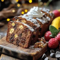 - 3 ripe bananas, mashed - 1/2 cup unsalted butter, softened - 1/2 cup brown sugar - 1/4 cup granulated sugar - 2 large eggs - 1 teaspoon vanilla extract - 1 teaspoon baking soda - 1/4 teaspoon salt - 1 1/2 cups all-purpose flour - 1 cup semi-sweet chocolate chips - 1/2 cup chopped walnuts (optional) - 1 teaspoon ground cinnamon - 1/4 teaspoon nutmeg (optional) Gather these ingredients before you start. Having everything ready makes cooking easy and fun. You can use fresh bananas or those that are slightly overripe. They add more flavor and moisture to your bread. The butter should be soft but not melted. This helps mix it well with the sugars. Make sure your eggs are at room temperature. This helps them mix better with the other ingredients. If you choose to add walnuts, chop them into small pieces. This way, they blend well with the chocolate chips. You can also play with spices. Adding ground cinnamon gives warmth to the flavor. A pinch of nutmeg can enhance the taste too but is optional. For a richer experience, consider using dark chocolate chips. They pair well with the sweetness of bananas. Lastly, keep your tools handy. Mixing bowls, a whisk, and a loaf pan are essential. You will also need a toothpick to check if the bread is done. Now, you're ready to make something delicious! - Preheat your oven to 350°F (175°C). - Grease the loaf pan well to prevent sticking. - In a large bowl, combine softened butter, brown sugar, and granulated sugar until creamy. - Next, add the mashed bananas. Mix until smooth. - Beat in the eggs one by one, then stir in the vanilla extract. - In another bowl, whisk together the flour, baking soda, salt, and spices like cinnamon and nutmeg. - Gently fold the dry ingredients into the wet mixture until just combined. - Now, fold in the chocolate chips and nuts, if you’re using them. - Pour the batter into your greased loaf pan. Spread it evenly. - Bake in your preheated oven for 50-60 minutes. A toothpick should come out clean when done. - Let the bread cool in the pan for 10 minutes. - After that, transfer it to a wire rack to cool completely. Follow these steps, and you'll make a delightful Chocolate Chip Banana Bread. For the full recipe, check out the recipe card! To make your chocolate chip banana bread moist, try adding yogurt or applesauce. These ingredients help keep the bread tender and delicious. Use about 1/4 cup of yogurt or applesauce for this recipe. When measuring flour, use a spoon to scoop it into the measuring cup. Avoid packing it down. Level it off with a knife to get the right amount. This step ensures your bread has the best texture. A simple way to boost sweetness is by adding a pinch of salt. This small step can make your banana bread taste even better. It enhances the flavors of chocolate and banana. Consider using dark chocolate chips instead of semi-sweet ones. Dark chocolate adds a rich depth to the bread. It pairs so well with the sweet bananas. If your banana bread is dense, it may be from too much flour. Make sure to measure flour correctly. You can also try mixing less; over-mixing can make it tough. To avoid a dry texture, check your bake time. Ovens vary in heat. Use a toothpick to test for doneness. If it comes out very clean, your bread might be overbaked. Aim for a few crumbs on the toothpick for a perfect loaf. {{image_2}} For a twist on classic chocolate chip banana bread, try adding flavors. One great option is peanut butter chocolate chip banana bread. Mix in 1/2 cup of creamy peanut butter. This adds a rich taste and creamy texture. Another fun choice is coconut chocolate chip banana bread. Add 1/2 cup of shredded coconut to your batter. This gives your bread a tropical flair that pairs well with the chocolate. You can also make changes to fit different diets. If you're gluten-free, try using almond flour instead of all-purpose flour. Almond flour gives a nice texture and flavor without gluten. For a vegan option, replace eggs with flax eggs. To make a flax egg, mix one tablespoon of flaxseed meal with three tablespoons of water. Let it sit for five minutes to thicken. This works well in the recipe and keeps it plant-based. Want to make your banana bread even more exciting? Consider adding dried fruits like raisins or cranberries. They add sweetness and extra flavor. You can also mix in seeds or nuts to give your bread a nice crunch. Chopped walnuts or sunflower seeds work well. They add good texture and nutrients, making your bread more filling. For the full recipe, check out the Choco-Banana Bliss Bread. It's simple and tasty! After baking, let your chocolate chip banana bread cool completely. This step is key. If you store it warm, moisture builds up, making it soggy. Use an airtight container for the best freshness. You can also wrap it tightly in plastic wrap or aluminum foil. Both methods keep the bread soft. To freeze slices, first, let the bread cool. Then, cut it into thick slices. Wrap each slice in plastic wrap. Place the wrapped slices in a freezer bag. Make sure to remove as much air as possible. When you're ready to eat, thaw the slices overnight in the fridge. You can also microwave them for about 15-20 seconds for a quick treat. Homemade chocolate chip banana bread lasts about 3 to 4 days at room temperature. If you store it in the fridge, it can last up to a week. However, the bread tastes best fresh. For longer storage, freezing is the way to go. To make chocolate chip banana bread moist, I suggest adding a few ingredients. Use ripe bananas; they add natural moisture and sweetness. You can also mix in yogurt or applesauce. Both ingredients keep the bread soft. Another tip is to avoid over-mixing the batter. This helps keep the bread light and fluffy. Yes, you can use frozen bananas! Just make sure to thaw them first. Once thawed, drain any extra liquid. Mash them well before adding to the batter. This keeps the flavor strong and the texture nice. Using frozen bananas is a great way to use up those old ones. If you want to skip eggs, there are good substitutes. You can use 1/4 cup of unsweetened applesauce for each egg. Mashed banana also works; use 1/4 cup for one egg. Flax eggs are another option; mix 1 tablespoon of ground flaxseed with 2.5 tablespoons of water. Let it sit for a few minutes to thicken. Absolutely! You can add nuts like walnuts or pecans for crunch. Dried fruits like raisins or cranberries can add sweetness. You could also try different chocolate types, like dark chocolate or white chocolate chips. For a fun twist, add a bit of peanut butter or coconut flakes. Mix and match to find your perfect flavor! To check if your banana bread is done, insert a toothpick into the center. If it comes out clean or with just a few crumbs, it's ready. The top should look golden brown, and the edges should pull away slightly from the pan. If the bread looks too wet, bake it a little longer. Always trust your senses! In this blog post, we explored how to make delicious chocolate chip banana bread. We listed all the key ingredients and tools you'll need. The step-by-step guide made baking easy and fun. I shared tips to make your loaf moist and tasty, along with fun variations. Now, you can enjoy banana bread that suits your taste. Try different flavors and mix-ins to make it your own. Happy baking!