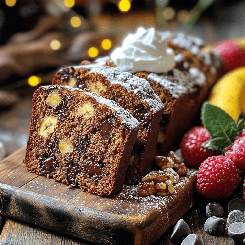- 3 ripe bananas, mashed - 1/2 cup unsalted butter, softened - 1/2 cup brown sugar - 1/4 cup granulated sugar - 2 large eggs - 1 teaspoon vanilla extract - 1 teaspoon baking soda - 1/4 teaspoon salt - 1 1/2 cups all-purpose flour - 1 cup semi-sweet chocolate chips - 1/2 cup chopped walnuts (optional) - 1 teaspoon ground cinnamon - 1/4 teaspoon nutmeg (optional) Gather these ingredients before you start. Having everything ready makes cooking easy and fun. You can use fresh bananas or those that are slightly overripe. They add more flavor and moisture to your bread. The butter should be soft but not melted. This helps mix it well with the sugars. Make sure your eggs are at room temperature. This helps them mix better with the other ingredients. If you choose to add walnuts, chop them into small pieces. This way, they blend well with the chocolate chips. You can also play with spices. Adding ground cinnamon gives warmth to the flavor. A pinch of nutmeg can enhance the taste too but is optional. For a richer experience, consider using dark chocolate chips. They pair well with the sweetness of bananas. Lastly, keep your tools handy. Mixing bowls, a whisk, and a loaf pan are essential. You will also need a toothpick to check if the bread is done. Now, you're ready to make something delicious! - Preheat your oven to 350°F (175°C). - Grease the loaf pan well to prevent sticking. - In a large bowl, combine softened butter, brown sugar, and granulated sugar until creamy. - Next, add the mashed bananas. Mix until smooth. - Beat in the eggs one by one, then stir in the vanilla extract. - In another bowl, whisk together the flour, baking soda, salt, and spices like cinnamon and nutmeg. - Gently fold the dry ingredients into the wet mixture until just combined. - Now, fold in the chocolate chips and nuts, if you’re using them. - Pour the batter into your greased loaf pan. Spread it evenly. - Bake in your preheated oven for 50-60 minutes. A toothpick should come out clean when done. - Let the bread cool in the pan for 10 minutes. - After that, transfer it to a wire rack to cool completely. Follow these steps, and you'll make a delightful Chocolate Chip Banana Bread. For the full recipe, check out the recipe card! To make your chocolate chip banana bread moist, try adding yogurt or applesauce. These ingredients help keep the bread tender and delicious. Use about 1/4 cup of yogurt or applesauce for this recipe. When measuring flour, use a spoon to scoop it into the measuring cup. Avoid packing it down. Level it off with a knife to get the right amount. This step ensures your bread has the best texture. A simple way to boost sweetness is by adding a pinch of salt. This small step can make your banana bread taste even better. It enhances the flavors of chocolate and banana. Consider using dark chocolate chips instead of semi-sweet ones. Dark chocolate adds a rich depth to the bread. It pairs so well with the sweet bananas. If your banana bread is dense, it may be from too much flour. Make sure to measure flour correctly. You can also try mixing less; over-mixing can make it tough. To avoid a dry texture, check your bake time. Ovens vary in heat. Use a toothpick to test for doneness. If it comes out very clean, your bread might be overbaked. Aim for a few crumbs on the toothpick for a perfect loaf. {{image_2}} For a twist on classic chocolate chip banana bread, try adding flavors. One great option is peanut butter chocolate chip banana bread. Mix in 1/2 cup of creamy peanut butter. This adds a rich taste and creamy texture. Another fun choice is coconut chocolate chip banana bread. Add 1/2 cup of shredded coconut to your batter. This gives your bread a tropical flair that pairs well with the chocolate. You can also make changes to fit different diets. If you're gluten-free, try using almond flour instead of all-purpose flour. Almond flour gives a nice texture and flavor without gluten. For a vegan option, replace eggs with flax eggs. To make a flax egg, mix one tablespoon of flaxseed meal with three tablespoons of water. Let it sit for five minutes to thicken. This works well in the recipe and keeps it plant-based. Want to make your banana bread even more exciting? Consider adding dried fruits like raisins or cranberries. They add sweetness and extra flavor. You can also mix in seeds or nuts to give your bread a nice crunch. Chopped walnuts or sunflower seeds work well. They add good texture and nutrients, making your bread more filling. For the full recipe, check out the Choco-Banana Bliss Bread. It's simple and tasty! After baking, let your chocolate chip banana bread cool completely. This step is key. If you store it warm, moisture builds up, making it soggy. Use an airtight container for the best freshness. You can also wrap it tightly in plastic wrap or aluminum foil. Both methods keep the bread soft. To freeze slices, first, let the bread cool. Then, cut it into thick slices. Wrap each slice in plastic wrap. Place the wrapped slices in a freezer bag. Make sure to remove as much air as possible. When you're ready to eat, thaw the slices overnight in the fridge. You can also microwave them for about 15-20 seconds for a quick treat. Homemade chocolate chip banana bread lasts about 3 to 4 days at room temperature. If you store it in the fridge, it can last up to a week. However, the bread tastes best fresh. For longer storage, freezing is the way to go. To make chocolate chip banana bread moist, I suggest adding a few ingredients. Use ripe bananas; they add natural moisture and sweetness. You can also mix in yogurt or applesauce. Both ingredients keep the bread soft. Another tip is to avoid over-mixing the batter. This helps keep the bread light and fluffy. Yes, you can use frozen bananas! Just make sure to thaw them first. Once thawed, drain any extra liquid. Mash them well before adding to the batter. This keeps the flavor strong and the texture nice. Using frozen bananas is a great way to use up those old ones. If you want to skip eggs, there are good substitutes. You can use 1/4 cup of unsweetened applesauce for each egg. Mashed banana also works; use 1/4 cup for one egg. Flax eggs are another option; mix 1 tablespoon of ground flaxseed with 2.5 tablespoons of water. Let it sit for a few minutes to thicken. Absolutely! You can add nuts like walnuts or pecans for crunch. Dried fruits like raisins or cranberries can add sweetness. You could also try different chocolate types, like dark chocolate or white chocolate chips. For a fun twist, add a bit of peanut butter or coconut flakes. Mix and match to find your perfect flavor! To check if your banana bread is done, insert a toothpick into the center. If it comes out clean or with just a few crumbs, it's ready. The top should look golden brown, and the edges should pull away slightly from the pan. If the bread looks too wet, bake it a little longer. Always trust your senses! In this blog post, we explored how to make delicious chocolate chip banana bread. We listed all the key ingredients and tools you'll need. The step-by-step guide made baking easy and fun. I shared tips to make your loaf moist and tasty, along with fun variations. Now, you can enjoy banana bread that suits your taste. Try different flavors and mix-ins to make it your own. Happy baking!
