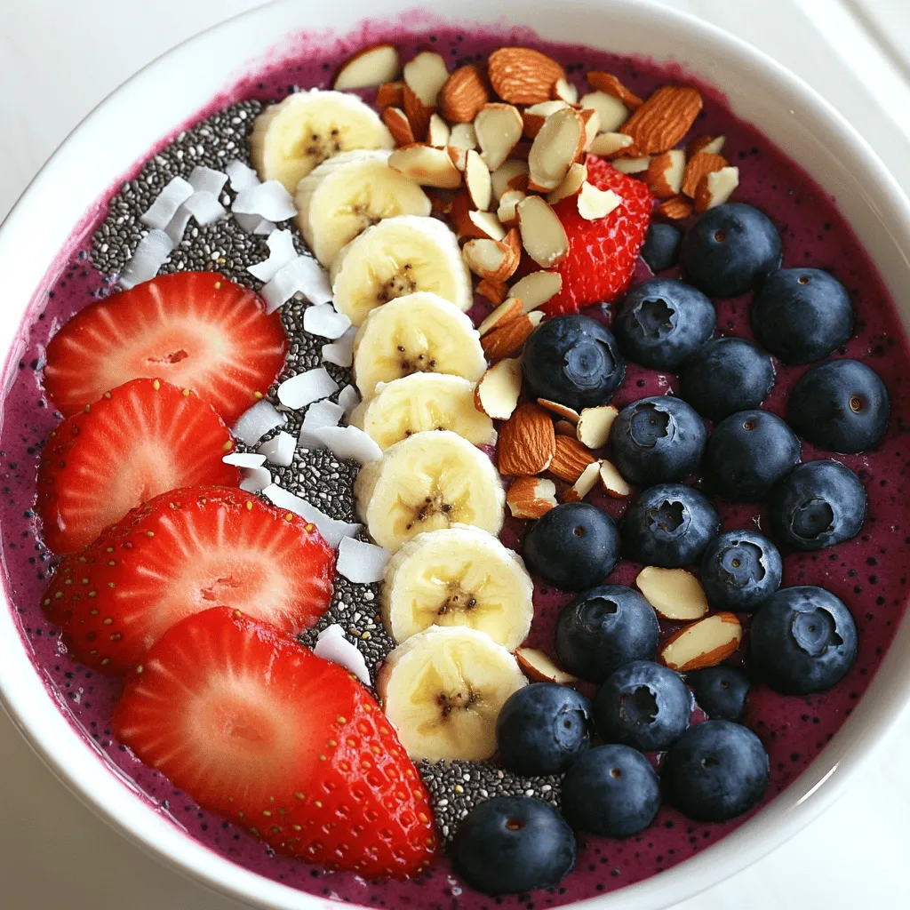 To make a Berry Smoothie Bowl, you need simple, tasty ingredients. Here’s what you will use: - 1 cup frozen mixed berries (strawberries, blueberries, raspberries) - 1 banana, sliced - 1/2 cup Greek yogurt (or dairy-free alternative) - 1/2 cup almond milk (or any milk of your choice) These ingredients create a creamy base full of flavor. Frozen mixed berries give you a burst of fruity taste. Bananas add natural sweetness and creaminess. Greek yogurt helps make the bowl rich and thick. Almond milk or your chosen milk blends everything well. You can customize your Berry Smoothie Bowl with extra sweetness or toppings. Here are some fun ideas: - 1 tablespoon honey or maple syrup (optional for sweetness) - Fresh berries (strawberries, blueberries) - Sliced banana - Chopped nuts (almonds or walnuts) - Coconut flakes - Chia seeds These toppings add crunch and color to your bowl. Fresh berries give a pop of flavor. Chopped nuts offer extra protein and texture. Coconut flakes add a tropical twist. Chia seeds boost nutrition and give a nice crunch. For a sweet touch, drizzle honey or maple syrup over the top. Check out the Full Recipe to get all the details on making this tasty dish! - Combining the Ingredients in the Blender Start by adding the frozen mixed berries, sliced banana, Greek yogurt, and almond milk to your blender. Blend until everything turns smooth and creamy. If the mix is too thick, add more milk a little at a time. - Achieving the Desired Consistency You want a creamy texture, not too runny. If it’s too thick, a splash of milk can help. You can also taste it here. If you want it sweeter, add honey or maple syrup and blend again. - Preparing the Bowl for Serving Grab a bowl and pour in your smoothie mixture. Use a spatula to spread it evenly. This makes a nice base for your toppings. - Arrangement Techniques for Visual Appeal Now comes the fun part! Use a handful of fresh berries, a few banana slices, and some chopped nuts. Arrange them artistically on top of your smoothie. This makes it look great and adds fun textures. - Suggestions for Creative Presentation You can sprinkle coconut flakes and chia seeds on top for added crunch. Get creative! Try different patterns or colors to make your bowl eye-catching. The more colorful, the better! For a full recipe, check out the Berry Bliss Smoothie Bowl. It's a tasty and healthy delight! Getting the right smoothie consistency is key. If your smoothie is too thick, add more liquid. Almond milk works well, but use any milk you like. For thinner smoothies, keep adding until it blends smoothly. When blending frozen ingredients, start slow. This helps break them down. Then, increase the speed to mix everything well. If the blender struggles, add a splash of milk. This small step can help a lot. To boost flavor and nutrition, add superfoods. Spinach is a great choice. It blends well and adds vitamins without changing the taste much. You might also try adding protein powder for a healthy kick. Sweetness is personal. Taste your smoothie after blending. If it needs more sweetness, use honey or maple syrup. This way, you control the flavor to match your taste. For a full recipe, try the Berry Bliss Smoothie Bowl. It's a delightful mix of flavors and nutrients. {{image_2}} Using seasonal berries gives your smoothie bowl a fresh taste. You can try strawberries in spring, blueberries in summer, and blackberries in fall. Each berry brings unique flavors and nutrients. Mixing berries can create a fun twist. Try a blend of strawberries, raspberries, and blueberries for a colorful treat. You can also add acai or goji berries for extra health benefits. You can switch the base milk for different flavors. Coconut milk offers a rich taste, while almond milk gives a light, nutty flavor. Both add creaminess to your smoothie. If you want creaminess without dairy, try oat or cashew milk. For sweetness, natural options work best. Honey or maple syrup can add a touch of sweetness. You can also use dates or agave syrup. These options keep your smoothie healthy while adding a sweet kick. Don’t forget to try the full recipe for a delightful berry experience! You can make your smoothie base in advance. This saves time for busy mornings. Blend your frozen mixed berries, banana, Greek yogurt, and almond milk. Store the mix in a sealed container. It stays fresh in the fridge for up to two days. When you are ready to eat, just pour it into a bowl. For best results, cover the bowl with plastic wrap or a lid. This keeps it from absorbing other odors in the fridge. If you want, you can prep your toppings too. Slice bananas and wash fresh berries. Keep them in separate containers. This keeps everything fresh and ready to go. If you have extra smoothie bowl, you can freeze it. Pour the leftover smoothie into a freezer-safe container. Leave some space at the top. The smoothie will expand when frozen. Seal the container tightly to avoid freezer burn. When you want to enjoy your frozen smoothie bowl, take it out of the freezer. Let it thaw in the fridge overnight. If you need it faster, leave it at room temperature for 30 minutes. Stir it well before serving. You can add fresh toppings again for extra crunch and taste. Can I use fresh berries instead of frozen? Yes, you can use fresh berries. They add great flavor but may change the texture. Your bowl might be thinner, so consider adding ice to thicken it. What are the health benefits of a smoothie bowl? Smoothie bowls are packed with vitamins and minerals. They contain antioxidants from berries, fiber from bananas, and protein from yogurt. This mix supports your immune system and boosts energy. How can I make my smoothie bowl vegan-friendly? To make it vegan, swap Greek yogurt with a plant-based yogurt. Use almond milk or coconut milk instead of dairy milk. This keeps it creamy and delicious! What can I substitute for Greek yogurt? You can use plant-based yogurt like coconut or almond yogurt. Silken tofu also works well for a creamy texture. These options keep your bowl smooth and tasty. Best time to enjoy a smoothie bowl Smoothie bowls are perfect for breakfast or a light snack. They give you energy and taste great in the morning or after a workout. Pairing suggestions for a balanced meal Serve your smoothie bowl with whole-grain toast or oatmeal. This adds fiber and keeps you full longer. You can also pair it with nuts or seeds for extra crunch and protein. For the full recipe, check out Berry Bliss Smoothie Bowl! In this article, we explored how to make a delicious berry smoothie bowl. We discussed key ingredients like frozen berries, banana, and yogurt. I shared helpful steps for blending and serving. You also learned about fun toppings and variations to keep it interesting. Berry smoothie bowls are easy, tasty, and fun to make. They are a great way to eat healthy. Enjoy trying new combinations and find your favorite!