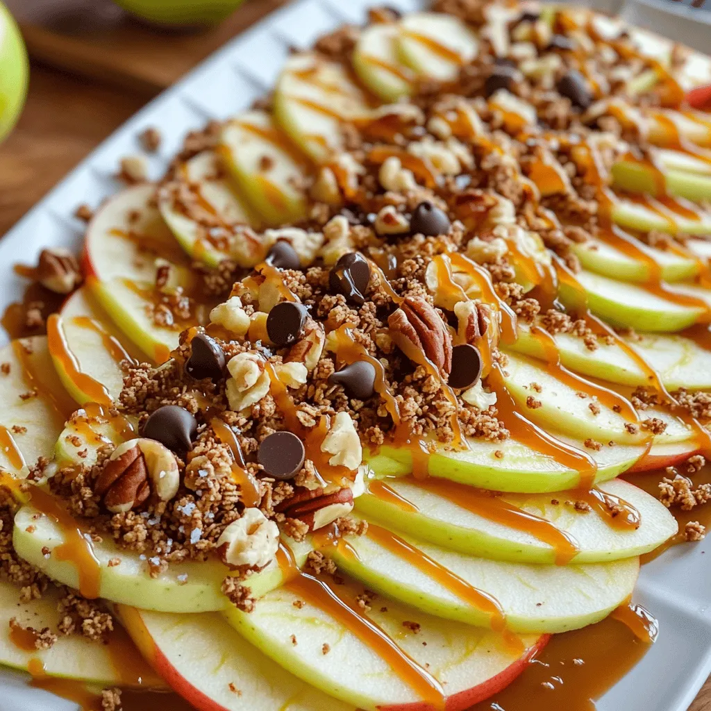 To make the best Caramel Apple Nachos, gather these simple items: - 2 large Granny Smith apples, thinly sliced - 1 cup granola (your choice of flavor) - 1/2 cup caramel sauce - 1/4 cup mini chocolate chips - 1/4 cup chopped pecans or walnuts - 1/4 teaspoon cinnamon - Whipped cream (for drizzling, optional) - Sea salt (for sprinkling, optional) These ingredients come together to create a sweet, crunchy treat. Granny Smith apples give a nice tartness that complements the rich caramel. The granola adds a crispy texture, while chocolate and nuts bring layers of flavor. If you want to add a fun twist, think about different granola flavors! You could try cinnamon, vanilla, or even chocolate granola for a unique taste. For the caramel sauce, you can use store-bought or make your own. A homemade version can be simple and taste so much better. If you're looking for a special touch, consider adding a sprinkle of sea salt at the end. It enhances the sweetness and makes each bite even better. Remember, you can find the full recipe above for all the steps to make this delightful treat! Preparing the Apples - Start by washing the two large Granny Smith apples. - Slice each apple into thin wedges. - Arrange the slices on a large platter or a baking sheet. Assembling the Nachos - Evenly sprinkle the cup of granola on the apple slices. This adds a nice crunch. - Next, warm the half cup of caramel sauce in the microwave for 15-20 seconds. This makes it easy to drizzle. - Generously drizzle the caramel sauce over the apples and granola. - Scatter the quarter cup of mini chocolate chips and chopped nuts over the nachos. - Lightly dust the entire dish with a quarter teaspoon of cinnamon to give it a warm flavor. Serving Suggestions - If you want, drizzle some whipped cream on top. - For a special touch, sprinkle a pinch of sea salt over the nachos. - Serve the Caramel Apple Nachos right away. They taste best when the apples are crisp. If you want the full recipe, check out the details above. Enjoy your tasty treat! To make your Caramel Apple Nachos look great, use a shallow bowl or a large platter. This allows everyone to dig in easily. Garnish the dish with extra apple slices for color. Drizzle some caramel around the edges for a fun touch. This adds a pop of sweetness and makes it look fancy. Warming caramel sauce is key for easy drizzling. Just heat it in the microwave for 15-20 seconds. This makes it smooth and pourable. If you have leftover caramel sauce, store it in an airtight container. It will stay good in the fridge for about a week. Just reheat it when you use it again. You can add extra spices for more flavor. Try a pinch of nutmeg or ginger for a twist. For toppings, consider adding dried fruits like cranberries or raisins. For a healthier option, use yogurt instead of whipped cream. Greek yogurt adds creaminess and protein, making it a great choice. {{image_2}} You can have fun with different apple types. Granny Smith apples give a tart kick. Honeycrisp adds sweetness. Fuji apples are juicy and crisp, perfect for this dish. Try mixing apple varieties for a fun flavor twist! For toppings, the options are endless. Swap mini chocolate chips for peanut butter chips. Use dried fruits like cranberries or apricots for added chewiness. Want more crunch? Add toasted coconut or sunflower seeds. Customizing makes each bite special. Seasonal fruits can elevate your nachos. In fall, slice pears or use pomegranate seeds for color. In spring, add fresh berries for a burst of flavor. Summer peaches can add sweetness and juiciness. For holidays, think themed toppings. Use red and green fruits for Christmas. For Halloween, consider adding crushed candy corn or ghost-shaped sprinkles. These touches make your dish festive and fun! If you need gluten-free options, use gluten-free granola. There are many tasty brands available. This way, everyone can enjoy the treat. For nut-free toppings, try using seeds. Pumpkin seeds or sunflower seeds work well. You can also use crushed pretzels for crunch without nuts. These swaps keep the dish safe for all guests. Feel free to explore the Full Recipe for more ideas! To keep your Caramel Apple Nachos fresh, store them in an airtight container. This will help prevent the apples from browning. If you're not serving them right away, cover the platter with plastic wrap. For leftover ingredients, like granola and caramel, keep them separate. Store granola in a sealed bag to keep it crunchy. The caramel can stay in the fridge for up to a week. For long-term storage, you can freeze some components. Slice extra apples and freeze them in a single layer on a baking sheet. Once frozen, transfer them to a zip-top bag. They will keep for about three months. When you want to use them, let them defrost in the fridge. If you freeze caramel, warm it in the microwave before using. This keeps the flavor fresh and delicious. The shelf life of your ingredients matters. Fresh Granny Smith apples can stay good for about one to two weeks in the fridge. Keep them in the crisper drawer. Granola can last up to six months if stored properly. Watch for signs of spoilage. If the apples look brown or feel mushy, it’s time to toss them. Similarly, check granola for any off smells or texture changes. Enjoy your Caramel Apple Nachos while they are fresh for the best taste! To make Caramel Apple Nachos healthier, you can swap some ingredients. Use low-sugar caramel sauce. This reduces the overall sugar content. You can also add fresh fruit, like berries, for more flavor and nutrients. Instead of whipped cream, try yogurt. Greek yogurt gives a creamy texture with protein. Yes, you can prep some parts in advance. Slice apples and store them in a bowl of water with lemon juice. This keeps them fresh. Prepare the granola and toppings ahead of time too. When ready to serve, assemble the nachos. This keeps everything crisp and tasty. You can pair these nachos with a few tasty dips. Peanut butter or chocolate sauce works great. They add a nice touch to the dish. For drinks, try apple cider or a spiced latte. These flavors go well with the sweetness of the nachos. Caramel apple nachos are a fun twist on a classic treat. We explored tasty ingredients, easy steps to prepare, and serving tips. You can customize flavors to suit your taste or time of year. Keep nachos fresh with the right storage methods. Don’t hesitate to experiment with healthy substitutes. Enjoy your sweet snack and let your creativity shine! With these tips, you can make this treat any time you want.