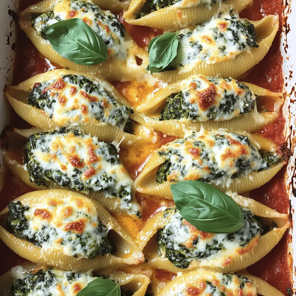 - 20 jumbo pasta shells - 2 cups fresh spinach, chopped - 1 cup ricotta cheese - 1 cup shredded mozzarella cheese, divided - 1/2 cup grated Parmesan cheese - 1 teaspoon garlic powder - 1 teaspoon onion powder - 1/2 teaspoon red pepper flakes (optional) - 2 cups marinara sauce - Fresh basil for garnish (optional) - Salt and pepper to taste When making cheesy spinach stuffed shells, focus on quality ingredients. The jumbo pasta shells are key. They hold the filling well and create a nice bite. Fresh spinach adds a vibrant taste and boosts nutrition. Ricotta cheese gives a creamy, rich base. I love using mozzarella for that stretchy, gooey texture. Grated Parmesan adds a salty kick. For extra flavor, garlic powder and onion powder work great. They enhance the taste without being overpowering. Feel free to add red pepper flakes if you like some heat. Marinara sauce ties everything together, adding moisture and flavor. I often use store-bought sauce, but homemade is even better. Don’t forget seasoning! A pinch of salt and pepper makes a big difference. It brings out the flavors of the cheese and spinach. If you want to elevate the dish, top it with fresh basil. It adds a lovely aroma and a pop of color. For the full recipe, you can check the details above. - Preheat the oven: Set your oven to 375°F (190°C). This helps cook the shells evenly. - Cook the pasta shells: Boil salted water in a large pot. Add the jumbo shells and cook them until they are al dente. This usually takes about 9-11 minutes. Drain them well and let them cool for a few minutes. - Prepare the spinach and cheese filling: In a bowl, mix the chopped spinach with ricotta cheese, 1/2 cup of mozzarella cheese, Parmesan cheese, and a large egg. This will create a creamy filling that blends well. - Season the filling: Add garlic powder, onion powder, and red pepper flakes if you like some heat. Don’t forget to add salt and pepper to taste. Mix everything until well blended. - Stuff the shells: Take a spoon and fill each cooked shell with the spinach and cheese mixture. Make sure to pack the filling tightly. - Assemble the dish with marinara sauce: Spread 1 cup of marinara sauce evenly in the bottom of a baking dish. Place the stuffed shells in a single layer on top of the sauce. Pour the remaining sauce over the shells to cover them well. - Top off with mozzarella cheese: Sprinkle the last 1/2 cup of mozzarella cheese over the top. This will melt beautifully while baking. - Cover and bake: Cover the baking dish with aluminum foil. Bake the shells in the preheated oven for 25 minutes. - Final uncovered baking for golden top: Remove the foil and bake for an additional 10 minutes. This step gives you that bubbly and golden cheese on top. For a complete guide, check the Full Recipe. - Ensure shells are al dente. This means they should be firm but not hard. Overcooked shells can break when you stuff them. - Cool the shells slightly before stuffing. This helps the filling stay inside without melting the cheese too soon. - Add herbs for extra flavor. Fresh basil or parsley can brighten up your dish. You can mix them into the cheese filling. - Customize spice levels with red pepper flakes. If you like heat, add more flakes to the filling or sauce. - Pair with garlic bread or salad. Garlic bread adds crunch, while salad adds freshness. Both make the meal complete. - Use different marinara sauces for variety. Try a spicy marinara or a roasted garlic version to change the taste. For the full recipe, check out the details above. {{image_2}} Cheesy Spinach Stuffed Shells are fun to customize. You can change the filling, sauces, and even make them vegan. Here are some ideas to try. - Swap spinach for kale: Kale brings a different texture and taste. It holds up well when cooked and adds a nice crunch. - Add other cheeses: Feta or goat cheese can give your shells a tangy kick. Mixing these cheeses with ricotta creates a rich filling. - Use tofu instead of ricotta: Silken tofu can mimic the creamy texture of ricotta. Blend it with herbs to add flavor. - Dairy-free cheese substitutes: Many brands offer great dairy-free cheeses. These can work well in your filling or as a topping. - Experiment with pesto or alfredo: Pesto adds a fresh, herby flavor. Alfredo sauce can make the dish extra creamy. - Create a creamy sauce option: Mixing cream with marinara gives a new twist. It makes the dish even richer and more comforting. These variations keep the dish exciting while highlighting your taste. Feel free to explore your options and make it your own! For the full recipe, check out the instructions above. After you enjoy your Cheesy Spinach Stuffed Shells, store leftovers in an airtight container. This keeps them fresh. The ideal storage duration in the fridge is about 3 to 4 days. Remember to cool them down before sealing. You can freeze stuffed shells before or after baking. If freezing before baking, wrap them tightly in foil. For freezing after baking, let them cool first. When you’re ready to eat, reheat them in the oven. Cover with foil to keep moisture in. Bake at 350°F (175°C) until heated through, about 30 minutes. Prepare the stuffed shells in advance for easy weeknight dinners. You can stuff the shells a day ahead. Store them in the fridge, ready to bake. For portioning, consider using individual baking dishes. This makes serving easy and fun! You can even freeze them in portions for quick meals later. The total time for Cheesy Spinach Stuffed Shells is about 60 minutes. - Prep Time: 25 minutes - Cook Time: 35 minutes Yes, you can prepare Cheesy Spinach Stuffed Shells in advance. - Make Ahead: Stuff the shells and store them in the fridge. - Storage: Cover the dish with foil and keep it for up to 24 hours. - Baking: When ready, bake it straight from the fridge. Just add a few more minutes to the cooking time. These stuffed shells pair well with several side dishes. - Garlic Bread: Crunchy and buttery, it balances the softness of the shells. - Salad: A fresh green salad adds a nice crunch and lightness. - Roasted Veggies: Try carrots or zucchini for a colorful plate. Yes, you can use other types of pasta. - Pasta Choices: Penne or rigatoni work well. - Adjustments: Just ensure the pasta is large enough to hold the filling. - Cooking Time: Cook smaller pasta for less time than jumbo shells. For a detailed guide, refer to the Full Recipe. Cheesy Spinach Stuffed Shells are simple yet delicious. You learned the key ingredients, including pasta shells, ricotta, and spinach. I shared easy steps for preparation, filling, and baking. You gained tips to enhance flavor and tried alternatives for variety. Now you can create a delightful dish for any occasion. Enjoy this recipe's versatility, and don’t hesitate to customize it. Happy cooking!