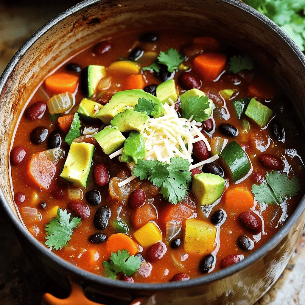 For a great vegetarian chili, you need some key ingredients. Each brings flavor and texture to the dish. - Canned beans and tomatoes - I use black beans and kidney beans. They give protein and fiber. Canned diced tomatoes add a sweet and tangy base. - Fresh vegetables - I like to add onion, bell pepper, carrots, zucchini, and corn. These veggies add crunch and color. Fresh veggies also boost the chili's nutrients. - Spices and seasonings - Chili powder and cumin are must-haves for warmth. I also sprinkle in smoked paprika for a rich taste. Salt and pepper are essential for balancing flavors. - Optional toppings - Fresh cilantro and avocado slices make great toppings. Shredded cheese can add creaminess if you like. These toppings can elevate the dish even more. You can find the full recipe for this savory and hearty comfort dish under the section titled Full Recipe. 1. Cooking the base vegetables Start by heating two tablespoons of olive oil in a large pot over medium heat. Add one medium diced onion. Cook it for about five minutes until it turns translucent. Then, add two minced garlic cloves and stir for one minute. Next, toss in one diced bell pepper, two diced carrots, and one diced zucchini. Sauté these veggies for about five to seven minutes until they soften. 2. Adding spices and beans After the vegetables are soft, sprinkle in two tablespoons of chili powder, one tablespoon of cumin, and one teaspoon of smoked paprika. Stir well to coat the vegetables with the spices. Now, pour in one can of diced tomatoes with green chilies, one can of black beans, and one can of kidney beans. Also, add one cup of corn, either fresh or frozen. Mix everything until well combined. 3. Simmering the chili to perfection Season your chili with salt and pepper to taste. Bring the mixture to a gentle simmer. Let it cook for about 25 to 30 minutes, stirring occasionally. This simmering allows the flavors to meld and deepen, making your chili even more delicious. - Recommended cooking duration The total cooking time for the chili is around 45 minutes, including prep time. This gives your flavors time to develop. - Importance of letting flavors meld Allowing the chili to simmer helps blend the spices and vegetables. This step is key for a hearty and flavorful dish. If you can, let it sit for a few minutes before serving. You can easily adapt vegetarian chili to fit your needs. For a vegan option, skip the cheese and use vegetable broth instead of water. This keeps it tasty while ensuring it’s plant-based. If you want a gluten-free chili, check your spices. Many spices are gluten-free, but always read labels. You can also swap soy sauce for tamari, which is gluten-free. Adjust the spice level to suit your taste. If you like heat, add more chili powder or diced jalapeños. For a milder version, reduce the chili powder or use sweet bell peppers. What if you don’t have a key ingredient? No problem! You can replace black beans with pinto beans or chickpeas. If you lack zucchini, use yellow squash or even diced sweet potato. Missing corn? Try peas or bell peppers instead. You can mix and match based on what you have. Have leftover veggies? Toss them in! Leftover roasted vegetables fit well. Just chop them up and stir them into the chili before simmering. This way, you minimize waste and add extra flavor. For the full recipe, check the previous section. {{image_2}} To keep your vegetarian chili fresh, store it in an airtight container. Place it in the fridge if you plan to eat it within a week. It is best to let the chili cool before sealing it. This helps prevent condensation inside the container. For longer storage, freeze the chili. Use a freezer-safe container or bag. Make sure to leave some space at the top. The chili will expand as it freezes. You can store it in the freezer for up to three months. When you are ready to enjoy your chili, reheating it is easy. The best methods are on the stovetop or in the microwave. For the stovetop, pour the chili into a pot. Heat it over medium heat. Stir often to keep it from sticking. This helps the flavors mix back together. If you use a microwave, place the chili in a microwave-safe bowl. Cover it with a lid or microwave-safe wrap. Heat it in short bursts of one minute. Stir between each burst to ensure even heating. To maintain flavor and texture, do not overheat the chili. Stop when it is hot but not bubbling. If it seems thick, add a splash of vegetable broth or water. This keeps the chili creamy and smooth. For the full recipe, check out the recipe above. To thicken your chili, you can add a few simple ingredients. Try mashing some beans with a fork. This will create a creamier base. You can also add more diced tomatoes or corn. Another option is to stir in a tablespoon of cornmeal. Let it simmer for a bit to absorb. This should help you achieve a thicker texture. Vegetarian chili is packed with nutrients. It is rich in fiber from beans and veggies. This helps you feel full for longer. You get plenty of vitamins and minerals, too. Beans provide protein, while tomatoes add antioxidants. Plus, using fresh vegetables boosts your health even more. This dish is a great way to enjoy a balanced meal. Yes, you can easily make vegetarian chili in a slow cooker. Just add all the ingredients to the pot. Set it on low for 6 to 8 hours. For a quicker option, set it on high for 3 to 4 hours. The slow cooker lets the flavors mix well. This method also makes the beans super tender. You can enjoy a warm bowl of chili without much fuss. Vegetarian chili is packed with flavor and nutrition. You learned about essential ingredients like beans, fresh veggies, and spices. The step-by-step instructions help you cook a tasty chili. I shared tips to enhance flavor and common mistakes to avoid. Plus, you explored variations for different diets and how to store and reheat leftovers effectively. Remember, great chili takes time to simmer. Enjoy the process and get creative with your ingredients!