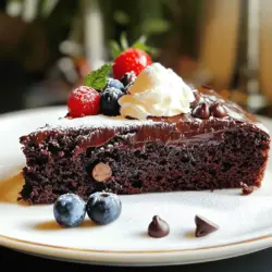 To make the best vegan chocolate cake, gather these simple ingredients: - 1 ½ cups all-purpose flour - 1 cup granulated sugar - ½ cup unsweetened cocoa powder - 1 teaspoon baking soda - ½ teaspoon salt - 1 cup unsweetened almond milk (or any plant-based milk) - ⅓ cup vegetable oil (or melted coconut oil) - 1 tablespoon apple cider vinegar - 1 teaspoon vanilla extract - ½ cup dairy-free chocolate chips (optional) When choosing plant-based milk, you have many options. Almond milk is popular for its light flavor. Soy milk is creamier, which adds richness. Oat milk has a natural sweetness. Feel free to pick one that suits your taste. The oil choice matters too. Vegetable oil works well, but melted coconut oil gives a nice hint of coconut flavor. Apple cider vinegar is key for the cake’s rise. It reacts with baking soda to create a fluffy texture. I recommend these brands for top-quality vegan ingredients: - Flour: King Arthur Flour for consistent results every time. - Sugar: Wholesome Sweeteners for great taste and ethical sourcing. - Cocoa Powder: Ghirardelli has a rich flavor that shines in this cake. - Plant-Based Milk: Silk or Oatly offer creamy and tasty options. - Chocolate Chips: Enjoy Life makes delicious dairy-free chocolate chips. These ingredients will ensure your cake turns out rich and decadent. Enjoy baking! 1. Start by preheating your oven to 350°F (175°C). Grease a 9-inch round cake pan or line it with parchment paper. This helps the cake slide out easily. 2. In a large mixing bowl, whisk together the flour, sugar, cocoa powder, baking soda, and salt. Mix until everything is well blended. 3. In another bowl, combine the almond milk, vegetable oil, apple cider vinegar, and vanilla extract. Stir well until the mixture is smooth. 4. Now, pour the wet mix into the dry mix. Stir gently until just combined. Leave some lumps; they’re okay! 5. If you want extra chocolate flavor, fold in dairy-free chocolate chips. This step is optional, but it adds a nice touch. 6. Pour the batter into your prepared cake pan. Use a spatula to smooth the top. 7. Place the pan in the preheated oven. Bake for 30-35 minutes. Check doneness by inserting a toothpick into the center. It should come out clean. 8. Once baked, let the cake cool in the pan for about 10 minutes. Then, transfer it to a wire rack to cool completely. Keep your oven at 350°F (175°C) throughout the baking process. The cake typically bakes in 30-35 minutes. Ovens can vary, so check around the 30-minute mark. To check if the cake is done, insert a toothpick in the center. If it comes out clean or with a few moist crumbs, your cake is ready. If it has wet batter on it, give it more time. Remember, a little overbaking can dry the cake, so keep an eye on the clock. For the full recipe, be sure to check out the ingredients and presentation tips! To make your vegan chocolate cake soft and moist, check these points: - Use fresh baking soda. It helps the cake rise well. - Mix wet and dry ingredients gently. Overmixing can make the cake tough. - Use almond milk or any plant-based milk for rich flavor. - Add a tablespoon of apple cider vinegar. It helps with the cake's fluffiness. - Let the batter rest for 10 minutes before baking. This helps the texture. Here are some common mistakes to steer clear of: - Don’t skip the vinegar. It reacts with baking soda for a good rise. - Avoid opening the oven door too early. This can cause the cake to sink. - Measure your ingredients correctly. Too much flour can make it dry. - Don’t bake for too long. Keep an eye on it to avoid dryness. - Always cool the cake before frosting. This prevents melting. Using the right tools makes a big difference. Here are my top picks: - A good mixing bowl for easy combining. - A whisk for mixing dry ingredients thoroughly. - A rubber spatula to fold in ingredients gently. - A 9-inch round cake pan for even baking. - A toothpick to test if the cake is done. - Parchment paper to prevent sticking. For a complete guide, refer to the Full Recipe for all the details. {{image_2}} To make a gluten-free vegan chocolate cake, swap the all-purpose flour. Use a gluten-free flour blend instead. Ensure your blend has a 1:1 ratio for best results. I love using almond flour or oat flour. These options add a nice texture and flavor. Just remember to check your baking powder. Some brands contain gluten, so choose certified gluten-free products. You can enhance your cake with different flavors. Try adding coffee for a rich touch. Just mix in one tablespoon of instant coffee granules with the dry ingredients. This gives the cake a deep, bold flavor. You can also add spices like cinnamon or nutmeg. Just a pinch can elevate the taste. For a fruity twist, mix in mashed bananas or applesauce. Each of these options brings a unique flair. Frosting is key to a great cake. A simple vegan chocolate ganache works well. Just melt dairy-free chocolate chips with coconut cream. Pour it over your cooled cake for a shiny finish. If you want something lighter, try a vegan buttercream. Beat vegan butter with powdered sugar and a splash of almond milk. For a fun twist, add a hint of mint or orange zest. This will make your cake truly special. You can find the full recipe above to create this rich and decadent delight. To keep your vegan chocolate cake fresh, wrap it well. Use plastic wrap or foil. Place it in an airtight container. This keeps moisture in and air out. Store the cake at room temperature for one to two days. If you want to keep it longer, refrigerate it. Just make sure it’s tightly wrapped. Freezing is a great option for long-term storage. First, let the cake cool completely. Then, cut it into slices if you like. Wrap each slice in plastic wrap. Place them in a freezer-safe bag or container. This helps prevent freezer burn. You can freeze the cake for up to three months. When ready to eat, thaw it in the fridge overnight. Vegan chocolate cake lasts about three days at room temperature. If you store it in the fridge, it can last up to a week. The cake may dry out over time, so keep it sealed. If frozen, it will stay fresh for about three months. Enjoy your delicious cake, knowing it stays good for a while! For the full recipe, check out my detailed instructions. Yes, you can! Use whole wheat flour or a gluten-free blend. Each type will change the cake’s texture. Whole wheat adds a nutty flavor. Gluten-free flour may need extra moisture. To make this cake gluten-free, swap all-purpose flour for a gluten-free baking mix. Ensure it has a good binding agent. You may also need to add a bit more liquid. If you don't have apple cider vinegar, you can use lemon juice or white vinegar. Both options will work well. They help the cake rise and keep it moist. - What is the best way to frost a vegan chocolate cake? I like to use vegan buttercream. Mix vegan butter with powdered sugar, cocoa, and a splash of almond milk. Spread it on the cooled cake for smooth coverage. - How long does it take for the cake to cool before serving? Let the cake cool for at least 30 minutes. This makes it easier to frost. If you want to serve it warm, just wait 10 minutes before slicing. You have learned about key vegan ingredients and steps to bake a tasty vegan chocolate cake. We covered tips for a perfect texture and ways to avoid common mistakes. You also discovered storage tips and answered frequent questions about the recipe. Now, with these insights, you can bake confidently. Enjoy the process and share your cake with others. Your efforts can lead to delicious results that everyone will love.