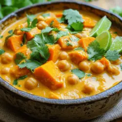 When making sweet potato and chickpea curry, you need a few key ingredients. Each one plays a part in creating a warm and tasty dish. Here’s what you will need: - 2 medium sweet potatoes, peeled and cubed - 1 can (15 oz) chickpeas, drained and rinsed - 1 can (14 oz) coconut milk - 1 cup vegetable broth - 1 onion, finely chopped - 2 cloves garlic, minced - 1 tablespoon ginger, grated - 1 tablespoon curry powder - 1 teaspoon turmeric - 1 teaspoon cumin - Salt and pepper to taste - 2 tablespoons olive oil - Fresh cilantro, for garnish - Lime wedges, for serving These ingredients bring together a mix of textures and flavors. The sweet potatoes add creaminess, while the chickpeas give protein. Coconut milk adds richness, and the spices bring warmth. I love how this dish is both filling and healthy! If you want to see how to put all of this together, check out the Full Recipe. To start, you need to sauté the aromatics. Heat olive oil in a pot over medium heat. Add the chopped onion and sauté until it turns soft and clear, which takes about 5 minutes. Then, stir in the minced garlic and grated ginger. Cook for about a minute. This step releases great smells that make you hungry. Next, it’s time to add spices. Sprinkle in the curry powder, turmeric, and cumin. Stir these spices into the onion mix. Cook for 1 to 2 minutes. This helps bring out their full flavors, making the dish more vibrant. Now, combine the main ingredients. Add the cubed sweet potatoes and drained chickpeas to the pot. Then pour in the coconut milk and vegetable broth. Stir everything together well. This mix will create a rich and creamy base for your curry. For the next step, simmer the curry. Bring the mixture to a gentle simmer. Once it bubbles, lower the heat and cover the pot. Cook for 20 to 25 minutes. This will help the sweet potatoes become tender and absorb all the flavors. If you want a thicker curry, adjust its thickness. After cooking, taste your curry. You can mash a few sweet potato pieces against the pot's side. This will help thicken it up, making it heartier. When serving, think about presentation tips. Ladle the curry into bowls and garnish with fresh cilantro. Squeeze some lime juice over the top for a zesty kick. This adds a pop of color and flavor. Consider side dishes to complement the curry. Serve it with rice or warm naan to soak up the sauce. You can also add a fresh salad for a crisp bite. This makes your meal more balanced and enjoyable. For the complete recipe, check the [Full Recipe]. To cook sweet potatoes, cut them into even cubes. This helps them cook uniformly. Boiling or steaming is great, but roasting brings out their natural sweetness. Roast them in the oven at 400°F for about 25 to 30 minutes. This method gives a nice caramelized flavor. Balancing spices in your curry is key. Start with a small amount of curry powder and add more as needed. Taste your dish as you go. This way, you control the heat and depth of flavor. If it gets too spicy, add more coconut milk to tone it down. If you don't have coconut milk, you can use almond milk or soy milk. These options will change the flavor slightly but still work well. For a creamier texture, blend some soaked cashews with water and use that instead. When choosing between vegan and traditional, think about your diet. Use vegetable broth for a vegan option. You can also add dairy yogurt for a non-vegan twist. Both choices are tasty and fill your curry with good flavor. Want some heat? Add chopped chili peppers or red pepper flakes to your dish. Start with a little, then add more if you like it spicy. This adds a nice kick to your sweet potato and chickpea curry. Fresh herbs like cilantro brighten up the dish. Chop some and sprinkle them on top right before serving. You can also add lime juice for a zesty flavor that makes everything pop. For more tips, check the Full Recipe for great ideas on flavor. {{image_2}} You can boost the protein in your sweet potato and chickpea curry. Adding tofu or tempeh makes it heartier. - Tofu: Use firm tofu. Cube it, and pan-fry before adding it to the curry. It soaks up flavors well. - Tempeh: Crumble tempeh for a nutty taste. It adds texture and protein. You can also switch out the chickpeas for other beans. Black beans or kidney beans are great choices. They bring unique flavors and textures to the dish. Feel free to mix in more veggies. Spinach and kale add color and nutrients. - Spinach: Stir in fresh spinach at the end. It wilts quickly and keeps its bright color. - Kale: Add chopped kale earlier in the cooking process. It needs more time to soften. - Bell Peppers: Sauté bell peppers with the onions for added sweetness. You can adjust vegetables based on the season. Use zucchini in summer or squash in fall. Each choice brings new tastes to the curry. You can change the flavor of your curry easily by experimenting with spices. - Extra Spices: Try adding coriander or cinnamon for a warm twist. A pinch of chili powder adds heat. - Sweet vs. Savory: For a sweeter profile, add a teaspoon of maple syrup or honey. This balances the spices nicely. These variations keep your sweet potato and chickpea curry exciting and fresh. For the full recipe, you can check out the details above. To keep your sweet potato and chickpea curry fresh, use an airtight container. Glass containers work great, as they do not absorb smells. Store the curry in the fridge. It stays good for about 3 to 4 days. If you want to save some for later, freezing is a good option. First, let the curry cool completely. Then, place it in freezer-safe bags or containers. Squeeze out as much air as possible to avoid freezer burn. It can last up to 3 months in the freezer. When you are ready to eat it, move the curry to the fridge to thaw overnight. You can reheat the curry in two main ways: the microwave or stovetop. For the microwave, transfer the curry to a safe bowl. Heat it in short bursts, stirring in between, until it is warm. For stovetop, place it in a pot over low heat. Stir often to keep it from sticking. Both methods work well, but stovetop helps maintain the flavor and texture better. Enjoy your warm curry again! For the complete recipe, check out the Full Recipe section. Can I make this curry ahead of time? Yes, you can make this curry ahead of time. It tastes even better the next day as the flavors meld. Just store it in an airtight container in your fridge. Reheat it on the stove or in the microwave before serving. Is it suitable for meal prep? Absolutely! This curry works great for meal prep. You can divide it into portions and pack it for lunches or dinners. It stays fresh and delicious for several days. Is this recipe gluten-free? Yes, this recipe is gluten-free. All the ingredients are naturally free from gluten. You can enjoy this dish without worry if you have gluten sensitivities. How to make it nut-free? To make it nut-free, simply avoid any nut-based ingredients. This recipe already uses coconut milk, which is safe. Ensure your spices and broth also do not contain nuts. How long does it take to cook sweet potato? Cooking sweet potatoes in this curry takes about 20 to 25 minutes. They become tender and flavorful in that time. What’s the best way to check for doneness? To check if sweet potatoes are done, use a fork. If it easily pierces the sweet potato, they are ready. You want them soft but not mushy. This blog post covered a tasty sweet potato curry. We explored the key ingredients, from sweet potatoes to spices. I shared preparation steps, cooking tips, and how to serve the dish well. You learned about variations and how to store leftovers, ensuring nothing goes to waste. In closing, don’t be afraid to experiment. Make this recipe your own. Enjoy cooking and sharing this delightful curry with others!