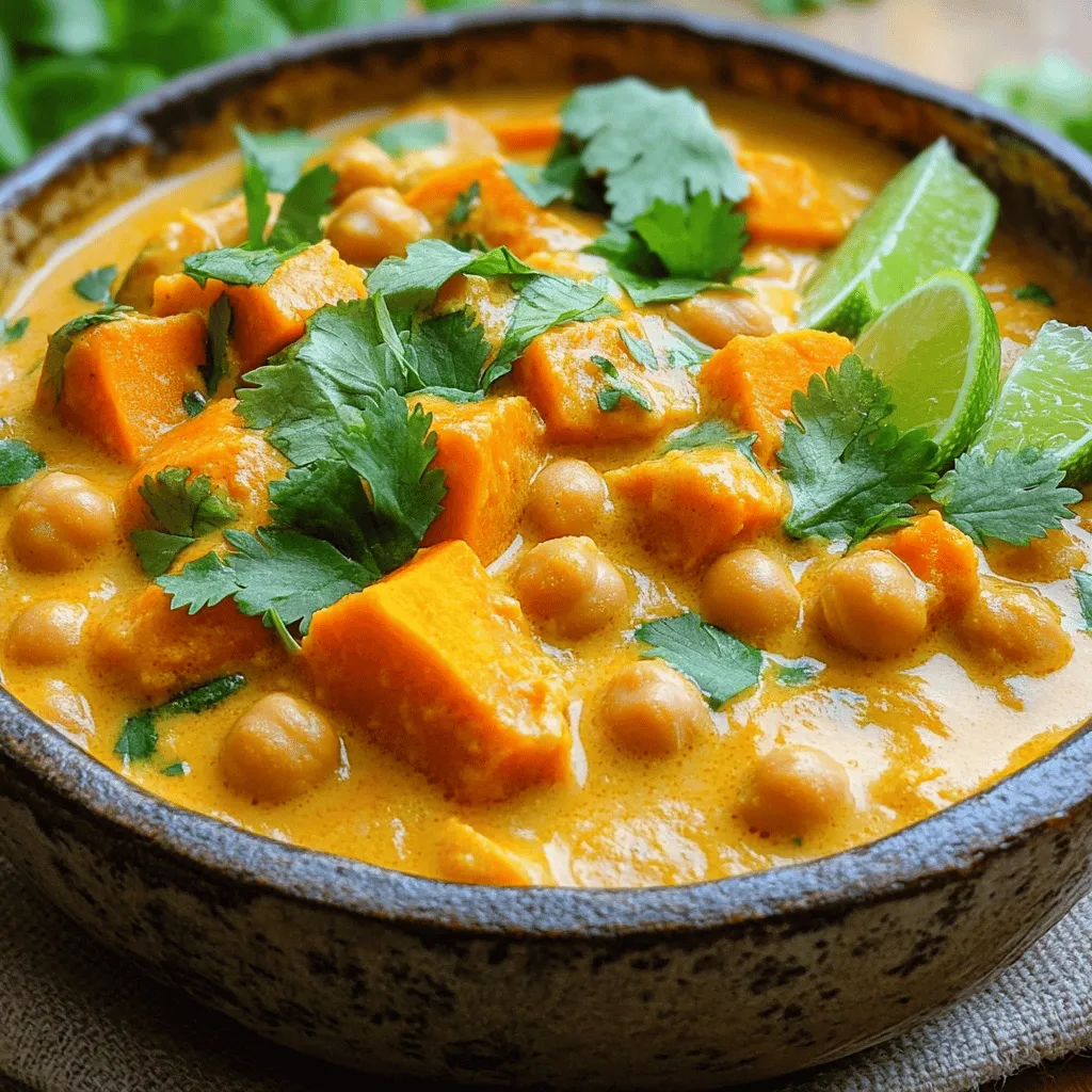 When making sweet potato and chickpea curry, you need a few key ingredients. Each one plays a part in creating a warm and tasty dish. Here’s what you will need: - 2 medium sweet potatoes, peeled and cubed - 1 can (15 oz) chickpeas, drained and rinsed - 1 can (14 oz) coconut milk - 1 cup vegetable broth - 1 onion, finely chopped - 2 cloves garlic, minced - 1 tablespoon ginger, grated - 1 tablespoon curry powder - 1 teaspoon turmeric - 1 teaspoon cumin - Salt and pepper to taste - 2 tablespoons olive oil - Fresh cilantro, for garnish - Lime wedges, for serving These ingredients bring together a mix of textures and flavors. The sweet potatoes add creaminess, while the chickpeas give protein. Coconut milk adds richness, and the spices bring warmth. I love how this dish is both filling and healthy! If you want to see how to put all of this together, check out the Full Recipe. To start, you need to sauté the aromatics. Heat olive oil in a pot over medium heat. Add the chopped onion and sauté until it turns soft and clear, which takes about 5 minutes. Then, stir in the minced garlic and grated ginger. Cook for about a minute. This step releases great smells that make you hungry. Next, it’s time to add spices. Sprinkle in the curry powder, turmeric, and cumin. Stir these spices into the onion mix. Cook for 1 to 2 minutes. This helps bring out their full flavors, making the dish more vibrant. Now, combine the main ingredients. Add the cubed sweet potatoes and drained chickpeas to the pot. Then pour in the coconut milk and vegetable broth. Stir everything together well. This mix will create a rich and creamy base for your curry. For the next step, simmer the curry. Bring the mixture to a gentle simmer. Once it bubbles, lower the heat and cover the pot. Cook for 20 to 25 minutes. This will help the sweet potatoes become tender and absorb all the flavors. If you want a thicker curry, adjust its thickness. After cooking, taste your curry. You can mash a few sweet potato pieces against the pot's side. This will help thicken it up, making it heartier. When serving, think about presentation tips. Ladle the curry into bowls and garnish with fresh cilantro. Squeeze some lime juice over the top for a zesty kick. This adds a pop of color and flavor. Consider side dishes to complement the curry. Serve it with rice or warm naan to soak up the sauce. You can also add a fresh salad for a crisp bite. This makes your meal more balanced and enjoyable. For the complete recipe, check the [Full Recipe]. To cook sweet potatoes, cut them into even cubes. This helps them cook uniformly. Boiling or steaming is great, but roasting brings out their natural sweetness. Roast them in the oven at 400°F for about 25 to 30 minutes. This method gives a nice caramelized flavor. Balancing spices in your curry is key. Start with a small amount of curry powder and add more as needed. Taste your dish as you go. This way, you control the heat and depth of flavor. If it gets too spicy, add more coconut milk to tone it down. If you don't have coconut milk, you can use almond milk or soy milk. These options will change the flavor slightly but still work well. For a creamier texture, blend some soaked cashews with water and use that instead. When choosing between vegan and traditional, think about your diet. Use vegetable broth for a vegan option. You can also add dairy yogurt for a non-vegan twist. Both choices are tasty and fill your curry with good flavor. Want some heat? Add chopped chili peppers or red pepper flakes to your dish. Start with a little, then add more if you like it spicy. This adds a nice kick to your sweet potato and chickpea curry. Fresh herbs like cilantro brighten up the dish. Chop some and sprinkle them on top right before serving. You can also add lime juice for a zesty flavor that makes everything pop. For more tips, check the Full Recipe for great ideas on flavor. {{image_2}} You can boost the protein in your sweet potato and chickpea curry. Adding tofu or tempeh makes it heartier. - Tofu: Use firm tofu. Cube it, and pan-fry before adding it to the curry. It soaks up flavors well. - Tempeh: Crumble tempeh for a nutty taste. It adds texture and protein. You can also switch out the chickpeas for other beans. Black beans or kidney beans are great choices. They bring unique flavors and textures to the dish. Feel free to mix in more veggies. Spinach and kale add color and nutrients. - Spinach: Stir in fresh spinach at the end. It wilts quickly and keeps its bright color. - Kale: Add chopped kale earlier in the cooking process. It needs more time to soften. - Bell Peppers: Sauté bell peppers with the onions for added sweetness. You can adjust vegetables based on the season. Use zucchini in summer or squash in fall. Each choice brings new tastes to the curry. You can change the flavor of your curry easily by experimenting with spices. - Extra Spices: Try adding coriander or cinnamon for a warm twist. A pinch of chili powder adds heat. - Sweet vs. Savory: For a sweeter profile, add a teaspoon of maple syrup or honey. This balances the spices nicely. These variations keep your sweet potato and chickpea curry exciting and fresh. For the full recipe, you can check out the details above. To keep your sweet potato and chickpea curry fresh, use an airtight container. Glass containers work great, as they do not absorb smells. Store the curry in the fridge. It stays good for about 3 to 4 days. If you want to save some for later, freezing is a good option. First, let the curry cool completely. Then, place it in freezer-safe bags or containers. Squeeze out as much air as possible to avoid freezer burn. It can last up to 3 months in the freezer. When you are ready to eat it, move the curry to the fridge to thaw overnight. You can reheat the curry in two main ways: the microwave or stovetop. For the microwave, transfer the curry to a safe bowl. Heat it in short bursts, stirring in between, until it is warm. For stovetop, place it in a pot over low heat. Stir often to keep it from sticking. Both methods work well, but stovetop helps maintain the flavor and texture better. Enjoy your warm curry again! For the complete recipe, check out the Full Recipe section. Can I make this curry ahead of time? Yes, you can make this curry ahead of time. It tastes even better the next day as the flavors meld. Just store it in an airtight container in your fridge. Reheat it on the stove or in the microwave before serving. Is it suitable for meal prep? Absolutely! This curry works great for meal prep. You can divide it into portions and pack it for lunches or dinners. It stays fresh and delicious for several days. Is this recipe gluten-free? Yes, this recipe is gluten-free. All the ingredients are naturally free from gluten. You can enjoy this dish without worry if you have gluten sensitivities. How to make it nut-free? To make it nut-free, simply avoid any nut-based ingredients. This recipe already uses coconut milk, which is safe. Ensure your spices and broth also do not contain nuts. How long does it take to cook sweet potato? Cooking sweet potatoes in this curry takes about 20 to 25 minutes. They become tender and flavorful in that time. What’s the best way to check for doneness? To check if sweet potatoes are done, use a fork. If it easily pierces the sweet potato, they are ready. You want them soft but not mushy. This blog post covered a tasty sweet potato curry. We explored the key ingredients, from sweet potatoes to spices. I shared preparation steps, cooking tips, and how to serve the dish well. You learned about variations and how to store leftovers, ensuring nothing goes to waste. In closing, don’t be afraid to experiment. Make this recipe your own. Enjoy cooking and sharing this delightful curry with others!