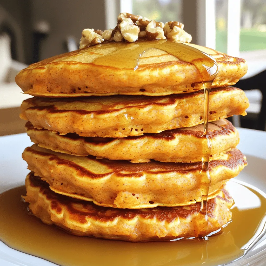 To create these tasty carrot cake pancakes, gather the following ingredients: - 1 cup all-purpose flour - 2 tablespoons brown sugar - 1 tablespoon baking powder - 1/2 teaspoon cinnamon - 1/4 teaspoon nutmeg - 1/4 teaspoon salt - 1 cup milk (dairy or non-dairy) - 1 large egg - 1/4 cup melted coconut oil or unsalted butter - 1 teaspoon vanilla extract - 1 cup finely grated carrots - 1/4 cup crushed pineapple (drained) - 1/4 cup chopped walnuts or pecans (optional) - Cream cheese syrup or maple syrup for serving These ingredients blend to create a fluffy, flavorful pancake that tastes like dessert. The carrots add moisture and sweetness. The pineapple gives a burst of flavor, while the nuts add a nice crunch. You can easily adjust this recipe to cater to your taste. For instance, if you want a bit more spice, try adding ginger or cloves. If you prefer a nut-free option, leave out the nuts. You can find the complete details in the Full Recipe. Happy cooking! Start by gathering your dry ingredients. In a large bowl, whisk together these items: - 1 cup all-purpose flour - 2 tablespoons brown sugar - 1 tablespoon baking powder - 1/2 teaspoon cinnamon - 1/4 teaspoon nutmeg - 1/4 teaspoon salt Make sure these ingredients mix well. This step is key for even flavor in the pancakes. Next, it's time to mix the wet ingredients. In a separate bowl, combine: - 1 cup milk (dairy or non-dairy) - 1 large egg - 1/4 cup melted coconut oil or unsalted butter - 1 teaspoon vanilla extract Stir these ingredients together until they blend smoothly. This mixture will add moisture and richness to your pancakes. Now, combine the wet and dry ingredients. Gradually pour the wet mix into the dry mix. Stir gently until just combined; it’s okay if the batter has a few lumps. Now, fold in: - 1 cup finely grated carrots - 1/4 cup crushed pineapple (drained) - 1/4 cup chopped walnuts or pecans (optional) This adds great texture and flavor. Your pancake batter is now ready! Check out the Full Recipe for more details. To achieve fluffy pancakes, mix your batter gently. Overmixing can make your pancakes tough. You want to keep some lumps in the batter; they help create lightness. For the best heat level, use medium heat. If the skillet is too hot, pancakes will burn outside but stay raw inside. For toppings, cream cheese syrup is a must! Maple syrup also pairs great with these pancakes. Try adding chopped nuts or fresh fruit for extra flavor. If you have leftovers, use them in a breakfast sandwich. Just add some cream cheese and fresh fruit between two pancakes. One common mistake is overmixing the batter. It makes pancakes dense instead of fluffy. Another mistake is cooking on too high heat. This can lead to uneven cooking and burnt edges. Keep an eye on the heat to ensure perfect pancakes every time. {{image_2}} To make gluten-free carrot cake pancakes, swap the all-purpose flour for a gluten-free blend. Use a mix that works well for pancakes. This change keeps the flavor and texture you love. For dairy-free options, you can use almond milk or oat milk instead of regular milk. Replace the melted butter with coconut oil or a dairy-free butter. Your pancakes will still taste great! Adding spices can boost the flavor of your pancakes. You can mix in ground ginger or cloves for a warm, spicy kick. They add depth and complexity to the dish. You can also add raisins or other fruits, like diced apples or chopped bananas. This extra sweetness makes each bite even more delightful. Experiment with your favorite fruits to find what you like best. Serve these pancakes as a breakfast sandwich. Stack pancakes with cream cheese spread and fruit in the middle. It’s a fun way to enjoy breakfast! If you have leftovers, don’t worry! You can use them for dessert. Try topping them with ice cream or yogurt and some nuts. It’s a tasty treat that feels special. For the complete recipe, check out the [Full Recipe]. To store leftover carrot cake pancakes, let them cool first. Then, stack the pancakes with parchment paper between each one. Place the stack in an airtight container. This keeps them fresh and prevents sticking. You can also wrap each pancake in plastic wrap for extra protection. If you want to freeze pancakes for later, follow these steps: Cool the pancakes completely. Then, lay them flat on a baking sheet. Freeze for about an hour, then transfer them to a freezer bag. This method prevents them from sticking together. The best way to reheat pancakes is in a toaster or a microwave. For the toaster, pop them in until they are warm. This method keeps them crispy. If you use the microwave, place the pancakes on a plate and cover them with a damp paper towel. Heat for about 20-30 seconds to keep them moist. To maintain texture when reheating, avoid using high heat. Low and slow is the key. You want them warm, not dried out or rubbery. In the fridge, carrot cake pancakes last for about 3 to 5 days. Just make sure they are sealed properly. If you store them in the freezer, they can last up to 2 months. Always label your bags with the date for easy tracking. Enjoy your pancakes any time! What is the best way to make carrot cake pancakes from scratch? To make carrot cake pancakes, start with good ingredients. Use all-purpose flour, brown sugar, and baking powder. Mix in spices like cinnamon and nutmeg for warmth. Add finely grated carrots and crushed pineapple for sweetness. Finally, combine wet and dry ingredients gently. This keeps the pancakes fluffy. Can I use store-bought cream cheese syrup? Yes, you can use store-bought cream cheese syrup. It saves time and is tasty. If you want to make your own, blend cream cheese, powdered sugar, and a splash of milk. Adjust to your liking. It adds a rich flavor to the pancakes. How do I know when pancakes are done cooking? Pancakes are done when bubbles form on the surface. The edges will look set and slightly dry. Flip them over. They should be golden brown. Cook them for a few more minutes if needed. This ensures they are fully cooked inside. Can I make carrot cake pancakes without eggs? Yes, you can make carrot cake pancakes without eggs. Use a flaxseed meal or chia seeds mixed with water as a substitute. This mix helps bind the ingredients and keeps the pancakes fluffy. You can also use applesauce or mashed banana for moisture. What should I serve with carrot cake pancakes? Serve carrot cake pancakes with cream cheese syrup or maple syrup. Fresh fruit like bananas or berries pairs well, too. You can sprinkle chopped nuts on top for crunch. Consider a dollop of whipped cream for extra indulgence. Enjoy the flavors together! These carrot cake pancakes are delicious and easy to make. First, I shared the key ingredients you'll need. Then, I guided you through the step-by-step process to create the perfect batter. I also provided tips to avoid common mistakes and suggested fun variations for everyone. In closing, don’t shy away from trying new toppings or flavors. Whether you enjoy them for breakfast or as a treat, these pancakes are sure to impress. Enjoy your cooking adventure!