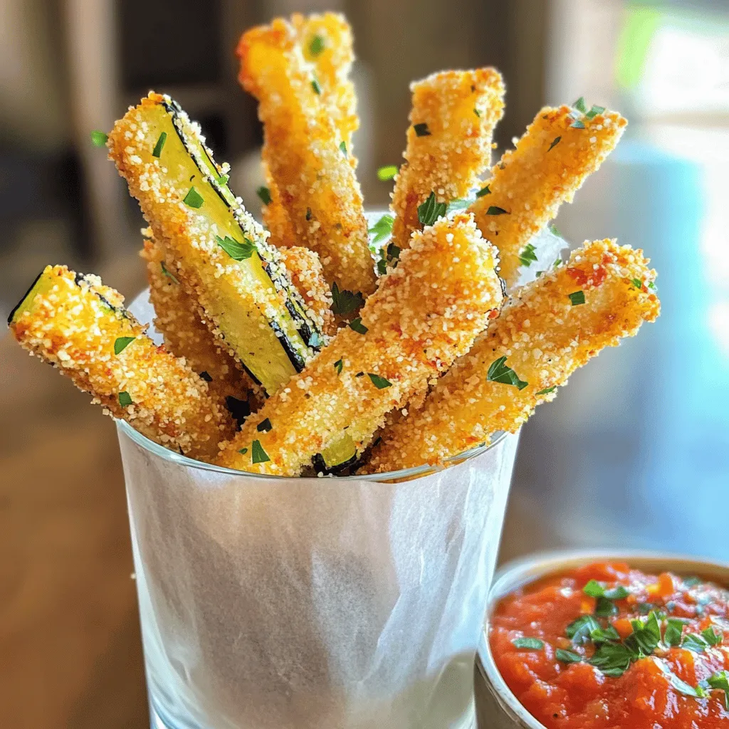 To make these tasty zucchini fries, gather these simple ingredients: - 2 medium zucchinis, cut into fries - 1 cup breadcrumbs (preferably panko for extra crunch) - ½ cup grated Parmesan cheese - 1 teaspoon garlic powder - 1 teaspoon Italian seasoning - 1 teaspoon salt - ½ teaspoon black pepper - 2 large eggs - 1 tablespoon olive oil - Optional: marinara sauce for dipping You can tweak the recipe to suit your taste or pantry. Here are some ideas: - Use regular breadcrumbs if you can't find panko. - Swap Parmesan with another cheese like Pecorino for a different flavor. - If you want to skip eggs, try using flaxseed meal mixed with water as a binder. Fresh ingredients make a big difference in taste. When you use fresh zucchinis, they add a crisp bite and keep the fries juicy. Fresh Parmesan cheese has a strong, rich flavor, unlike the pre-grated kind. Always check the dates on your spices, too. Fresh spices enhance the taste and aroma of your dish. For the best results, shop at local markets or pick your own veggies when you can. Enjoying fresh ingredients leads to a happy plate and a healthy snack. For the complete details on preparing these delicious fries, check the Full Recipe. To make crispy Parmesan zucchini fries, start by preparing your zucchinis. You need two medium zucchinis. Cut them into fry shapes, about 1/4 inch thick. This size helps them cook evenly. Next, gather your ingredients. You will need breadcrumbs, Parmesan cheese, garlic powder, Italian seasoning, salt, black pepper, eggs, and olive oil. Mix the breadcrumbs, cheese, and spices in a bowl. In another bowl, beat the eggs and olive oil together. Set your oven to 425°F (220°C). Line a baking sheet with parchment paper. This helps prevent sticking. Dip each zucchini fry into the egg mixture first. Let any extra drip off. Then, coat it in the breadcrumb mix. Press the crumbs onto the fry to stick well. Place each fry on the baking sheet, spaced apart. Bake for 20-25 minutes. Make sure to flip them halfway. This ensures they get golden and crispy on both sides. Check if your zucchini fries are done by looking for a golden brown color. They should feel crispy to the touch. If you want to be sure, you can use a fork to test one. It should feel soft inside but not mushy. Let them cool for a few minutes after baking. This helps them crisp up even more. Serve them with marinara sauce on the side for a tasty dip. For the full recipe, you can find complete details to guide you through every step. To make your zucchini fries super crispy, choose panko breadcrumbs. They add a great crunch. Before baking, ensure your zucchini fries are dry. You can pat them with a paper towel. This helps them cook better. Also, space the fries out on the baking sheet. Overcrowding can trap steam and make them soggy. You can spray a little cooking oil on top for extra crispiness. These zucchini fries taste amazing with sauces. I love serving them with marinara sauce. It adds a nice, tangy flavor. You can also try ranch dressing for a creamy touch. For a spicy kick, sriracha mayo works great. Serve the fries in a tall glass or a basket lined with parchment paper. It looks fun and inviting! You can easily change the spice levels in this recipe. If you want more heat, add cayenne pepper to the breadcrumb mix. For a mild taste, stick to the basics. You can also add fresh herbs like basil or oregano for extra flavor. Experiment to find what you love best. Enjoy making these delicious fries your own! For the full recipe, check the detailed instructions above. {{image_2}} If you need a gluten-free option, you can try almond flour or crushed cornflakes. Both work well for a nice crunch. Another good choice is finely ground oats. They toast nicely and add flavor. You can also use gluten-free panko, which gives that crispy bite we love in zucchini fries. To make your fries unique, try adding herbs and spices. You can mix in dried oregano or paprika for a smoky touch. Fresh herbs like parsley or basil can also brighten the flavor. For a kick, add red pepper flakes or cayenne pepper. Each choice will change the taste and make them more fun to eat. You can prepare zucchini fries in both an air fryer and an oven. For the air fryer, set it to 400°F (200°C). Cook for about 10-15 minutes, shaking the basket halfway through. This method gives a super crispy texture. If you prefer the oven, stick with the 425°F (220°C) setting from the Full Recipe. Both methods yield tasty results, so choose what works best for you! To store leftover zucchini fries, let them cool first. Place them in an airtight container. You can keep them in the fridge for up to three days. If you want to store them longer, freezing is a great option. To reheat your zucchini fries, preheat your oven to 400°F (200°C). Spread them on a baking sheet lined with parchment paper. Bake for about 10 minutes. This method helps them regain that crispy texture. Avoid using the microwave, as it can make them soggy. Freezing zucchini fries is easy. First, bake them as per the recipe. Once they cool, arrange them in a single layer on a baking sheet. Freeze until firm, then transfer to a freezer bag. They can last up to three months in the freezer. When you're ready to eat, bake them straight from the freezer. For the full recipe, check the complete details. To keep zucchini fries crispy, moisture control is key. First, slice the zucchinis evenly. Then, sprinkle salt on the slices and let them sit for about 15 minutes. This step draws out excess water. Afterward, pat the fries dry with paper towels. Finally, bake them at a high temperature, around 425°F (220°C), to help them crisp up. Yes, you can prepare these fries ahead of time! You can coat the zucchini in the breadcrumb mix and store them in the fridge. Just make sure to keep them in an airtight container. When you are ready to bake, allow them to sit at room temperature for about 10 minutes. This helps them cook more evenly. Crispy zucchini fries are great on their own but pair well with sauces. Consider serving them with marinara sauce for dipping. You could also try ranch dressing or garlic aioli. For a fun twist, serve them with a spicy sriracha mayo. For the complete details on making these delicious fries, check out the Full Recipe. Crispy Parmesan zucchini fries are easy and fun to make. We covered the best ingredients, prep steps, and storage tips. Remember to use fresh veggies for the best taste. Try different spices and dips to match your mood. Whether baking or air frying, these fries can fit any diet. For extra crunch, check your fries close to the end of cooking. You can find the full recipe and more helpful tips in the article. Enjoy making and sharing this tasty treat!